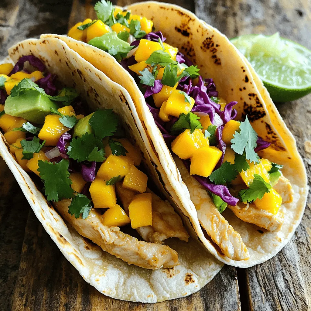 - 2 boneless, skinless chicken breasts - 1 ripe mango, diced - 1/2 cup red cabbage, finely shredded - 1/4 cup red onion, finely chopped - 1 fresh jalapeño, deseeded and minced - 2 tablespoons fresh lime juice - 2 tablespoons olive oil - 1 teaspoon chili powder - 1 teaspoon ground cumin - Salt and pepper, to taste - 8 small corn tortillas - Fresh cilantro leaves, for garnish - Avocado slices (optional) These ingredients create a simple yet tasty dish. The chicken brings protein, while the mango adds sweetness. The cabbage and onion give crunch, and the jalapeño adds heat. You will love the fresh lime juice and spices. When you shop for ingredients, look for bright colors and firm textures. Choose the mango that feels slightly soft but not mushy. A ripe mango will smell sweet near the stem. For the chicken, select breasts that are pink and moist. Avoid any that look dry or discolored. When picking cabbage and onion, choose ones without blemishes. Fresh cilantro should be bright green and fragrant. Freshness makes a big difference in flavor. Each serving of Spicy Mango Chicken Tacos offers a healthy balance of nutrients. You'll get about 350 calories, with 25 grams of protein and 15 grams of fat. It also has 30 grams of carbs and 5 grams of fiber. This dish is light yet satisfying. For more details, check the Full Recipe. To start, gather your chicken breasts. In a bowl, mix olive oil, lime juice, chili powder, cumin, salt, and pepper. Whisk them together well. This mix gives the chicken great flavor. Add the chicken to the bowl. Make sure each piece is coated with the marinade. Cover the bowl and put it in the fridge for at least 30 minutes. This step helps the chicken soak up all that tasty goodness. Once the chicken has marinated, it’s time to cook. Preheat your grill or skillet to medium heat. Take the chicken out of the marinade. Let any extra marinade drip off. Place the chicken in the hot skillet. Cook it for about 6-7 minutes on each side. You want the chicken to be cooked through and not pink in the middle. Check that it reaches 165°F (75°C) inside. After cooking, move the chicken to a cutting board. Let it rest for a few minutes, then slice it into thin strips. Now, let’s make the mango salsa! In a clean bowl, combine diced mango, shredded red cabbage, chopped red onion, and minced jalapeño. Add a pinch of salt. Gently toss everything together until it is mixed well. This salsa adds a fresh and fruity kick to your tacos. Let it sit for a while. This helps the flavors blend together nicely. For the full recipe, be sure to check out the entire guide on Spicy Mango Chicken Tacos! To grill chicken well, start with a hot grill. Preheating helps the chicken cook evenly. Use a little oil on the grill to prevent sticking. Make sure to cook the chicken for 6-7 minutes on each side. Check for a nice golden color. Always use a meat thermometer. The chicken should reach 165°F (75°C) inside. Let the chicken rest for a few minutes after grilling. This keeps it juicy and tender. Warming tortillas is easy. Use a dry skillet over medium heat. Heat each tortilla for 30 seconds on each side. Don’t let them get crispy; they should be soft. If you have a lot of tortillas, wrap them in a clean cloth. This keeps them warm and pliable until you're ready to serve. To make great mango salsa, choose a ripe mango. It should feel soft but not mushy. Combine the mango with red cabbage and red onion for color. The fresh jalapeño adds a nice kick. A pinch of salt brings out the flavors. Let the salsa sit for a few minutes before serving. This allows the tastes to blend well. For a fun twist, add some diced avocado for creaminess. With these tips, your salsa will shine on your tacos! For the full recipe, check the [Full Recipe]. {{image_4}} You can easily swap chicken for veggies. Try using grilled zucchini or mushrooms. You can also use chickpeas for protein. They add a nice texture and flavor. Tofu is another great option. Marinate it just like chicken for the best taste. This allows you to enjoy the same vibrant flavors without meat. Toppings can change the whole taco experience. Try adding diced tomatoes for freshness. Crumbled feta cheese gives a nice creamy taste. Sliced radishes add a crunchy bite. Pickled onions bring a tangy kick. You can also use a drizzle of sour cream or yogurt. Fresh lime juice brightens the flavors even more. Want more heat? Add extra jalapeños or some diced serrano peppers. For a milder taste, skip the jalapeños or remove the seeds. You can also use sweet bell peppers for flavor without heat. Experiment with different hot sauces to find your favorite. Adjusting spice is easy and makes the dish fun! For the full recipe, check out the Spicy Mango Chicken Tacos section. To keep your leftover tacos fresh, store them in an airtight container. Make sure to separate the chicken, salsa, and tortillas. This will help keep everything from getting soggy. You can store the chicken and salsa in the fridge for up to three days. The tortillas can stay fresh for about two days when stored properly. If you want to save some tacos for later, you can freeze the chicken and salsa. To freeze the chicken, let it cool completely. Then, place it in a freezer-safe bag or container. It can last for up to three months. For the salsa, make sure to leave out the onions and jalapeño before freezing. The salsa can also freeze well for up to two months. Just remember to label your bags with the date. To reheat the chicken, you can use a skillet over medium heat. Heat it for about 5-7 minutes until warm. If you prefer, you can also use the microwave. Just heat in short bursts, checking often to avoid drying it out. For the salsa, warm it gently on the stove or in the microwave for about 30 seconds. When ready to eat, warm the tortillas in a skillet for a minute on each side. This keeps them soft and tasty. Enjoy your Spicy Mango Chicken Tacos just like when they were fresh! For the complete recipe, check out the Full Recipe section. The best sides for these tacos are fresh and light. Try serving them with: - Black beans - Mexican rice - Corn salad - Grilled vegetables - A simple green salad These sides balance the taco's spice and sweetness. They add color and nutrition to your meal. Yes, you can prepare many parts of this dish ahead. Marinate the chicken a few hours earlier or even a day before. This helps the flavors develop well. You can also make the mango salsa ahead of time. Just store it in the fridge until you are ready to serve. Warm the tortillas just before serving for the best taste. To adjust servings, simply change the amount of chicken and toppings. For more servings, double the ingredients. If you need fewer servings, halve them. Use the same cooking times. Always check the chicken’s internal temperature to ensure it cooks correctly. In this article, I shared how to make Spicy Mango Chicken Tacos. I covered the key ingredients and tips for picking fresh ones. We explored cooking methods, from marinating the chicken to making mango salsa. My final thought is that these tacos are a fun and tasty meal. You can adjust the spice or add your favorite toppings. Enjoying this dish brings a burst of flavor to any table. Happy cooking!