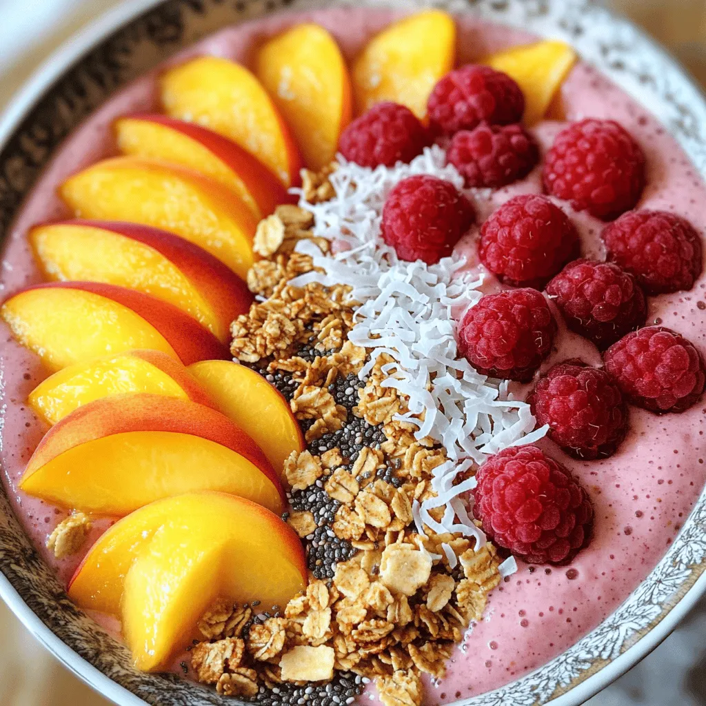 - 2 ripe peaches, pitted and sliced - 1 cup frozen raspberries - 1 medium banana, sliced - 1 cup Greek yogurt (or dairy-free substitute) - 1/2 cup almond milk (or preferred milk) - 1 tablespoon honey or maple syrup (optional) - 1/4 teaspoon pure vanilla extract - Fresh peach slices - Raspberries - Granola - Chia seeds - Shredded coconut When making a Peach Melba smoothie bowl, fresh ingredients matter. I love using ripe peaches as they add sweetness. Frozen raspberries bring a tasty tartness. A medium banana adds creaminess and natural sweetness. For a creamy base, I choose Greek yogurt. If you want dairy-free, go for a plant-based yogurt. Almond milk works well, but you can use your favorite milk. Sweeteners are optional. Honey or maple syrup can boost sweetness. A touch of vanilla extract adds depth to the flavor. Now, let’s talk toppings! Fresh peach slices and raspberries make it colorful. Granola adds crunch, while chia seeds and shredded coconut offer texture. Each topping enhances the bowl and makes it fun to eat. This Peach Melba smoothie bowl is a refreshing breakfast delight, and you can find the full recipe above. Enjoy! Start with the base ingredients in a blender. You will need ripe peaches, frozen raspberries, banana slices, Greek yogurt, almond milk, honey, and vanilla extract. Place everything in the blender. Blend on high speed until the mixture is smooth and creamy. If needed, pause to scrape down the sides of the blender. This helps mix all the ingredients well. After blending, taste the mixture. If you want it sweeter, add honey or maple syrup. Blend briefly again to mix in any sweetener. This step ensures you get the flavor just right. Once your smoothie is well blended, pour it into a bowl. Now, for the fun part! Arrange your toppings artistically. Lay down sliced fresh peaches, sprinkle fresh raspberries, and add crunchy granola. Finish with chia seeds and shredded coconut. Serve immediately for the best experience. This Peach Melba Smoothie Bowl looks beautiful and tastes even better. Enjoy! To get that perfect creamy consistency, start with ripe peaches and frozen raspberries. They blend easily and give a nice texture. If your smoothie is too thick, add more almond milk, a little at a time. For a chilled drink, toss in some ice cubes. Blend well, and check the texture. Want to boost the flavor? Try adding a pinch of cinnamon or nutmeg. These spices add warmth and depth. Always use ripe fruits; they taste better and make your smoothie sweeter. If your peaches are firm, let them sit at room temperature for a day or two. This helps them ripen nicely. This Peach Melba smoothie bowl shines as a breakfast choice. Enjoy it in the morning for a refreshing start. You can also have it for a snack or light lunch. Pair it with toast or a muffin for a complete meal. You can even serve it with some nuts for extra crunch. For the full recipe, check out the details above. {{image_4}} You can switch up the fruits in your smoothie bowl. Try using mangoes or strawberries for a twist. Seasonal fruits like berries in summer or pears in fall add freshness. Each fruit brings its own flavor. Mixing fruits keeps breakfast exciting! Textures change the experience of your smoothie bowl. You can use different yogurt types. Greek yogurt is thick and creamy, while plant-based yogurt is lighter. Adding nut butters, like almond or peanut, makes it smooth and rich. This extra creaminess is so satisfying! This recipe can fit many diets. For a vegan option, use dairy-free yogurt and plant milk. It’s easy to make it gluten-free by using gluten-free granola. If you're watching sugar, skip the honey and enjoy the natural sweetness of fruits. Enjoy this Peach Melba delight without worry! To store any leftover Peach Melba Smoothie Bowl, place it in an airtight container. This keeps it fresh and tasty. You can store it in the fridge for up to 24 hours. However, for the best flavor and texture, eat it right away. Smoothies can change in texture when stored. If you want to save the smoothie base for later, you can freeze it. Pour the mixture into ice cube trays or freezer-safe bags. This method is great for quick smoothies later. When you are ready to use it, thaw the base in the fridge overnight or use the microwave. Remember to blend it again for a creamy texture. To revive the texture after freezing, blend the smoothie again. Use a splash of milk to help it mix well. Avoid reheating it in a pot or microwave, as this can change the taste and texture. Fresh is always best for this smoothie bowl. Enjoy it cold for the most refreshing experience! Yes, you can prepare the smoothie bowl ahead. For best results, blend your ingredients and store them in an airtight container. This keeps it fresh for up to 24 hours. When you are ready to serve, just give it a quick stir. If it thickens too much, add a splash of milk to restore the creamy texture. Toppings should be added right before serving to keep them crunchy and fresh. If you want a dairy-free option, use coconut yogurt or almond yogurt. These alternatives still give you a creamy texture. Coconut yogurt adds a hint of sweetness, while almond yogurt has a mild flavor. Both options work well in the smoothie bowl. Just make sure to check for added sugars if you want a healthier choice. To boost nutrition, consider adding protein powder to the base. You can also mix in a tablespoon of nut butter, like almond or peanut. These additions increase protein and healthy fats. For extra vitamins and minerals, toss in superfoods like chia seeds or hemp seeds. They blend well and add a nice crunch. You can switch up your toppings easily. Try using different types of granola, like nut-based or puffed rice granola. For seeds, pumpkin seeds or flaxseeds can add great texture and nutrition. Fresh fruits like strawberries or blueberries can also be a fun twist. Get creative and mix your favorites for a unique bowl! For the complete recipe, check out the Full Recipe section. This blog post offers a simple and tasty way to create your smoothie bowl. We explored fresh ingredients, dairy options, and sweeteners to suit your taste. I shared step-by-step instructions to guide your prep, ensuring a smooth and creamy texture. Plus, we discussed tips for perfecting consistency and flavor. You can customize your bowl with various fruits and toppings, making it unique. Enjoy making this refreshing dish and feel free to experiment. The best part? You can prepare it ahead or store leftovers for later. Get creative and have fun with your smoothie bowl!