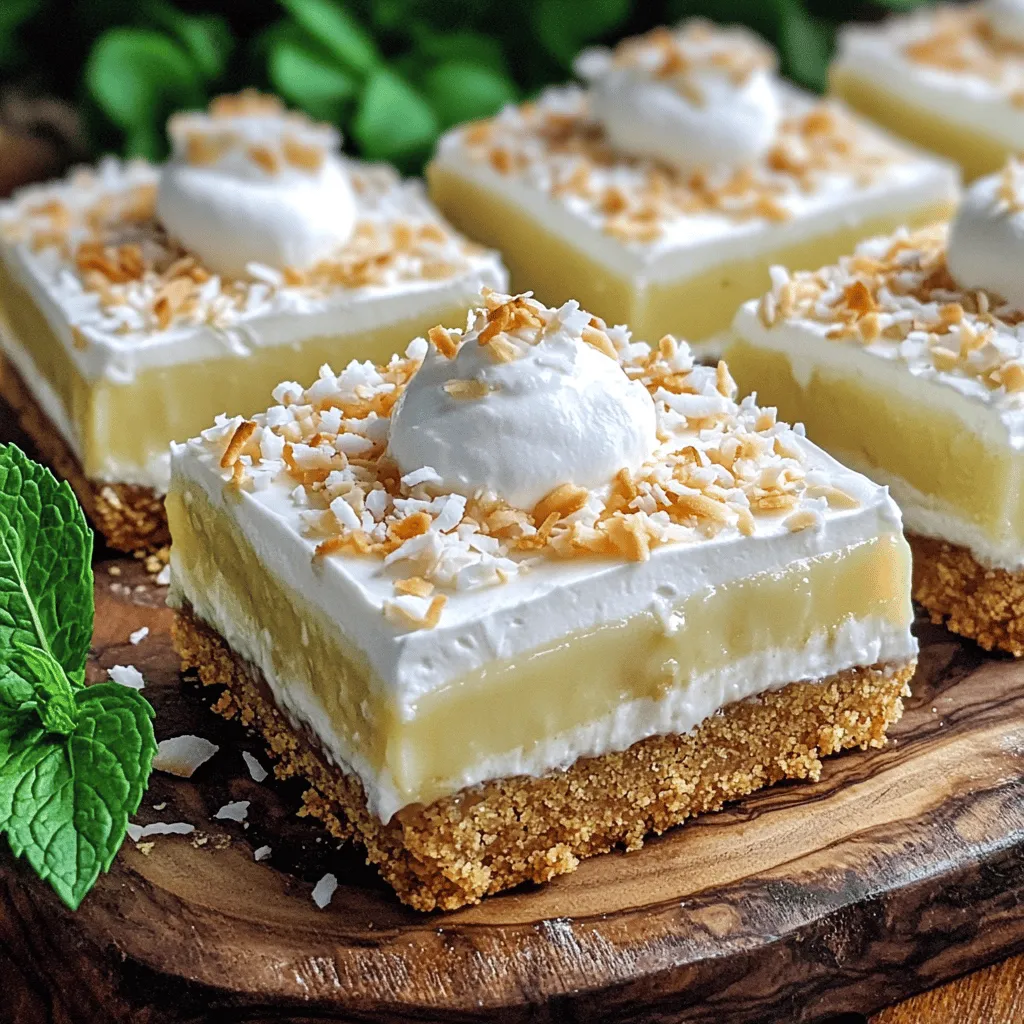 - 1 ½ cups graham cracker crumbs - ½ cup unsalted butter, melted - 1/4 cup granulated sugar - 1 (14 oz) can full-fat coconut milk - 1 cup heavy whipping cream, divided - 1/2 cup sweetened shredded coconut - 3/4 cup powdered sugar - 2 large eggs - 1 teaspoon pure vanilla extract - 1/4 cup cornstarch - 1/4 teaspoon salt - Toasted coconut flakes, for garnish For these coconut cream pie bars, the graham cracker crumbs form a sweet and crunchy base. The melted butter binds the crust together, making it rich and satisfying. Full-fat coconut milk brings great flavor and creaminess. Heavy whipping cream adds lightness to the filling. Shredded coconut gives texture and sweetness. The eggs and cornstarch help the filling set just right. To make these pie bars, you will need: - 8x8-inch baking dish - Medium mixing bowls - Medium saucepan - Whisk - Spatula - Parchment paper (optional) Using the right equipment helps ensure your bars turn out perfectly. An 8x8-inch baking dish is great for even cooking. Mixing bowls and a whisk are key for blending ingredients smoothly. A spatula helps spread the coconut filling evenly. If you need substitutions, here are some ideas: - Use gluten-free graham crackers for a gluten-free crust. - Swap unsalted butter for coconut oil for a dairy-free option. - Choose almond milk or oat milk if you prefer a lighter milk. - For a vegan option, replace eggs with flax eggs or silken tofu. These substitutions let you enjoy the dessert while meeting dietary needs. Each swap brings its own flavor, so feel free to experiment. If you want the full recipe, check it out for all the details! Start by preheating your oven to 350°F (175°C). Lightly grease an 8x8-inch baking dish. You can also line it with parchment paper. This makes it easy to remove later. In a mixing bowl, combine 1 ½ cups of graham cracker crumbs, ½ cup of melted unsalted butter, and 1/4 cup of granulated sugar. Mix until it looks like wet sand. Press this mixture firmly into the bottom of the baking dish. Bake it for 10 minutes, then let it cool slightly. In a medium saucepan over medium heat, combine 1 can of full-fat coconut milk, ½ cup of heavy cream, 1/2 cup of sweetened shredded coconut, and 3/4 cup of granulated sugar. Stir and bring this mixture to a gentle simmer. While it simmers, whisk 2 large eggs, 1/4 cup of cornstarch, 1 teaspoon of pure vanilla extract, and 1/4 teaspoon of salt in a separate bowl. This will create a smooth mixture. Gradually pour the hot coconut mixture into the egg mixture while whisking. This helps prevent the eggs from cooking too fast. Return it to the saucepan and cook until it thickens and bubbles gently. This takes about 5-7 minutes. Pour the thick coconut filling over the cooled graham cracker crust. Spread it evenly with a spatula. Let the pie bars cool to room temperature. Then, cover and refrigerate them for at least 4 hours, or until they set fully. Once set, lift the bars out using the parchment paper edges, if you used it. Cut into squares. For a tasty finish, whip ½ cup of heavy cream with powdered sugar until stiff peaks form. Top each square with a dollop of whipped cream and sprinkle with toasted coconut flakes. You can find the full recipe if you need more details! To get a great crust, use fresh graham cracker crumbs. Mix them well with melted butter and sugar. Press the mixture firmly into your baking dish. This helps it hold together when baked. Bake it for just 10 minutes to set. Let it cool slightly before adding the filling. A well-formed crust will give your bars a nice crunch. A runny filling can ruin your bars. To avoid this, make sure to whisk the eggs and cornstarch until smooth. Gradually add the hot coconut mixture to the egg mixture. This step is crucial to prevent scrambling. Cook the filling over medium heat until it thickens. Stir constantly, and watch for gentle bubbles. This means it's ready to pour over the crust. Presentation matters for any dessert. To make your coconut cream pie bars pop, top them with whipped cream. Add toasted coconut flakes for a crunchy touch. You can also sprinkle a bit of extra shredded coconut on top. For color, add fresh mint leaves around the bars. These simple touches make your dessert look stunning and inviting. {{image_4}} You can make chocolate coconut cream pie bars easily. Start with the crust, using chocolate graham crackers instead of regular ones. This change adds a rich chocolate flavor. For the filling, melt dark chocolate and mix it with the coconut filling. The chocolate will blend well with the creamy coconut, making each bite delicious. Top it with whipped cream and toasted coconut for a tasty finish. If you like some crunch, add nuts to your pie bars. Chopped pecans or walnuts work well. Mix them into the graham cracker crust for a nutty base. You can also sprinkle nuts on top of the whipped cream. This adds texture and a nice contrast to the creamy filling. Nuts also bring healthy fats, making your dessert a bit more wholesome. For a vegan version, swap out a few ingredients. Use plant-based butter instead of regular butter. Replace heavy cream with coconut cream or a non-dairy alternative. For eggs, use flaxseed or chia seed eggs. Just mix one tablespoon of seeds with three tablespoons of water. Let it sit until it thickens. This gives your bars a similar texture without animal products. Enjoy a creamy, rich dessert that everyone can love. For the full recipe, check out the detailed instructions above! To keep your coconut cream pie bars fresh, store them in an airtight container. This helps prevent them from drying out. You can place a layer of plastic wrap on top before sealing the container. If you want to enjoy them later, refrigerate them. This method keeps the bars cool and tasty. You can freeze the coconut cream pie bars for later enjoyment. Cut them into squares and wrap each square in plastic wrap. Then, place them in a freezer-safe bag or container. When you are ready to eat one, take it out and let it thaw in the fridge overnight. This keeps the texture nice and smooth. These bars will stay fresh in the fridge for up to five days. If you freeze them, they can last for about three months. However, for the best taste, try to eat them within a month. Enjoy the flavor while it's at its best! For the full recipe, check out the detailed cooking instructions. Yes, you can use other types of milk. Almond milk or oat milk work well. These options will change the flavor and texture a bit. Coconut milk gives the best creaminess. If you choose a non-dairy milk, look for unsweetened types. This way, you can control the sweetness of your bars. To cut these bars well, use a sharp knife. First, let them chill in the fridge for at least four hours. This helps them set better. For clean cuts, dip the knife in hot water. Wipe it dry between cuts. This method gives you nice, smooth edges. You will know the filling is set when it feels firm to the touch. After cooking, let it cool in the fridge for at least four hours. The filling should not jiggle when you shake the dish. If it feels solid, it's ready to cut. It's all about patience, but the wait is worth it! For more details, check out the Full Recipe. This blog covered all you need to make delicious coconut cream pie bars. We explored key ingredients, the necessary tools, and options for different diets. Each step, from making the crust to adding the filling, is easy to follow. Plus, I shared useful tips for texture and toppings. In the end, you can enjoy this treat your way. Whether you stick to the classic recipe or try new variations, these bars will impress. Happy baking and enjoy every bite!