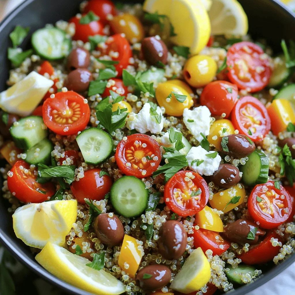 To make a Mediterranean quinoa salad, you need fresh and tasty ingredients. Here is a list of essential ingredients: - 1 cup quinoa (uncooked) - 2 cups vegetable broth (or water) - 1 cup cherry tomatoes, halved - 1 cucumber, diced - 1 bell pepper (red or yellow), diced - 1/2 red onion, finely chopped - 1 cup kalamata olives, pitted and halved - 1/2 cup feta cheese, crumbled (omit for a vegan option) - 1/4 cup fresh parsley, chopped - 1/4 cup fresh mint, chopped - 3 tablespoons lemon juice - 3 tablespoons extra virgin olive oil - Salt and freshly ground black pepper, to taste These ingredients combine to create a colorful and nutritious dish. I love using fresh vegetables because they add crunch and flavor. Quinoa is a great base; it’s high in protein and gluten-free. You can also adjust the ingredients to suit your taste. For example, adding more herbs can brighten the flavor. If you want to try this recipe, you can find the full recipe here. Enjoy making your Mediterranean quinoa salad! Start by rinsing quinoa under cold water. This step is key to removing any bitterness. Use a fine mesh strainer for best results. Next, in a medium pot, combine the rinsed quinoa and vegetable broth. Bring this mixture to a rolling boil. After it boils, reduce the heat to low. Cover the pot and let it simmer for about 15 to 20 minutes. You'll know it's done when all the liquid is absorbed. Fluff the quinoa with a fork and set it aside to cool completely. While the quinoa cools, chop and dice your vegetables. Slice the cherry tomatoes in half. Dice the cucumber and bell pepper into small pieces. Finely chop the red onion. Once done, transfer all the chopped vegetables to a large mixing bowl. This bowl will be the base for your salad. In the bowl with your vegetables, add the halved kalamata olives. If you like feta cheese, crumble some and add it too. Toss in the fresh parsley and mint. Gently mix these ingredients to blend their flavors. Next, in a small bowl, combine the lemon juice and extra virgin olive oil. Season this mix with salt and freshly ground black pepper. Whisk until the dressing is smooth. Now, add the cooled quinoa to the large bowl with vegetables and herbs. Drizzle the dressing over everything. Using a large spoon or spatula, gently toss the salad. Make sure all ingredients are well combined and coated with the dressing. Taste your salad and adjust any seasonings if needed. Allow it to sit for at least 15 minutes before serving. This time helps the flavors meld nicely together. For a full recipe, refer to the earlier section. To make perfect quinoa, start by rinsing it. This removes any bitterness. Use a fine mesh strainer and run cold water over it. After rinsing, cook the quinoa in vegetable broth. This adds flavor. When the quinoa is done, fluff it with a fork. This step keeps it light and airy. Avoid using a spoon, as it can make the quinoa mushy. Let the quinoa cool before mixing it with the other ingredients. This helps the flavors blend well. If you add warm quinoa, it can soften the veggies. To boost the flavor of your salad, consider adding spices. Cumin or smoked paprika can add depth. You can also include fresh herbs like basil or dill for a twist. Balancing the dressing is key. Use equal parts lemon juice and olive oil. Taste it as you mix. If it’s too tangy, add more oil. If it’s flat, a bit more lemon can brighten it up. Serving your salad in a large bowl looks great. You can also divide it into individual plates for a fancy touch. For garnish, use fresh parsley or mint leaves. A few lemon wedges on the side add color and freshness. They also invite guests to add more zest to their plates. These small touches can elevate the look of your Mediterranean quinoa salad. {{image_4}} You can easily change some ingredients to suit your taste or diet. For a vegan option, skip the feta cheese. This keeps the dish light and plant-based. You can also try different grains like couscous or farro. They offer unique flavors and textures. Both grains cook quickly and pair well with the salad’s fresh veggies. Let the seasons guide your choice of vegetables. In summer, add juicy cucumbers and ripe tomatoes. In fall, roasted squash or Brussels sprouts can enhance the dish. You can also use greens like spinach or kale in winter. Adjusting the recipe with seasonal veggies keeps it fresh and exciting. This salad is naturally gluten-free since quinoa is a gluten-free grain. For those looking to cut carbs, use cauliflower rice instead of quinoa. It’s low in carbs and still delicious. If you want more protein, add chickpeas or grilled chicken. This boosts the nutritional value without losing flavor. For the full recipe, check the main article. To keep your Mediterranean quinoa salad fresh, store it in an airtight container. This will help prevent it from drying out. You can enjoy the leftovers for about 3 to 5 days in the refrigerator. When you’re ready to eat, just give it a gentle toss. If you want to warm it up, microwave in short bursts, stirring in between. This helps keep the texture nice and fluffy without overcooking the ingredients. If you want to freeze the salad, it’s best to do so without the dressing. Freezing can change the texture of fresh veggies. To freeze, pack the salad tightly in a freezer-safe container. It can last up to 2 months in the freezer. When you want to eat it, move it to the fridge to thaw overnight. After defrosting, add fresh herbs and a drizzle of dressing for a taste boost. Making this salad ahead of time has its perks. It allows the flavors to blend well, creating a more tasty dish. I suggest making it at least 1 hour before serving. This gives the salad time to rest. If you want the freshest taste, add the cucumbers and tomatoes right before serving. This keeps them crisp and bright. The Mediterranean quinoa salad is great for gatherings and meal prep, making it a win-win! Mediterranean Quinoa Salad is both healthy and tasty. Here’s a quick look at its nutrition: - Calories: About 250 per serving - Protein: Around 8 grams - Fat: About 10 grams - Carbohydrates: Roughly 35 grams This salad is rich in protein and fiber. It helps keep you full longer. The healthy fats come from olive oil and feta cheese. This makes it a great choice for a meal or side dish. Yes! You can prepare this salad ahead of time. Here are some best practices: - Make the salad up to a day in advance. - Store it in an airtight container in the fridge. - Wait to add the dressing until just before serving. This keeps the salad fresh and crisp. If you do add the dressing early, the salad might get soggy. You can enhance your salad in many ways. Here are some tasty suggestions: - Add grilled chicken or shrimp for more protein. - Use avocado for creaminess. - Sprinkle in some nuts for crunch. - Try different cheeses like goat cheese or mozzarella. These toppings add flavor and make the salad even more filling. Mix and match to find your favorite combination. Absolutely! This salad is perfect for meal prep. Here are some tips: - Cook a big batch of quinoa at the start of the week. - Prepare your veggies and store them separately. - Combine everything in a container before eating. This way, you can enjoy fresh and healthy meals throughout the week. This Mediterranean Quinoa Salad is simple to make and full of flavor. You learned the key ingredients and step-by-step instructions to prepare it. I shared tips for perfect texture, flavor boosts, and presenting your dish beautifully. You can adapt this recipe for dietary needs and seasonal changes. Remember to store leftovers correctly to keep them fresh. Enjoy your cooking, and let this salad bring joy to your meals!
