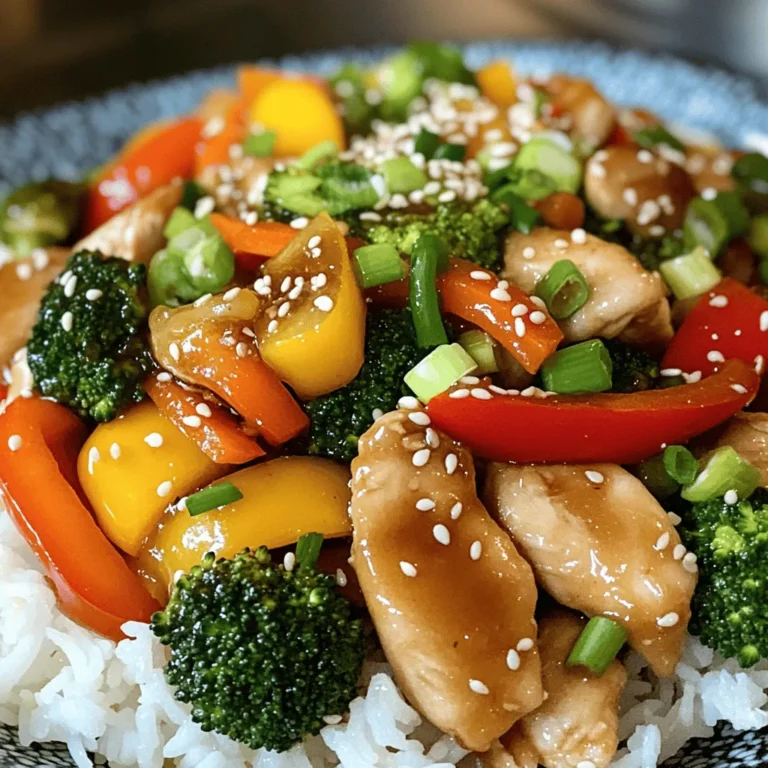 To make Honey Garlic Chicken Stir-Fry, gather these items: - 1 lb (450 g) boneless chicken breast, thinly sliced - 2 tablespoons honey, preferably raw - 3 tablespoons low-sodium soy sauce - 1 tablespoon rice vinegar - 2 cloves fresh garlic, minced - 1-inch piece of ginger, grated - 1 medium bell pepper, sliced - 1 cup fresh broccoli florets - 1 medium carrot, peeled and julienned - 1 tablespoon cornstarch (optional) - 2 tablespoons vegetable oil - Salt and pepper to taste - 2 green onions, sliced (for garnish) - Sesame seeds, toasted (for garnish) You can swap ingredients if needed. Here are some ideas: - Use chicken thighs instead of chicken breast for more flavor. - Maple syrup works well in place of honey for a vegan option. - Use apple cider vinegar instead of rice vinegar for a different taste. - Try any veggies you have on hand, like snap peas or zucchini. - Coconut aminos can replace soy sauce for a gluten-free choice. - Canola oil is a good substitute for vegetable oil. Select fresh and high-quality ingredients for the best taste. Here’s what I recommend: - Choose organic chicken for better flavor and health benefits. - Opt for raw honey as it has more nutrients and taste. - Use fresh garlic and ginger for maximum flavor impact. - Pick vibrant, crisp vegetables for better texture and appearance. - Look for low-sodium soy sauce to control salt intake. Using these tips will help create a tasty Honey Garlic Chicken Stir-Fry. If you're curious about the full recipe, make sure to check the Full Recipe section! To start, gather all your ingredients. This makes the cooking process easier and fun. Here’s what you need: - 1 lb boneless chicken breast, thinly sliced - 2 tablespoons honey - 3 tablespoons low-sodium soy sauce - 1 tablespoon rice vinegar - 2 cloves garlic, minced - 1-inch piece of ginger, grated - 1 medium bell pepper, sliced - 1 cup fresh broccoli florets - 1 medium carrot, julienned - 1 tablespoon cornstarch (optional) - 2 tablespoons vegetable oil - Salt and pepper to taste - 2 green onions, sliced (for garnish) - Toasted sesame seeds (for garnish) Next, mix the honey, soy sauce, rice vinegar, minced garlic, and grated ginger in a bowl. Stir well until the honey dissolves. If you want a thicker sauce, mix cornstarch with water in a separate bowl and set it aside. Now, heat 1 tablespoon of oil in a large skillet over medium-high heat. Add the sliced chicken and season with salt and pepper. Cook for 5-7 minutes until the chicken is no longer pink. Remove the chicken and set it aside on a plate. In the same skillet, add the other tablespoon of oil. Toss in the sliced bell pepper, broccoli, and julienned carrot. Stir-fry for about 3-4 minutes. You want them bright and slightly tender. Return the chicken to the skillet. Pour the honey garlic sauce over everything and mix well. If you used cornstarch, add that now too. Cook for another 2-3 minutes until the sauce thickens and shines. Make sure everything is hot. Taste and adjust seasoning if needed. - Prep Ahead: Chop all your veggies and chicken before cooking. This saves time. - High Heat: Use high heat to get a nice sear on the chicken and veggies. - Fresh Ingredients: Always use fresh garlic and ginger for the best flavor. - Serving: Serve this stir-fry over fluffy jasmine rice or noodles. Add sliced green onions and sesame seeds on top for flair. Follow these steps for a simple and tasty meal. For the full recipe, check the details above. Enjoy your cooking! To make your chicken tender, choose boneless chicken breast. Thinly slice it into bite-sized pieces. This helps it cook quickly and evenly. Stir-fry over medium-high heat to lock in moisture. Don't overcrowd the pan; cook in batches if needed. This ensures even cooking and a nice sear. To boost flavor, use raw honey instead of regular honey. Raw honey has a richer taste. Adding ginger gives a fresh kick, while garlic adds depth. Use low-sodium soy sauce for a healthier option. A splash of rice vinegar adds tang. Don’t forget to taste and adjust as you go. A sprinkle of sesame seeds at the end adds crunch and visual charm. One common mistake is overcooking the chicken. Keep an eye on it; cook until just done. Another mistake is not preparing the sauce ahead. Mixing the sauce first saves time. Lastly, don’t skip the veggies. They add color and nutrients to your dish. Follow these tips for a great Honey Garlic Chicken Stir-Fry! For the full recipe, check out the guide above. {{image_4}} You can switch the chicken for other proteins. Try shrimp, beef, or tofu. Each option brings its own taste. Shrimp cooks fast and adds a nice flavor. Beef gives a hearty feel, while tofu is great for vegans. Use the same cooking steps but adjust the time based on what you choose. Feel free to change the veggies in this stir-fry. You can use snap peas, green beans, or zucchini. Each adds a unique crunch and color. If you want, add mushrooms for a rich taste. Just make sure to cut them into small pieces for even cooking. You can tweak the sauce to match your taste. For a spicy kick, add red pepper flakes. If you like it sweeter, add more honey. For a tangy flavor, try lime juice instead of rice vinegar. These small changes can make a big difference in flavor. Follow the Full Recipe for the best results while experimenting! To store your Honey Garlic Chicken Stir-Fry, let it cool first. Then, place it in an airtight container. You can keep it in the fridge for up to three days. Make sure to separate any rice or noodles to keep them fresh. When you’re ready to enjoy your leftovers, heat them on the stove. Use medium heat to warm the stir-fry evenly. Stir it often to prevent sticking. You can also microwave it in a microwave-safe bowl. Heat for 1-2 minutes, stirring halfway through. If you want to freeze your stir-fry, let it cool completely. Store it in a freezer-safe container or bag. It will last up to three months in the freezer. When you're ready to eat, thaw it overnight in the fridge. Then reheat it as mentioned above. Enjoy your tasty meal again! For the full recipe, check out the entire guide! To keep the chicken moist, use boneless chicken breast and cut it thin. This helps it cook quickly and evenly. Do not overcook the chicken, as it can dry out. Stir-frying over medium-high heat also locks in moisture. Yes, you can use a different sauce. Try teriyaki or hoisin for a new taste. You can also make a spicy sauce by adding chili paste. Just keep the basic flavors balanced to ensure it tastes great. Leftovers will last about three to four days in the fridge. Store them in an airtight container. Be sure to cool the stir-fry before placing it in the fridge to keep it fresh longer. To make this dish gluten-free, use tamari instead of soy sauce. Tamari is a great substitute and maintains the same flavor. Always check labels to confirm that all ingredients are gluten-free. To make the stir-fry healthier, use more vegetables like spinach or snap peas. You can also reduce the honey for less sugar. Use lean chicken or swap in tofu for a plant-based option. The key is to balance flavors while keeping it nutritious. For a full recipe, check out the Honey Garlic Chicken Stir-Fry. To sum up, we explored the key ingredients and their substitutes for your dish. We walked through each preparation step and shared tips for cooking chicken perfectly. You learned techniques to enhance flavor and avoid common mistakes. We also discussed variations and how to store leftovers properly. Remember, using quality ingredients and following these tips will give you the best results. Enjoy experimenting with your cooking and make each dish your own!