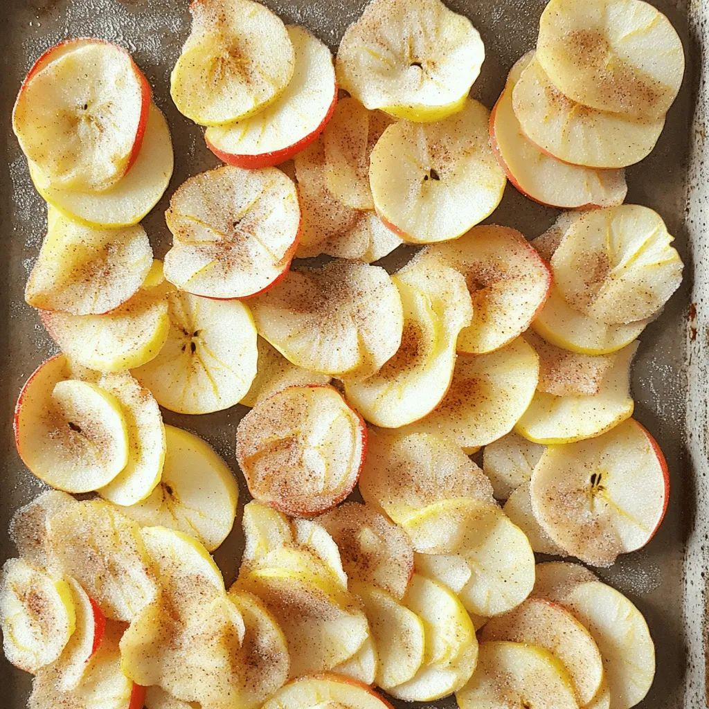 - 3 medium-sized apples (recommendations: honeycrisp or Fuji) - 2 tablespoons granulated sugar - 1 teaspoon ground cinnamon - 1 tablespoon fresh lemon juice - Optional: pinch of sea salt The star of this recipe is the apple. I love using honeycrisp or Fuji apples. They are sweet and crisp, which makes them perfect for chips. You can use any apple you like, but these two really shine. Next, we need sugar and cinnamon. The sugar adds sweetness, while cinnamon gives that warm, cozy flavor. A pinch of sea salt is optional, but it really brings out the sweetness. Don’t forget the lemon juice! It helps keep the apples fresh and bright. It also adds a nice tang to the chips. - Mandoline slicer or sharp knife - Baking sheet - Parchment paper For this recipe, using a mandoline slicer is best. It helps you cut the apples evenly. If you don’t have one, a sharp knife works too, but be careful! You’ll also need a baking sheet. Lining it with parchment paper keeps the chips from sticking. This makes clean-up easy and allows the chips to cook evenly. Using these tools will help you make the best cinnamon sugar apple chips. Check the Full Recipe for more details! - Preheat your oven to 225°F (110°C). - Rinse the apples under cool water and dry them well. To slice apples evenly, use a mandoline slicer or a sharp knife. Aim for thin rounds, about 1/8-inch thick. Consistent thickness is vital. It helps the chips bake evenly, ensuring some do not burn while others remain soft. In a medium bowl, mix 2 tablespoons of granulated sugar with 1 teaspoon of ground cinnamon. If you want, add a pinch of sea salt to enhance the sweet flavor. Once mixed, add the apple slices. Drizzle 1 tablespoon of fresh lemon juice over the slices. Toss gently to coat each piece in the cinnamon sugar mixture. Layer the apple slices in a single row on a baking sheet lined with parchment paper. Avoid overlapping the slices. This step ensures even cooking and maximum crispiness. Place the baking sheet in the preheated oven. Bake for about 1.5 to 2 hours. Halfway through, flip the apple slices for even crispness. Keep an eye on them; they should turn golden and crunchy. Once baked, allow the chips to cool completely on the sheet. They will get crisper as they cool. For the full recipe, check the detailed instructions above. To make the best cinnamon sugar apple chips, the way you lay them out matters. Don't overlap the apple slices on the baking sheet. If they touch, they won’t get crispy. Each slice needs space to bake evenly. Different apple types bake differently. For instance, honeycrisp apples tend to get crispier than softer varieties. Adjust your baking time if you choose apples like Gala or McIntosh. They may need less time in the oven. Adding a pinch of sea salt can make a big difference. It enhances the sweetness of the cinnamon and sugar. This small touch takes your snack to the next level. Feel free to play with other spices too. Nutmeg brings a warm note that pairs nicely with apples. Allspice can add a hint of complexity. Experiment with these spices to find your perfect blend. For the full recipe, check out the section above. {{image_4}} You can change the taste of your apple chips by using different sweeteners. Instead of granulated sugar, try brown sugar. It gives a richer flavor. Maple syrup is another great option. It adds a nice, warm sweetness. Just remember, if you use a liquid sweetener like maple syrup, reduce the amount of lemon juice slightly. The type of apple you use makes a big difference. Honeycrisp apples are sweet and crunchy. They hold their shape well when baked. Fuji apples are also sweet and juicy. They work perfectly for this recipe. If you want a tart flavor, use Granny Smith apples. Their sharp taste adds a nice contrast to the sweet cinnamon. Don't be afraid to get creative with spices! While cinnamon is classic, you can try pumpkin spice for a fall twist. It pairs well with apple. A dash of vanilla can also enhance the flavor. Just sprinkle a little into your cinnamon sugar mix. Your apple chips will taste even better with these simple changes. To keep your apple chips fresh, use airtight containers. They help seal in the crunch. You can also use resealable bags if you don't have containers. Make sure to squeeze out as much air as possible before sealing. This step helps keep moisture out. For maximum crispiness, store your chips in a cool, dry place. Avoid leaving them in warm spots, like near the stove. Check the container regularly. If you feel any moisture, dry the chips in the oven for a bit. This will help them stay crunchy. Cinnamon sugar apple chips can last up to two weeks when stored correctly. After that, they may lose their crispness. If your chips become stale, don’t worry. You can crush them and use them as a topping for yogurt or oatmeal. They also make a fun addition to granola. Just mix the crushed chips with your favorite grains and nuts for a tasty snack. Cinnamon sugar apple chips can last about one to two weeks. Store them in an airtight container at room temperature. This keeps them fresh and crunchy. If you notice any moisture, they may become soft. Always check for any signs of spoilage before enjoying them. Yes, you can use a dehydrator to make apple chips. Here’s how: 1. Slice the apples as you would for the oven method. 2. Mix the cinnamon and sugar. 3. Toss the apple slices in lemon juice, then coat them with the cinnamon sugar mix. 4. Lay the slices on the dehydrator trays in a single layer. 5. Set the dehydrator to 135°F (57°C) and dry for about 6 to 8 hours. 6. Check for crispness and store them once cooled. Yes, you can find pre-packaged cinnamon sugar apple chips. Brands like Bare Snacks and Apple Crisps offer tasty options. Look for them in grocery stores or online. Check the ingredient list for added sugars or preservatives. Absolutely! You can make chips from other fruits like pears and bananas. For pears, follow the same method as apples. For bananas, slice them thin and coat with lemon juice to prevent browning. Feel free to experiment with flavors and spices to find your favorite! Making cinnamon sugar apple chips is fun and easy. You learned about key ingredients like apples, sugar, and cinnamon, plus the right equipment. I shared step-by-step instructions from prep to baking, ensuring you get crispy chips every time. You also discovered tips to customize your flavors and storage methods for freshness. Try these apple chips as a snack or topping. Each bite offers a mix of sweet and spicy goodness. Enjoy experimenting with different ingredients to create your perfect chip!