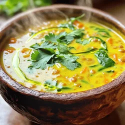- 1 cup red lentils, rinsed and drained - 1 can (13.5 oz) creamy coconut milk - 1 medium yellow onion, diced - 2 cloves garlic, finely minced - 1 tablespoon fresh ginger, finely grated - 2 tablespoons curry powder - 1 teaspoon ground turmeric - 4 cups vegetable broth - 1 cup diced tomatoes (fresh or canned) - 1 medium carrot, peeled and diced - 1 medium bell pepper (any color), diced - 2 cups fresh spinach or kale, roughly chopped - 2 tablespoons extra virgin olive oil - Salt and freshly ground black pepper, to taste - Fresh cilantro, chopped, for garnish (optional) These ingredients create a rich and hearty soup. The red lentils are the star. They cook quickly and add protein. Coconut milk gives the soup a creamy texture and sweet flavor. Onions, garlic, and ginger provide a wonderful base. The spices, curry powder and turmeric, bring warmth and depth. Fresh veggies like carrots and bell peppers add color and crunch. You can add greens, like spinach or kale, for nutrition. Olive oil adds healthy fat and flavor. Finally, season with salt and pepper to taste for balance. Each serving of this soup offers: - Calories: 350 - Protein: 15g - Fat: 10g - Carbohydrates: 50g This soup is not just tasty; it's also good for you. With lentils and vegetables, you get plenty of nutrients in each bowl. - For coconut milk, use almond or oat milk for a lighter soup. - You can swap red lentils for green or brown lentils, but cooking times may vary. - If you want a different flavor, try vegetable stock instead of broth. Feel free to mix and match these ingredients to suit your taste and needs. You can find the full recipe for Coconut Curry Lentil Soup [Full Recipe]. To start, gather your cooking tools. You will need: - A large pot or Dutch oven - A cutting board - A sharp knife - Measuring cups and spoons - A wooden spoon for stirring Next, prepare your workspace. Clear the counter and wash your hands. Chop all your vegetables first. This will make cooking smooth and fun. First, let's sauté the aromatics. Heat your olive oil in the large pot over medium heat. Add the diced onion. Sauté it for about 4-5 minutes until it turns soft and fragrant. Then, introduce the minced garlic and grated ginger. Cook for another 1-2 minutes. This brings out their lovely flavors. Now, it’s time to add spices and vegetables. Sprinkle in the curry powder and turmeric. Stir well to coat the onions. Let these cook for about a minute. Next, add the diced carrot and bell pepper. Stir everything together and cook for 3-4 minutes. The veggies should start to soften. Now we incorporate lentils, tomatoes, and liquids. Pour in the rinsed lentils, diced tomatoes, creamy coconut milk, and vegetable broth. Increase the heat to bring this mixture to a boil. Once it boils, lower the heat to let it simmer uncovered for 20-25 minutes. The lentils will soften, and the soup will thicken. For the final cooking steps, stir in the leafy greens. Add your chopped spinach or kale, letting it simmer for an extra 5 minutes. This will allow the greens to wilt and mix into the soup. Taste your soup now. Season with salt and black pepper to your liking. This is key to enhancing the flavors. Ladle the hot soup into bowls. You can garnish with fresh cilantro if you want a bit of color. For the full recipe, check out the details above. Enjoy your Coconut Curry Lentil Soup! To make Coconut Curry Lentil Soup even better, focus on spices and herbs. Add a pinch of cumin for warmth. A dash of chili powder brings a nice kick. Fresh herbs, like cilantro or basil, can brighten the soup. Cooking techniques matter too. Sauté your onions, garlic, and ginger until they are fragrant. This step builds a strong flavor base. For a creamy texture, ensure the coconut milk is well mixed. Let it simmer gently to blend all the tastes. One common mistake is overcooking lentils. You want them soft, but not mushy. They should hold their shape. Also, avoid seasoning too late. Taste as you cook and adjust early. Balancing flavors is key. A bit of salt can enhance sweetness while acidity brightens the dish. For a hearty meal, serve this soup with crusty bread or steamed rice. The bread soaks up flavors, while rice adds a nice base. Presentation is important, too. Use deep bowls and top the soup with fresh cilantro. This makes it look inviting and fresh. {{image_4}} You can easily adapt this soup to fit your needs. For a vegan option, this recipe is already plant-based. It uses coconut milk and lentils, which means it's great for everyone. If you need gluten-free, you can enjoy this soup without worry. Just check your broth for any hidden gluten. If you want lower sodium, use low-sodium vegetable broth. This choice helps keep the soup healthy and flavorful. You can also reduce the amount of salt you add. Taste as you go to find your perfect balance. Feel free to get creative with your veggies. Instead of carrots and bell peppers, try zucchini or sweet potatoes. These swaps can change the flavor and texture of the soup. You can also add or replace spices. If you like heat, add more curry powder or some chili flakes. For a milder taste, skip the extra spice. You can change the soup based on what’s in season. In fall or winter, root vegetables work well. Think about adding parsnips or butternut squash. For spring and summer, fresh greens and lighter veggies shine. You might want to use asparagus or peas. This flexibility makes the soup perfect for any time of year. You can even adjust it for special events or holidays. Each season brings new tastes to explore. For the full recipe, you can check out the details above. To keep your Coconut Curry Lentil Soup fresh, store it in an airtight container. Let it cool before sealing. You can place it in the fridge for up to five days. If you want to save it for longer, freeze it. Use freezer-safe containers for best results. Make sure to leave some space at the top, as soup expands when frozen. When you want to enjoy your soup again, you can reheat it easily. The microwave is quick. Just cover the bowl and heat for two to three minutes. Stir halfway through. If you prefer the stovetop, pour the soup into a pot. Heat it over medium-low heat for about five to seven minutes. Stir often to prevent sticking. In the fridge, Coconut Curry Lentil Soup lasts about five days. In the freezer, it can stay good for about three months. Just remember to label your container with the date, so you know when you made it. Enjoying this soup later can be just as tasty as the first time! You can make your soup thicker by using a few methods. - Blend some of the soup: Take out a cup and blend it until smooth. Then stir it back into the pot. - Add more lentils: You can add an extra half cup of lentils. They will soak up the liquid and make it thicker. - Use a starch: Mix a tablespoon of cornstarch with water. Stir it into the soup to thicken it. - Cook longer: Let the soup simmer for a longer time. This will help the lentils break down and create a thicker texture. These tips will help you enjoy a rich and creamy soup. Yes, you can use other lentils, but they will change the texture and cooking time. - Green lentils: They hold their shape better. Cook them for about 30-40 minutes. - Brown lentils: These are similar to green lentils but cook faster, taking about 20-30 minutes. - Black lentils: They add a unique flavor but take longer to cook, around 30-35 minutes. Remember to rinse and drain any lentils you use, just like the red lentils in the full recipe. Coconut Curry Lentil Soup pairs well with many sides. Here are some great options: - Crusty bread: A slice of fresh bread is perfect for dipping. - Rice: Serve the soup over a bed of rice for a heartier meal. - Salad: A light salad with greens adds freshness. - Naan: This Indian bread is great for scooping up the soup. These sides will make your meal complete and satisfying. You can easily change the spice level to suit your taste. Here are some tips: - For a milder soup: Use less curry powder and turmeric. Start with one tablespoon each, then taste. - To add heat: Stir in red pepper flakes or fresh chili peppers. Start with a little, then add more to taste. - Adjust at the end: Always taste the soup before serving. You can add more spices then for a final touch. These steps let you customize the soup to your liking. Enjoy your cooking adventure! In this post, we explored a delicious coconut curry lentil soup. We covered ingredients, preparation steps, and tips for flavor. Remember to savor the aromatics and spices for a tasty dish. Don't forget the options for making it suit your dietary needs. As you try this recipe, leave room for creativity and adjustments. Happy cooking! Enjoy your warm bowl of soup, and share your favorite twists.