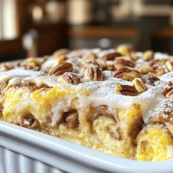 - 2 cans refrigerated cinnamon rolls (icing included) - 4 large eggs - 1 cup whole milk - 1 teaspoon pure vanilla extract - 1/2 cup packed brown sugar - 1 teaspoon ground cinnamon - 1/2 cup chopped pecans or walnuts - Powdered sugar for dusting Gather these ingredients to make your Cinnamon Roll Casserole. Using refrigerated cinnamon rolls makes this recipe quick and easy. I love how the dough becomes soft and fluffy as it bakes. The eggs and milk create a creamy custard. This mixture soaks into the cinnamon roll pieces. It makes each bite rich and satisfying. Adding vanilla gives a warm, sweet flavor that enhances the dish. You can add brown sugar and ground cinnamon to boost the sweetness. The nuts add crunch and a nice texture. If you want to impress guests, dust the top with powdered sugar. It makes the dish look fancy and inviting. For the full recipe, check out the detailed steps. Enjoy baking this delicious treat! - Preheat oven to 350°F (175°C). - Grease a 9x13 inch baking dish. Start by turning on your oven. This helps the casserole bake evenly. While it heats, grab some butter or cooking spray. Coat your baking dish to make sure the casserole comes out easily later. - Cut cinnamon rolls into quarters. - Distribute pieces in the baking dish. Open the cans of cinnamon rolls carefully. Each roll needs to be cut into quarters. This helps them soak up the custard better. Place the pieces evenly in your baking dish. Spread them out so each piece gets that yummy flavor. - Whisk together eggs, milk, vanilla, cinnamon, and brown sugar. - Pour custard over cinnamon roll pieces. In a big bowl, add the eggs, milk, vanilla, ground cinnamon, and brown sugar. Use a whisk to mix these ingredients until smooth. This custard will soak into the cinnamon rolls. Once mixed, slowly pour the custard over the cinnamon roll pieces. Press down gently with a spatula to coat each piece well. - Sprinkle optional nuts if desired. - Bake for 25-30 minutes until golden brown. If you want some crunch, sprinkle chopped pecans or walnuts on top. Now, place the baking dish in the hot oven. Bake for 25 to 30 minutes. Look for a golden brown color on the edges. The casserole will puff up nicely. Once done, take it out and let it cool for a few minutes. Drizzle the icing from the cinnamon roll cans over the top for a sweet finish. Enjoy! - Use fresh cinnamon rolls for the best flavor. They add great taste and texture. - Allow proper soaking for even texture. This helps every piece absorb the custard. - Drizzle with icing and dust with powdered sugar for a sweet finish. - Serve with fresh fruit or whipped cream. This adds a nice touch and balance. - Not greasing the baking dish properly can cause sticking. Always use butter or spray. - Overbaking can lead to dryness. Keep an eye on the casserole as it bakes. {{image_4}} You can make your cinnamon roll casserole even more fun with some extras. Here are a few ideas: - Add chocolate chips for a sweeter touch: Sprinkle some chocolate chips on top before baking. They melt and mix in, giving a rich, sweet flavor. - Include fresh apples or bananas for a fruity twist: Chop up some apples or bananas and mix them in. This adds a great fruitiness that balances the sweetness. Want to change things up for your diet? Here are some swaps to consider: - Use almond milk for a dairy-free option: If you need a dairy-free dish, almond milk works great. It keeps the casserole creamy without using cow's milk. - Swap eggs with flaxseed meal for a vegan version: For a vegan casserole, mix 1 tablespoon of flaxseed meal with 2.5 tablespoons of water. Let it sit for a few minutes to thicken before adding it to your mix. You can also make this dish festive for the holidays. Try these ideas: - Consider pumpkin spice for fall-themed casseroles: Add a teaspoon of pumpkin spice to your mix. It gives a warm and cozy flavor perfect for fall. - Use peppermint extract for a festive holiday flavor: A little peppermint extract can bring a fresh twist. Just a few drops will make your casserole taste like holiday magic. These variations make the cinnamon roll casserole a fun and flexible dish. You can enjoy it any time of year! For the complete recipe, check out the [Full Recipe]. To keep your Cinnamon Roll Casserole fresh, cover it well and refrigerate for up to 3 days. This helps maintain its soft texture and sweet flavor. When you're ready to enjoy it again, reheat in the oven or microwave. Just make sure it's warm all the way through before serving. If you want to save some for later, freezing is a great option. Freeze individual portions for easy meals on busy days. To do this, wrap each portion tightly in plastic wrap. Then, add a layer of aluminum foil on top to prevent freezer burn. This keeps your casserole tasty and ready to eat when you are! Yes, prepare and refrigerate before baking. This will save you time in the morning. You can mix the custard and cut the rolls the night before. Just pour the custard over the rolls when you are ready to bake. Look for golden edges and a puffed-up center. The top should be slightly firm but still soft. You can also insert a toothpick in the center. If it comes out clean, your casserole is ready. Try using croissants or brioche for different textures. Both options add a nice twist. Croissants will give a buttery flakiness, while brioche offers a rich flavor. Yes, use a larger baking dish and adjust baking time accordingly. If you double the ingredients, you might need 5-10 more minutes. Keep an eye on it as it bakes. Serve warm with optional toppings like syrup or fruits. Fresh berries or sliced bananas add a nice touch. You can also drizzle extra icing on top for more sweetness. Enjoy this treat during brunch or as a special breakfast! This blog post covered a delicious cinnamon roll casserole. I shared the ingredients, steps to make it, and tips for the best results. You can switch flavors or even modify for dietary needs. Enjoy leftovers by storing them right, so they taste great later. Try this recipe for breakfast or dessert. It’s sure to impress family and friends. Now, gather your ingredients and start baking! You'll love the warm, sweet taste that's perfect for any occasion.