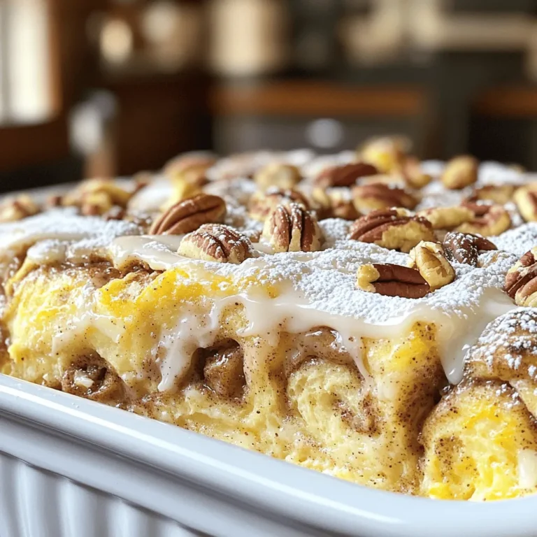 - 2 cans refrigerated cinnamon rolls (icing included) - 4 large eggs - 1 cup whole milk - 1 teaspoon pure vanilla extract - 1/2 cup packed brown sugar - 1 teaspoon ground cinnamon - 1/2 cup chopped pecans or walnuts - Powdered sugar for dusting Gather these ingredients to make your Cinnamon Roll Casserole. Using refrigerated cinnamon rolls makes this recipe quick and easy. I love how the dough becomes soft and fluffy as it bakes. The eggs and milk create a creamy custard. This mixture soaks into the cinnamon roll pieces. It makes each bite rich and satisfying. Adding vanilla gives a warm, sweet flavor that enhances the dish. You can add brown sugar and ground cinnamon to boost the sweetness. The nuts add crunch and a nice texture. If you want to impress guests, dust the top with powdered sugar. It makes the dish look fancy and inviting. For the full recipe, check out the detailed steps. Enjoy baking this delicious treat! - Preheat oven to 350°F (175°C). - Grease a 9x13 inch baking dish. Start by turning on your oven. This helps the casserole bake evenly. While it heats, grab some butter or cooking spray. Coat your baking dish to make sure the casserole comes out easily later. - Cut cinnamon rolls into quarters. - Distribute pieces in the baking dish. Open the cans of cinnamon rolls carefully. Each roll needs to be cut into quarters. This helps them soak up the custard better. Place the pieces evenly in your baking dish. Spread them out so each piece gets that yummy flavor. - Whisk together eggs, milk, vanilla, cinnamon, and brown sugar. - Pour custard over cinnamon roll pieces. In a big bowl, add the eggs, milk, vanilla, ground cinnamon, and brown sugar. Use a whisk to mix these ingredients until smooth. This custard will soak into the cinnamon rolls. Once mixed, slowly pour the custard over the cinnamon roll pieces. Press down gently with a spatula to coat each piece well. - Sprinkle optional nuts if desired. - Bake for 25-30 minutes until golden brown. If you want some crunch, sprinkle chopped pecans or walnuts on top. Now, place the baking dish in the hot oven. Bake for 25 to 30 minutes. Look for a golden brown color on the edges. The casserole will puff up nicely. Once done, take it out and let it cool for a few minutes. Drizzle the icing from the cinnamon roll cans over the top for a sweet finish. Enjoy! - Use fresh cinnamon rolls for the best flavor. They add great taste and texture. - Allow proper soaking for even texture. This helps every piece absorb the custard. - Drizzle with icing and dust with powdered sugar for a sweet finish. - Serve with fresh fruit or whipped cream. This adds a nice touch and balance. - Not greasing the baking dish properly can cause sticking. Always use butter or spray. - Overbaking can lead to dryness. Keep an eye on the casserole as it bakes. {{image_4}} You can make your cinnamon roll casserole even more fun with some extras. Here are a few ideas: - Add chocolate chips for a sweeter touch: Sprinkle some chocolate chips on top before baking. They melt and mix in, giving a rich, sweet flavor. - Include fresh apples or bananas for a fruity twist: Chop up some apples or bananas and mix them in. This adds a great fruitiness that balances the sweetness. Want to change things up for your diet? Here are some swaps to consider: - Use almond milk for a dairy-free option: If you need a dairy-free dish, almond milk works great. It keeps the casserole creamy without using cow's milk. - Swap eggs with flaxseed meal for a vegan version: For a vegan casserole, mix 1 tablespoon of flaxseed meal with 2.5 tablespoons of water. Let it sit for a few minutes to thicken before adding it to your mix. You can also make this dish festive for the holidays. Try these ideas: - Consider pumpkin spice for fall-themed casseroles: Add a teaspoon of pumpkin spice to your mix. It gives a warm and cozy flavor perfect for fall. - Use peppermint extract for a festive holiday flavor: A little peppermint extract can bring a fresh twist. Just a few drops will make your casserole taste like holiday magic. These variations make the cinnamon roll casserole a fun and flexible dish. You can enjoy it any time of year! For the complete recipe, check out the [Full Recipe]. To keep your Cinnamon Roll Casserole fresh, cover it well and refrigerate for up to 3 days. This helps maintain its soft texture and sweet flavor. When you're ready to enjoy it again, reheat in the oven or microwave. Just make sure it's warm all the way through before serving. If you want to save some for later, freezing is a great option. Freeze individual portions for easy meals on busy days. To do this, wrap each portion tightly in plastic wrap. Then, add a layer of aluminum foil on top to prevent freezer burn. This keeps your casserole tasty and ready to eat when you are! Yes, prepare and refrigerate before baking. This will save you time in the morning. You can mix the custard and cut the rolls the night before. Just pour the custard over the rolls when you are ready to bake. Look for golden edges and a puffed-up center. The top should be slightly firm but still soft. You can also insert a toothpick in the center. If it comes out clean, your casserole is ready. Try using croissants or brioche for different textures. Both options add a nice twist. Croissants will give a buttery flakiness, while brioche offers a rich flavor. Yes, use a larger baking dish and adjust baking time accordingly. If you double the ingredients, you might need 5-10 more minutes. Keep an eye on it as it bakes. Serve warm with optional toppings like syrup or fruits. Fresh berries or sliced bananas add a nice touch. You can also drizzle extra icing on top for more sweetness. Enjoy this treat during brunch or as a special breakfast! This blog post covered a delicious cinnamon roll casserole. I shared the ingredients, steps to make it, and tips for the best results. You can switch flavors or even modify for dietary needs. Enjoy leftovers by storing them right, so they taste great later. Try this recipe for breakfast or dessert. It’s sure to impress family and friends. Now, gather your ingredients and start baking! You'll love the warm, sweet taste that's perfect for any occasion.