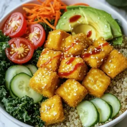 To make a Crispy Tofu Buddha Bowl, you will need these main ingredients: - 1 block firm tofu, pressed and cut into cubes - 2 tablespoons cornstarch - 2 tablespoons soy sauce - 1 tablespoon sesame oil - 1 cup cooked quinoa - 1 cup fresh kale, chopped - 1 cup cherry tomatoes, halved - 1/2 cucumber, sliced - 1 avocado, sliced - 1/4 cup shredded carrots - 1 tablespoon sesame seeds, for garnish - Salt and pepper to taste These ingredients create a balanced mix of protein, grains, and veggies. The crispy tofu adds texture and flavor to the dish. You can customize your bowl with these optional ingredients and toppings: - 1 tablespoon sriracha or hot sauce for heat - Fresh herbs like cilantro or parsley for freshness - Nuts or seeds for crunch, like almonds or sunflower seeds - Pickled veggies for tanginess These extras can enhance your meal and make it unique to your taste. If you don’t have some ingredients, here are some easy swaps: - Use tempeh instead of tofu for a different texture. - Brown rice or farro can replace quinoa for grains. - Spinach or arugula can substitute for kale. - If you want a creamy touch, use hummus in place of avocado. These substitutions help you adapt the recipe to what you have on hand or your dietary needs. You can find the Full Recipe for more detailed steps. Start by preheating your oven to 400°F (200°C). This ensures the tofu cooks evenly. Next, take your block of firm tofu. Press it well to remove excess water. Water makes the tofu soggy instead of crispy. Cut the pressed tofu into bite-sized cubes. In a medium bowl, mix the cubed tofu with soy sauce, sesame oil, and a pinch of salt and pepper. Toss gently to coat each piece. Let the tofu marinate for about 10 minutes. This step helps the tofu soak up all the flavors. After marinating, sprinkle cornstarch over the tofu. Toss once more to coat. This will give it that amazing crispy texture when baked. While the tofu marinates, it's time to cook the quinoa. Rinse the quinoa under cold water to remove its natural coating, called saponin. This helps to keep it from tasting bitter. Use a medium saucepan for cooking. Add 1 cup of quinoa and double that amount in water—2 cups. Bring it to a boil, then reduce the heat. Cover the pan and let it simmer for about 15-20 minutes. The quinoa is ready when it’s fluffy and the little tails have popped out. Once done, set it aside and fluff it with a fork. Now, you can start putting your Buddha bowl together. Grab a large serving bowl and add a generous base of cooked quinoa. Next, add a layer of chopped kale. It adds great color and nutrition. Then, place the thinly sliced cucumber, halved cherry tomatoes, and shredded carrots on top. Finally, delicately arrange the slices of avocado. Once your tofu is golden and crispy, gently add it on top of the vegetables and quinoa. For a kick, drizzle some sriracha or your favorite hot sauce. Finish by sprinkling sesame seeds over the top for extra crunch. Serve your Buddha bowl right away while the tofu is warm. Enjoy this healthy and flavorful meal! For the complete recipe, refer to the Full Recipe. To make your tofu crispy, start with firm tofu. Press it well to remove extra water. This helps it hold its shape and crisp up. Cut the tofu into bite-sized cubes. Coat these cubes in soy sauce and sesame oil. Let them marinate for ten minutes. This adds flavor as they absorb the liquid. Next, sprinkle cornstarch over the cubes. Toss well to coat each piece. The cornstarch is key for that crunchy texture! Bake them at 400°F for 25-30 minutes. Turn them halfway for even crispiness. Keep an eye on them to avoid burning. Seasoning is important for a tasty dish. Besides soy sauce, try adding garlic powder or onion powder. These spices give a nice depth of flavor. For a kick, mix in sriracha or a dash of cayenne pepper. You can also play with herbs like thyme or rosemary for a fresh twist. Use fresh lemon juice for brightness. Don’t forget salt and pepper to taste. Experiment with different flavors to find what you love best! Presentation matters, even for a simple bowl. Start with a base of colorful quinoa. Layer your chopped kale, cherry tomatoes, and sliced cucumber. Add shredded carrots for crunch and bright color. Finally, top with beautifully sliced avocado. This adds creaminess and richness. A sprinkle of sesame seeds gives a nice touch. For an extra pop, drizzle some hot sauce on top. Serve it warm for a beautiful, healthy meal. You can find the full recipe for more details on making this bowl a hit! {{image_4}} You can switch out quinoa for other grains. Brown rice is a great choice. It has a nutty taste and chewy texture. Farro adds a hearty flavor and is rich in fiber. If you want something lighter, try cauliflower rice. It’s low-calorie and full of nutrients. Each grain gives a new twist to your Buddha bowl. Feel free to mix up the veggies in your bowl. Spinach can replace kale for a milder taste. Bell peppers add crunch and color. Roasted sweet potatoes bring sweetness and warmth. You could also use broccoli or snap peas for a fresh touch. The key is to add what you love and what’s in season. If you want a break from tofu, there are many options. Chickpeas are a fantastic plant-based protein. They add texture and flavor. Grilled chicken or shrimp can make the dish heartier. For a vegan twist, try tempeh or seitan. Each protein can change the flavor profile while keeping it healthy. For more ideas, check out the Full Recipe! To store leftovers, let the Buddha bowl cool to room temperature. Place the tofu and veggies in an airtight container. Keep the quinoa separate to avoid sogginess. Store everything in the fridge for up to three days. This keeps your meal fresh and tasty. To reheat, use the oven for best results. Preheat the oven to 350°F (175°C). Spread the tofu and veggies on a baking sheet. Heat for about 10-15 minutes until warm and crispy again. You can also microwave, but it may make the tofu less crispy. For meal prep, make a batch of quinoa and tofu ahead. Store them in separate containers. Chop your veggies and keep them in the fridge. You can mix and match throughout the week. This saves time and gives you healthy meals ready to go! Yes! The Crispy Tofu Buddha Bowl is already vegan. Tofu is made from soybeans, making it a great plant-based protein. All the other ingredients, like quinoa and fresh veggies, are also vegan-friendly. You can enjoy this meal without any animal products. Feel free to experiment with different sauces or toppings to keep it exciting. Crispy tofu can last up to four days in the fridge. Store it in an airtight container to keep it fresh. When you reheat it, the texture may change a bit. It might not be as crispy, but it will still taste good. If you want to keep it crispy, try reheating it in the oven for a few minutes. To get the best texture, start with firm or extra-firm tofu. Press it to remove excess water. This step helps the tofu absorb flavors better. Cut it into even cubes for frying or baking. Marinate it for at least 10 minutes with soy sauce and spices. Lastly, coat it in cornstarch for a crispy finish. You can follow the Full Recipe for detailed steps to make it even easier. This blog post covered how to make a Crispy Tofu Buddha Bowl. We talked about main ingredients, cooking steps, and tips for success. You learned how to store leftovers and reheat them well. Remember, this dish is flexible; you can swap grains, veggies, and proteins to fit your taste. In conclusion, enjoy making this healthy meal your own. You will love the flavors and crunch.