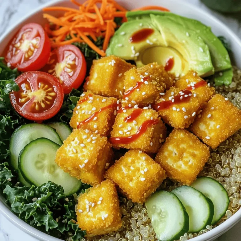 To make a Crispy Tofu Buddha Bowl, you will need these main ingredients: - 1 block firm tofu, pressed and cut into cubes - 2 tablespoons cornstarch - 2 tablespoons soy sauce - 1 tablespoon sesame oil - 1 cup cooked quinoa - 1 cup fresh kale, chopped - 1 cup cherry tomatoes, halved - 1/2 cucumber, sliced - 1 avocado, sliced - 1/4 cup shredded carrots - 1 tablespoon sesame seeds, for garnish - Salt and pepper to taste These ingredients create a balanced mix of protein, grains, and veggies. The crispy tofu adds texture and flavor to the dish. You can customize your bowl with these optional ingredients and toppings: - 1 tablespoon sriracha or hot sauce for heat - Fresh herbs like cilantro or parsley for freshness - Nuts or seeds for crunch, like almonds or sunflower seeds - Pickled veggies for tanginess These extras can enhance your meal and make it unique to your taste. If you don’t have some ingredients, here are some easy swaps: - Use tempeh instead of tofu for a different texture. - Brown rice or farro can replace quinoa for grains. - Spinach or arugula can substitute for kale. - If you want a creamy touch, use hummus in place of avocado. These substitutions help you adapt the recipe to what you have on hand or your dietary needs. You can find the Full Recipe for more detailed steps. Start by preheating your oven to 400°F (200°C). This ensures the tofu cooks evenly. Next, take your block of firm tofu. Press it well to remove excess water. Water makes the tofu soggy instead of crispy. Cut the pressed tofu into bite-sized cubes. In a medium bowl, mix the cubed tofu with soy sauce, sesame oil, and a pinch of salt and pepper. Toss gently to coat each piece. Let the tofu marinate for about 10 minutes. This step helps the tofu soak up all the flavors. After marinating, sprinkle cornstarch over the tofu. Toss once more to coat. This will give it that amazing crispy texture when baked. While the tofu marinates, it's time to cook the quinoa. Rinse the quinoa under cold water to remove its natural coating, called saponin. This helps to keep it from tasting bitter. Use a medium saucepan for cooking. Add 1 cup of quinoa and double that amount in water—2 cups. Bring it to a boil, then reduce the heat. Cover the pan and let it simmer for about 15-20 minutes. The quinoa is ready when it’s fluffy and the little tails have popped out. Once done, set it aside and fluff it with a fork. Now, you can start putting your Buddha bowl together. Grab a large serving bowl and add a generous base of cooked quinoa. Next, add a layer of chopped kale. It adds great color and nutrition. Then, place the thinly sliced cucumber, halved cherry tomatoes, and shredded carrots on top. Finally, delicately arrange the slices of avocado. Once your tofu is golden and crispy, gently add it on top of the vegetables and quinoa. For a kick, drizzle some sriracha or your favorite hot sauce. Finish by sprinkling sesame seeds over the top for extra crunch. Serve your Buddha bowl right away while the tofu is warm. Enjoy this healthy and flavorful meal! For the complete recipe, refer to the Full Recipe. To make your tofu crispy, start with firm tofu. Press it well to remove extra water. This helps it hold its shape and crisp up. Cut the tofu into bite-sized cubes. Coat these cubes in soy sauce and sesame oil. Let them marinate for ten minutes. This adds flavor as they absorb the liquid. Next, sprinkle cornstarch over the cubes. Toss well to coat each piece. The cornstarch is key for that crunchy texture! Bake them at 400°F for 25-30 minutes. Turn them halfway for even crispiness. Keep an eye on them to avoid burning. Seasoning is important for a tasty dish. Besides soy sauce, try adding garlic powder or onion powder. These spices give a nice depth of flavor. For a kick, mix in sriracha or a dash of cayenne pepper. You can also play with herbs like thyme or rosemary for a fresh twist. Use fresh lemon juice for brightness. Don’t forget salt and pepper to taste. Experiment with different flavors to find what you love best! Presentation matters, even for a simple bowl. Start with a base of colorful quinoa. Layer your chopped kale, cherry tomatoes, and sliced cucumber. Add shredded carrots for crunch and bright color. Finally, top with beautifully sliced avocado. This adds creaminess and richness. A sprinkle of sesame seeds gives a nice touch. For an extra pop, drizzle some hot sauce on top. Serve it warm for a beautiful, healthy meal. You can find the full recipe for more details on making this bowl a hit! {{image_4}} You can switch out quinoa for other grains. Brown rice is a great choice. It has a nutty taste and chewy texture. Farro adds a hearty flavor and is rich in fiber. If you want something lighter, try cauliflower rice. It’s low-calorie and full of nutrients. Each grain gives a new twist to your Buddha bowl. Feel free to mix up the veggies in your bowl. Spinach can replace kale for a milder taste. Bell peppers add crunch and color. Roasted sweet potatoes bring sweetness and warmth. You could also use broccoli or snap peas for a fresh touch. The key is to add what you love and what’s in season. If you want a break from tofu, there are many options. Chickpeas are a fantastic plant-based protein. They add texture and flavor. Grilled chicken or shrimp can make the dish heartier. For a vegan twist, try tempeh or seitan. Each protein can change the flavor profile while keeping it healthy. For more ideas, check out the Full Recipe! To store leftovers, let the Buddha bowl cool to room temperature. Place the tofu and veggies in an airtight container. Keep the quinoa separate to avoid sogginess. Store everything in the fridge for up to three days. This keeps your meal fresh and tasty. To reheat, use the oven for best results. Preheat the oven to 350°F (175°C). Spread the tofu and veggies on a baking sheet. Heat for about 10-15 minutes until warm and crispy again. You can also microwave, but it may make the tofu less crispy. For meal prep, make a batch of quinoa and tofu ahead. Store them in separate containers. Chop your veggies and keep them in the fridge. You can mix and match throughout the week. This saves time and gives you healthy meals ready to go! Yes! The Crispy Tofu Buddha Bowl is already vegan. Tofu is made from soybeans, making it a great plant-based protein. All the other ingredients, like quinoa and fresh veggies, are also vegan-friendly. You can enjoy this meal without any animal products. Feel free to experiment with different sauces or toppings to keep it exciting. Crispy tofu can last up to four days in the fridge. Store it in an airtight container to keep it fresh. When you reheat it, the texture may change a bit. It might not be as crispy, but it will still taste good. If you want to keep it crispy, try reheating it in the oven for a few minutes. To get the best texture, start with firm or extra-firm tofu. Press it to remove excess water. This step helps the tofu absorb flavors better. Cut it into even cubes for frying or baking. Marinate it for at least 10 minutes with soy sauce and spices. Lastly, coat it in cornstarch for a crispy finish. You can follow the Full Recipe for detailed steps to make it even easier. This blog post covered how to make a Crispy Tofu Buddha Bowl. We talked about main ingredients, cooking steps, and tips for success. You learned how to store leftovers and reheat them well. Remember, this dish is flexible; you can swap grains, veggies, and proteins to fit your taste. In conclusion, enjoy making this healthy meal your own. You will love the flavors and crunch.