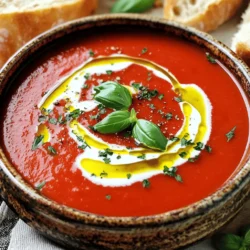 To make this comforting soup, gather the following ingredients: - 2 tablespoons extra virgin olive oil - 1 small onion, finely diced - 3 cloves garlic, minced - 6 cups ripe tomatoes, chopped (fresh or canned) - 1 cup vegetable broth (homemade or store-bought) - 1 tablespoon sugar (optional) - Salt and freshly ground black pepper, to taste - 1 cup fresh basil leaves, tightly packed - 1 teaspoon balsamic vinegar (optional) - 1/2 cup heavy cream (or coconut cream) You can elevate your soup with these optional ingredients: - A pinch of red pepper flakes for spice - A teaspoon of dried oregano for depth - A squeeze of lemon juice for brightness - Parmesan cheese for a savory finish This soup is not just tasty; it's also healthy. Here’s a breakdown of what you get in each serving: - Calories: 250 - Protein: 4g - Carbohydrates: 20g - Dietary Fiber: 4g - Total Fat: 18g - Saturated Fat: 9g - Sugars: 4g Enjoy every bite of this homemade tomato basil soup! For the complete cooking process, check out the Full Recipe. To start, gather your ingredients. You need fresh tomatoes, onion, garlic, and basil. Here’s what you need: - 2 tablespoons extra virgin olive oil - 1 small onion, finely diced - 3 cloves garlic, minced - 6 cups ripe tomatoes, chopped (fresh or canned) - 1 cup vegetable broth - 1 tablespoon sugar (optional) - Salt and freshly ground black pepper, to taste - 1 cup fresh basil leaves - 1 teaspoon balsamic vinegar (optional) - 1/2 cup heavy cream (or coconut cream) 1. In a large pot, heat the olive oil over medium heat. It should shimmer when ready. 2. Add the diced onion and sauté for about 5 minutes. Stir often until the onion is soft and clear. 3. Next, add the minced garlic. Cook for 1-2 minutes, stirring frequently. The garlic should smell great but not burn. 4. Now, stir in the chopped tomatoes and the vegetable broth. Bring the mix to a gentle simmer. - If you use fresh tomatoes, let it cook for about 20 minutes. - If using canned tomatoes, simmer for about 10 minutes. 5. After simmering, add the optional sugar. Season with salt and pepper to your liking. 1. Once cooked, take the pot off the heat. Fold in the fresh basil leaves. Let them wilt in the heat. 2. Use an immersion blender to blend the soup until smooth. If you don’t have one, pour the soup in batches into a blender. 3. Return the blended soup to the pot. If you want, add the balsamic vinegar and heavy cream. Mix well. 4. Gently heat the soup on low until warm. Be careful not to boil it, as this can change the cream’s texture. 5. Taste the soup. Adjust seasoning if needed. Add more salt, pepper, or sugar as desired. Now, you have a delicious homemade tomato basil soup ready to enjoy! For the full recipe, click here. When making tomato basil soup, avoid these common errors: - Not seasoning enough: Always taste your soup before serving. Adjust salt and pepper as needed. - Overcooking garlic: Garlic burns quickly. Cook it just until fragrant. - Skipping the blending step: A smooth soup is key for the best texture. - Using low-quality tomatoes: Fresh, ripe tomatoes or good canned ones taste best. To make your soup even better, try these tips: - Add a splash of balsamic vinegar for depth. - Stir in a touch of sugar to balance acidity. - Use homemade vegetable broth for richer flavor. - Fresh basil is a must. Add it at the end for the best taste. - For a creamy texture, mix in heavy cream or coconut cream. Make your soup look as good as it tastes: - Serve in warm bowls to keep it hot. - Drizzle extra virgin olive oil on top for shine. - Garnish with freshly chopped basil for color. - Swirl cream on top for a nice contrast. - Pair with crusty bread for a complete meal. Enjoy making your homemade tomato basil soup. Check out the Full Recipe for detailed steps! {{image_4}} To make a dairy-free version, swap heavy cream for coconut cream. This keeps the soup rich and creamy while adding a hint of coconut flavor. Many people enjoy this twist, and it works well with the tomatoes and basil. If you love heat, add red pepper flakes or diced jalapeños. Start with a small amount and taste as you go. You can also include a dash of hot sauce for an extra kick. This spicy version adds depth and warmth to the classic recipe. Feel free to boost nutrition by adding vegetables. Zucchini, carrots, or bell peppers work well. Chop them small and sauté with the onion. This adds flavor and color, making the soup even more inviting. You can also toss in a handful of spinach after blending for extra greens. For the full recipe, check out the step-by-step guide and ingredient list. Enjoy these variations to suit your taste! After you make your delicious soup, let it cool first. Pour it into airtight containers. You can store it in the fridge for up to five days. Make sure to label the containers with the date. This way, you won’t forget when you made it! You can freeze tomato basil soup for later. Use freezer-safe bags or containers. Leave some space in each container for the soup to expand. It can last up to three months in the freezer. When you want to eat it, just thaw it in the fridge overnight. To reheat, pour your soup into a pot. Warm it on low heat, stirring often. If you used cream, be careful not to boil it. You can also use the microwave. Heat it in short bursts, stirring in between. This keeps the soup smooth and tasty. Enjoy it with a side of crusty bread! Yes, you can use canned tomatoes. They are a great option. Canned tomatoes are already cooked, so they save time. If fresh tomatoes are not in season, canned tomatoes work well. Just pick high-quality canned tomatoes for the best taste. You can use them in the same amount as fresh tomatoes in the recipe. To thicken your soup, you have a few options. One way is to add more heavy cream. This makes the soup rich and creamy. Another method is to blend the soup longer, which helps thicken it. You can also add a small amount of cornstarch mixed with cold water. Stir it in and cook for a few minutes. This will help the soup thicken without changing the flavor. Homemade tomato basil soup lasts about 4 to 5 days in the fridge. Make sure to store it in an airtight container. This keeps it fresh and safe to eat. If you want to keep it longer, you can freeze it. Just remember to leave some space in the container, as the soup will expand when frozen. For the best flavor, try to eat it within three months. For the full recipe, check the earlier section! Homemade tomato basil soup is simple and tasty. We covered key ingredients and steps to make it. Remember to avoid common mistakes and enhance flavors for the best results. You can even try variations to fit your taste. Store leftovers to enjoy later. Always have fun while cooking! With these tips, you can create a delicious dish that delights everyone. Now, go ahead and make your own bowl of warmth!