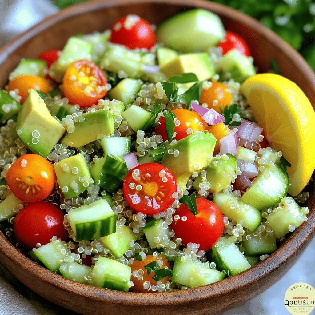To make this tasty salad, you need: - 1 cup quinoa - 2 cups vegetable broth or water - 1 ripe avocado, diced - 1 cup cherry tomatoes, halved - 1/2 cup cucumber, diced - 1/4 red onion, finely chopped - 1 small bell pepper, diced (any color) - 1/4 cup fresh parsley, chopped - 1 tablespoon extra-virgin olive oil - 2 tablespoons freshly squeezed lemon juice - 1 teaspoon garlic powder - 1/2 teaspoon ground cumin - Salt and pepper to taste Each ingredient plays a key role in this salad. Quinoa is the base and provides protein and fiber. Avocado adds creaminess and healthy fats. Cherry tomatoes bring sweetness and color. Cucumber adds crunch and freshness. Red onion gives a sharp bite, while bell pepper adds more sweetness and texture. Parsley brightens the dish with its fresh flavor. Olive oil and lemon juice create a zesty dressing that ties everything together. Garlic powder and cumin add depth and warmth. Salt and pepper enhance all the flavors. When choosing your ingredients, look for the best quality. For quinoa, pick a brand that is organic and rinsed. This ensures a clean taste. For avocado, choose one that is ripe but firm. Gently press to check for softness. Select cherry tomatoes that are bright and firm, avoiding any bruises. Cucumber should be crisp and smooth. Bell peppers can be any color, but pick ones that feel heavy for their size. For herbs like parsley, look for vibrant green leaves without wilting. Freshness makes all the difference in flavor! Start by rinsing the quinoa under cold water. Use a fine mesh strainer for this. This step removes any bitter taste. Next, in a medium pot, bring vegetable broth or water to a boil. Add the rinsed quinoa to the pot. Lower the heat and cover it. Let it simmer for about 15 minutes. The quinoa will absorb all the liquid. Once done, take it off the heat and let it cool. While the quinoa cools, prepare the veggies. Dice the avocado, cucumber, and bell pepper. Halve the cherry tomatoes. Finely chop the red onion. Make sure the sizes are similar for a nice look. In a large bowl, combine the cooled quinoa and all the chopped veggies. This mix gives the salad a colorful and fresh look. Timing is key for perfect quinoa. If you cook it too long, it may turn mushy. The 15-minute cook time is just right. After removing it from the heat, let it sit covered for 5 more minutes. This helps the quinoa become fluffy. You can fluff it gently with a fork afterward. When mixing the salad, do it gently. You want to keep the avocado intact. It adds creaminess and flavor. For the dressing, whisk olive oil, lemon juice, garlic powder, cumin, salt, and pepper together in a small bowl. Drizzle this over your salad. Toss it lightly to coat all the ingredients evenly. Adjust the seasoning to your taste. Enjoy your Savory Quinoa Salad with Avocado as a healthy delight! For the full recipe, check out the details above. To make your savory quinoa salad pop, use fresh herbs like parsley and cilantro. They add a bright taste. You can also try dried herbs like oregano or thyme. Spices like cumin give warmth to the dish. For a kick, add a pinch of red pepper flakes. Always start with a small amount and taste as you go. This gives you control over the flavor. One common mistake is not rinsing the quinoa. Rinsing removes a bitter coating called saponin. Another mistake is overcooking the quinoa. It should be fluffy, not mushy. Avoid adding too much dressing at once. It can overwhelm the flavors. Finally, don’t skip the resting time after mixing. Letting the salad sit helps the flavors blend well. After mixing your salad, let it sit for at least 15 minutes. This time allows the quinoa to soak up the dressing. If you have more time, refrigerate it for an hour. This chill time enhances the taste even more. If you make it a day before, the flavors will be even richer. Just remember to stir it again before serving. For a full guide, check the Full Recipe of Savory Quinoa Salad with Avocado. {{image_4}} You can spice up your savory quinoa salad easily. Here are some fun ideas: - Black beans: Add a can of rinsed black beans for protein. - Corn: Fresh or frozen corn gives a sweet burst of flavor. - Feta cheese: Crumbled feta adds a salty touch to the mix. - Nuts: Chopped almonds or walnuts add crunch and healthy fats. - Dried fruits: Try raisins or cranberries for a sweet twist. These additions can change the taste and feel of your salad. Feel free to mix and match! The dressing can change everything in your salad. Here are some tasty options: - Balsamic vinaigrette: This adds a sweet and tangy flavor. - Tahini dressing: A creamy choice made from ground sesame seeds. - Honey mustard: A sweet and zesty option that pairs well with avocado. - Cilantro lime dressing: Fresh and zesty, it brightens the whole dish. Try different dressings to find your favorite flavor. You can even make your own! Using seasonal ingredients makes your salad even better. Here’s how to adapt: - Spring: Add fresh peas and radishes for a crisp bite. - Summer: Mix in zucchini and fresh herbs for a garden taste. - Fall: Roasted sweet potatoes and kale bring warmth and earthiness. - Winter: Toss in Brussels sprouts or roasted butternut squash for comfort. Seasonal changes in ingredients can bring new life to your salad. You’ll enjoy fresh flavors year-round! For the full recipe, check out the details above. Storing leftover quinoa salad is easy. First, let the salad cool to room temperature. Then, transfer it to an airtight container. This helps keep it fresh. You can store it in the fridge for up to three days. If you want to keep it longer, consider freezing it. However, freezing may change the texture, especially of the avocado. Meal prep can save you time. To ensure your quinoa salad lasts, store the dressing separately. Mix it in just before serving. This keeps the salad crisp. You can also prepare the quinoa in advance. Cook a larger batch and store it in the fridge. Just remember to use it within five days for the best taste and quality. Leftover salad can taste just as good the next day. To revive it, add a splash of lemon juice. This brightens the flavors. You can also toss in some fresh herbs or more diced avocado. Mixing in a bit of olive oil can help, too. These small changes will give your salad a fresh kick. For the full recipe, check out the Savory Quinoa Salad with Avocado. Quinoa and avocado are both super foods. Quinoa is a complete protein. This means it has all nine essential amino acids. It's also high in fiber, which helps digestion. Avocado is rich in healthy fats. These fats support heart health and keep you full longer. Together, they provide vitamins and minerals, like potassium and magnesium. Eating this salad boosts your energy and keeps you satisfied. Yes, you can make this salad ahead of time. It stays fresh in the fridge for about three days. To keep it fresh, store the dressing separately. When ready to eat, mix in the dressing just before serving. This way, the avocado stays green and tasty. Meal prep is easy with this salad. You can enjoy it for lunch or dinner. Many ingredients go well with avocado in salads. Here are some great options: - Black beans add protein and fiber. - Corn gives a sweet crunch. - Feta cheese adds a salty bite. - Spinach or kale boosts nutrients. - Nuts like almonds or walnuts add crunch. Experiment with these to create your own twist on this savory quinoa salad. Enjoy the process of mixing flavors and textures! For the full recipe, check out the details above. This blog post covered the key ingredients for a savory quinoa salad, guiding you through preparation and cooking tips. I shared ways to enhance the flavor with herbs, spices, and variations for seasonal ingredients. Proper storage tips ensure your salad stays fresh and tasty. In the end, making this salad is both simple and fun. With these tips, you can create delicious, healthy meals that impress. Enjoy experimenting and savoring your nutritious quinoa creations!