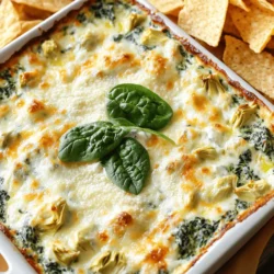 - Spinach - Artichoke Hearts - Cream Cheese - Sour Cream - Mayonnaise - Shredded Mozzarella Cheese - Grated Parmesan Cheese - Garlic - Onion Powder - Red Pepper Flakes - Salt and Pepper To make the best creamy spinach and artichoke dip, gather these ingredients. Each one plays a key role in the taste and texture. Spinach adds color and nutrients. Artichoke hearts bring a unique, mild flavor. Cream cheese gives that rich creaminess. Sour cream adds a nice tang, while mayonnaise helps with the dip’s smoothness. Shredded mozzarella cheese melts beautifully, and grated Parmesan cheese adds depth. Garlic and onion powder boost the flavor, while red pepper flakes add a tiny kick. Don't forget to season with salt and pepper! - Cream Cheese Alternatives: You can use Greek yogurt for a tangy twist. - Low-Fat Options: Neufchâtel cheese is a great option for less fat. - Dairy-Free Variations: Try cashew cream or silken tofu for a vegan dip. If you want to swap some ingredients, there are great options. For cream cheese, Greek yogurt works well and adds a nice tang. Neufchâtel cheese lowers the fat while still keeping creaminess. For a dairy-free dip, cashew cream or silken tofu can make a tasty base. - Choosing Fresh Ingredients: Always pick fresh spinach and artichokes for the best flavor. - Importance of Room Temperature Ingredients: Let cream cheese sit out to blend better. - Impact of Cheese Quality: Use good quality cheese for a rich flavor. Using fresh ingredients makes a big difference in taste. Choose bright green spinach and tender artichoke hearts. When using cream cheese, it’s best to let it warm up a bit. This helps it blend smoothly with the other ingredients. Good quality cheese also elevates the dip. It can really enhance the overall flavor of your dish. For the full recipe, check out the instructions above! - Thawing Spinach and Squeezing Moisture Start with one cup of frozen spinach. Thaw it completely before use. I prefer to microwave it for a few minutes. Once thawed, use a clean kitchen towel to squeeze out excess water. This step is key to avoid a watery dip. - Chopping Artichoke Hearts Take one cup of canned artichoke hearts. Drain them well to remove any liquid. Use a knife to roughly chop them. This helps them blend nicely into the dip. - Blending Cream Cheese, Sour Cream, and Mayonnaise In a large bowl, combine one cup of cream cheese, half a cup of sour cream, and half a cup of mayonnaise. Use a hand mixer or spatula to mix until the blend is smooth. Ensure no lumps remain for a creamy texture. - Incorporating Spinach and Artichokes Gently add the thawed spinach and chopped artichokes into the creamy mixture. Fold in one cup of shredded mozzarella cheese and half a cup of grated Parmesan cheese. Stir until all ingredients are well mixed. - Preheating the Oven Preheat your oven to 350°F (175°C). This ensures even baking for the perfect dip. - Baking Time and Indicators Spread the mixture evenly in a greased baking dish. Bake for 25-30 minutes. Look for a bubbly top that turns lightly golden brown. This shows that the dip is hot throughout and ready to enjoy. For the full recipe, visit the original guide! - Achieving a Creamy Consistency: Start with room temperature cream cheese. This helps mix it well. Blend the cream cheese, sour cream, and mayonnaise until smooth. No lumps should remain. This will make your dip rich and creamy. - Avoiding Overmixing: Once you add the spinach and artichokes, mix gently. Overmixing can make the dip too runny. You want to keep some texture. Fold in the ingredients carefully to maintain their shape. - Best Dipping Options: Serve this dip warm with tortilla chips. Crispy veggies like carrots and celery also work well. Toasted baguette slices add a nice crunch. Choose what you enjoy most! - Pairing with Beverages: A chilled white wine pairs nicely with the dip. If you prefer something non-alcoholic, try sparkling water with lemon. Both options enhance the flavors and keep things refreshing. - Adding Herbs for Flavor: Fresh herbs, like parsley or basil, can brighten the dip. Chop them finely and mix them in. This adds a fresh taste that balances the creaminess. - Spice Level Adjustments: If you like heat, add more red pepper flakes. You can also mix in jalapeños for a spicy kick. Taste as you go, so you get the right level for your palate. For the full recipe, check out the detailed steps to make the Creamy Spinach and Artichoke Delight. {{image_4}} You can spice up this dip in many ways. Adding jalapeños gives a great kick. Just chop them finely and mix them in. The heat balances well with the creamy texture. For a Mediterranean twist, try adding feta cheese. Its salty flavor pairs nicely with the dip. You can crumble feta on top or mix it in while blending. It makes the dip taste fresh and bright. Want a crunchy top? Use breadcrumbs! Sprinkle them on before baking. This adds a nice contrast to the creamy dip. You can mix in some herbs with the breadcrumbs for extra taste. You can also play with different cheeses. Swap mozzarella for gouda or cheddar. Each cheese brings a unique flavor. Experimenting with cheese makes it fun and exciting! Serving style can change the whole vibe. Individual dishes are great for parties. Use small ramekins for each guest. This makes it easy to serve and adds a personal touch. If you're in the mood for something different, try a cold version. Mix the dip and chill it in the fridge. Serve it with fresh veggies or pita chips for a cool treat. You can enjoy the same great flavors in a new way. - Store your dip in an air-tight container. - This prevents the dip from drying out. - It will stay fresh for about 3 to 5 days. - To freeze, place the dip in a freezer-safe container. - Leave space at the top for expansion. - Thaw it overnight in the fridge before use. - For best texture, avoid freezing more than a month. - You can reheat in the oven or microwave. - For the oven, heat at 350°F (175°C) for about 15 minutes. - In the microwave, use short bursts to warm it slowly. - Stir often to keep the creaminess intact. - Add a splash of cream if it seems too thick. It takes about 15 minutes to prep and 25-30 minutes to cook. You can enjoy this dip in 45 minutes total. This quick time makes it perfect for parties or a cozy night in. Yes, you can prep this dip a day ahead. Just mix all the ingredients and store it in the fridge. When you’re ready, bake it for warm, creamy goodness. Making it ahead saves time and stress. You can serve it with various tasty options. Crispy tortilla chips are a classic choice. Toasted baguette slices add a nice crunch. Fresh veggie sticks like carrots and celery also pair well. Each option adds fun to your dip experience. For the full recipe, check out the details above. Creamy Spinach and Artichoke Dip is a tasty treat. We covered its key ingredients, like fresh spinach and artichokes, along with substitutes. Choosing good quality ingredients, especially cheeses, helps boost flavor. After listing preparation steps, baking tips, and storage advice, you can enjoy this dip for any event. Whether served warm or cold, it’s sure to impress! Experiment with flavors and share it with friends for a delightful experience. Your perfect dip awaits!