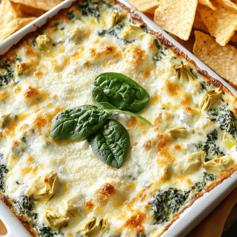 - Spinach - Artichoke Hearts - Cream Cheese - Sour Cream - Mayonnaise - Shredded Mozzarella Cheese - Grated Parmesan Cheese - Garlic - Onion Powder - Red Pepper Flakes - Salt and Pepper To make the best creamy spinach and artichoke dip, gather these ingredients. Each one plays a key role in the taste and texture. Spinach adds color and nutrients. Artichoke hearts bring a unique, mild flavor. Cream cheese gives that rich creaminess. Sour cream adds a nice tang, while mayonnaise helps with the dip’s smoothness. Shredded mozzarella cheese melts beautifully, and grated Parmesan cheese adds depth. Garlic and onion powder boost the flavor, while red pepper flakes add a tiny kick. Don't forget to season with salt and pepper! - Cream Cheese Alternatives: You can use Greek yogurt for a tangy twist. - Low-Fat Options: Neufchâtel cheese is a great option for less fat. - Dairy-Free Variations: Try cashew cream or silken tofu for a vegan dip. If you want to swap some ingredients, there are great options. For cream cheese, Greek yogurt works well and adds a nice tang. Neufchâtel cheese lowers the fat while still keeping creaminess. For a dairy-free dip, cashew cream or silken tofu can make a tasty base. - Choosing Fresh Ingredients: Always pick fresh spinach and artichokes for the best flavor. - Importance of Room Temperature Ingredients: Let cream cheese sit out to blend better. - Impact of Cheese Quality: Use good quality cheese for a rich flavor. Using fresh ingredients makes a big difference in taste. Choose bright green spinach and tender artichoke hearts. When using cream cheese, it’s best to let it warm up a bit. This helps it blend smoothly with the other ingredients. Good quality cheese also elevates the dip. It can really enhance the overall flavor of your dish. For the full recipe, check out the instructions above! - Thawing Spinach and Squeezing Moisture Start with one cup of frozen spinach. Thaw it completely before use. I prefer to microwave it for a few minutes. Once thawed, use a clean kitchen towel to squeeze out excess water. This step is key to avoid a watery dip. - Chopping Artichoke Hearts Take one cup of canned artichoke hearts. Drain them well to remove any liquid. Use a knife to roughly chop them. This helps them blend nicely into the dip. - Blending Cream Cheese, Sour Cream, and Mayonnaise In a large bowl, combine one cup of cream cheese, half a cup of sour cream, and half a cup of mayonnaise. Use a hand mixer or spatula to mix until the blend is smooth. Ensure no lumps remain for a creamy texture. - Incorporating Spinach and Artichokes Gently add the thawed spinach and chopped artichokes into the creamy mixture. Fold in one cup of shredded mozzarella cheese and half a cup of grated Parmesan cheese. Stir until all ingredients are well mixed. - Preheating the Oven Preheat your oven to 350°F (175°C). This ensures even baking for the perfect dip. - Baking Time and Indicators Spread the mixture evenly in a greased baking dish. Bake for 25-30 minutes. Look for a bubbly top that turns lightly golden brown. This shows that the dip is hot throughout and ready to enjoy. For the full recipe, visit the original guide! - Achieving a Creamy Consistency: Start with room temperature cream cheese. This helps mix it well. Blend the cream cheese, sour cream, and mayonnaise until smooth. No lumps should remain. This will make your dip rich and creamy. - Avoiding Overmixing: Once you add the spinach and artichokes, mix gently. Overmixing can make the dip too runny. You want to keep some texture. Fold in the ingredients carefully to maintain their shape. - Best Dipping Options: Serve this dip warm with tortilla chips. Crispy veggies like carrots and celery also work well. Toasted baguette slices add a nice crunch. Choose what you enjoy most! - Pairing with Beverages: A chilled white wine pairs nicely with the dip. If you prefer something non-alcoholic, try sparkling water with lemon. Both options enhance the flavors and keep things refreshing. - Adding Herbs for Flavor: Fresh herbs, like parsley or basil, can brighten the dip. Chop them finely and mix them in. This adds a fresh taste that balances the creaminess. - Spice Level Adjustments: If you like heat, add more red pepper flakes. You can also mix in jalapeños for a spicy kick. Taste as you go, so you get the right level for your palate. For the full recipe, check out the detailed steps to make the Creamy Spinach and Artichoke Delight. {{image_4}} You can spice up this dip in many ways. Adding jalapeños gives a great kick. Just chop them finely and mix them in. The heat balances well with the creamy texture. For a Mediterranean twist, try adding feta cheese. Its salty flavor pairs nicely with the dip. You can crumble feta on top or mix it in while blending. It makes the dip taste fresh and bright. Want a crunchy top? Use breadcrumbs! Sprinkle them on before baking. This adds a nice contrast to the creamy dip. You can mix in some herbs with the breadcrumbs for extra taste. You can also play with different cheeses. Swap mozzarella for gouda or cheddar. Each cheese brings a unique flavor. Experimenting with cheese makes it fun and exciting! Serving style can change the whole vibe. Individual dishes are great for parties. Use small ramekins for each guest. This makes it easy to serve and adds a personal touch. If you're in the mood for something different, try a cold version. Mix the dip and chill it in the fridge. Serve it with fresh veggies or pita chips for a cool treat. You can enjoy the same great flavors in a new way. - Store your dip in an air-tight container. - This prevents the dip from drying out. - It will stay fresh for about 3 to 5 days. - To freeze, place the dip in a freezer-safe container. - Leave space at the top for expansion. - Thaw it overnight in the fridge before use. - For best texture, avoid freezing more than a month. - You can reheat in the oven or microwave. - For the oven, heat at 350°F (175°C) for about 15 minutes. - In the microwave, use short bursts to warm it slowly. - Stir often to keep the creaminess intact. - Add a splash of cream if it seems too thick. It takes about 15 minutes to prep and 25-30 minutes to cook. You can enjoy this dip in 45 minutes total. This quick time makes it perfect for parties or a cozy night in. Yes, you can prep this dip a day ahead. Just mix all the ingredients and store it in the fridge. When you’re ready, bake it for warm, creamy goodness. Making it ahead saves time and stress. You can serve it with various tasty options. Crispy tortilla chips are a classic choice. Toasted baguette slices add a nice crunch. Fresh veggie sticks like carrots and celery also pair well. Each option adds fun to your dip experience. For the full recipe, check out the details above. Creamy Spinach and Artichoke Dip is a tasty treat. We covered its key ingredients, like fresh spinach and artichokes, along with substitutes. Choosing good quality ingredients, especially cheeses, helps boost flavor. After listing preparation steps, baking tips, and storage advice, you can enjoy this dip for any event. Whether served warm or cold, it’s sure to impress! Experiment with flavors and share it with friends for a delightful experience. Your perfect dip awaits!