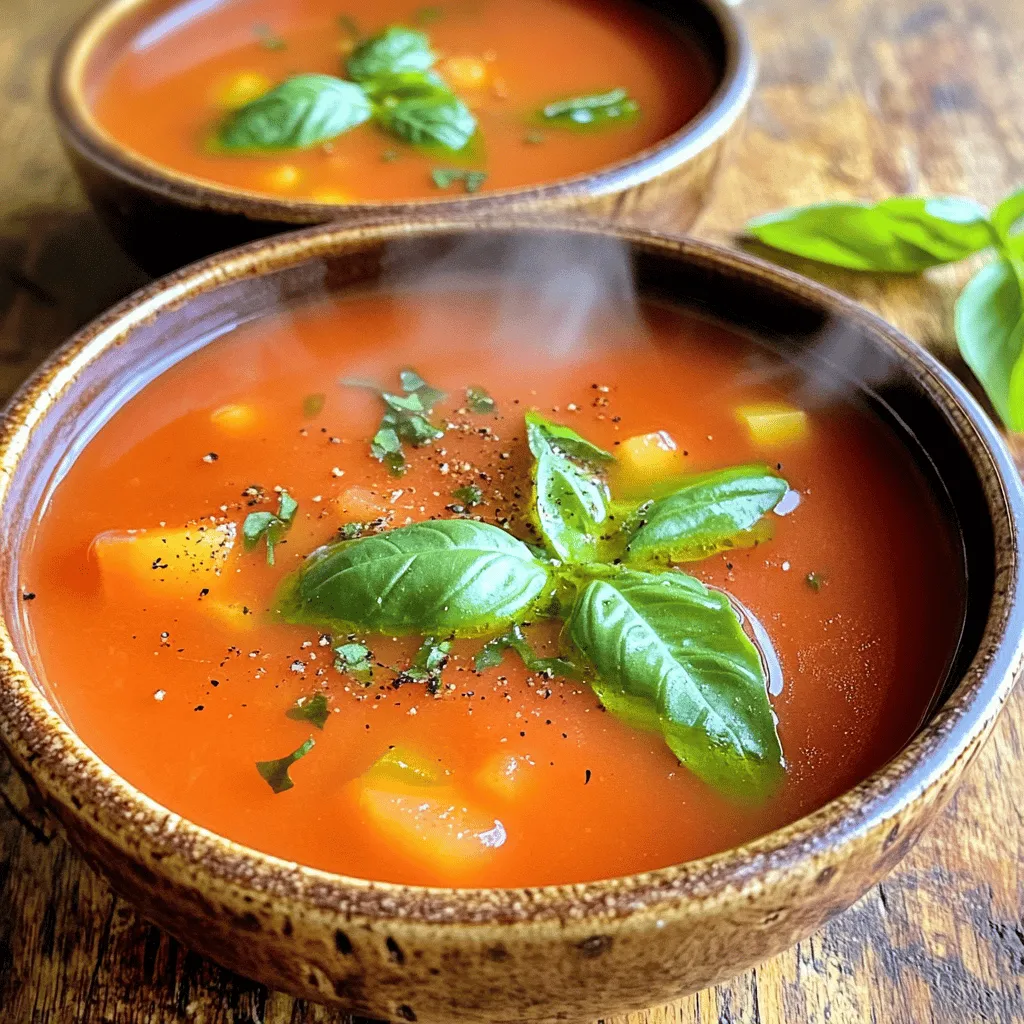 - 2 tablespoons extra virgin olive oil - 1 medium onion, finely chopped - 3 cloves garlic, minced - 2 cans (14 ounces each) diced tomatoes, including juice - 2 cups vegetable broth - 1 teaspoon granulated sugar - Salt and freshly ground black pepper to taste - 1 cup fresh basil leaves, tightly packed - 1 teaspoon balsamic vinegar - ½ cup heavy cream (optional) The ingredients for savory tomato basil soup are simple but full of flavor. Extra virgin olive oil adds richness, while onions and garlic give a great base. Diced tomatoes bring sweetness and acidity. Vegetable broth adds depth, making each spoonful satisfying. I like to add a teaspoon of sugar to balance the acidity of the tomatoes. Salt and pepper enhance the dish's taste. Fresh basil leaves make the soup bright and fragrant. A splash of balsamic vinegar adds a nice tang. If you want a creamy texture, heavy cream is a great choice. - Fresh basil sprigs - Drizzle of olive oil - Croutons Garnishes can elevate your soup's presentation. Fresh basil sprigs add color and aroma. A drizzle of olive oil gives it a finishing touch. Croutons add a delightful crunch, making each bite exciting. For the full recipe, check out the link. Cooking is about enjoying the process. With these ingredients, you can create a comforting bowl of soup that warms the heart. First, we need to sauté the onions and garlic. In a large pot, heat 2 tablespoons of extra virgin olive oil over medium heat. Once it’s hot, add 1 finely chopped onion. Cook the onion until it turns soft and clear, which takes about 5 minutes. Then, add 3 minced garlic cloves. Sauté for 1 more minute until you smell that great garlic aroma. Next, we add our tomatoes and broth. Pour in 2 cans of diced tomatoes, including the juice. Then, add 2 cups of vegetable broth to the pot. Stir in 1 teaspoon of granulated sugar. This will help balance the acidity of the tomatoes. Season with salt and freshly ground black pepper to taste. Now it’s time to season and simmer our soup. Increase the heat until the mixture starts to boil. Once it’s boiling, lower the heat and let it simmer uncovered for about 20 minutes. Stir occasionally to keep the soup from sticking. This simmering helps all the flavors blend nicely. After simmering, we blend until smooth. Use an immersion blender to purée the soup until it’s velvety smooth. If you don’t have one, you can use a standard blender. Just be careful and blend in batches. After blending, return the soup to the pot. Now let’s add the final touches. Add 1 cup of fresh basil leaves and 1 teaspoon of balsamic vinegar. Stir until the basil wilts slightly, adding a fresh taste. If you want a creamier soup, stir in ½ cup of heavy cream. Heat the soup gently and taste. Adjust the seasoning with salt and pepper if needed. Now you have a delicious Savory Tomato Basil Soup ready to serve! For the full recipe, check the previous section. To make your soup shine, balance its acidity with sugar. Adding just a teaspoon of granulated sugar helps counteract the tartness of tomatoes. This small step creates a smoother and sweeter taste. Choosing fresh basil is key too. Fresh basil adds brightness and depth. Look for vibrant green leaves that are free from brown spots. The aroma should be strong and sweet. When you tear the leaves, they release their oils, enhancing the soup's flavor. You have two great options for blending: an immersion blender or a regular blender. An immersion blender keeps your pot clean and is easy to use. Just blend the soup right in the pot. If you use a standard blender, ladle the soup in batches to avoid spills. No matter which method you choose, ensure a smooth texture. Blend until there are no lumps. A velvety soup feels rich and comforting, so take your time here. This soup pairs well with crusty bread or a fresh salad. A warm baguette on the side lets you soak up every drop of soup. For salads, consider a simple green mix with a light vinaigrette. You can also get creative with presentation. Ladle the soup into bowls and sprinkle fresh basil on top. Add crunchy croutons for texture and a drizzle of olive oil for flair. A swirl of cream on top adds a beautiful touch and extra creaminess. For the full recipe, check out the section above! {{image_4}} You can switch the broth for a richer taste. Use vegetable broth for a full flavor. You can also try mushroom broth. Adding more veggies brightens the soup. Think about carrots, bell peppers, or even zucchini. They add color and nutrients. Need a kick? Add herbs like oregano or thyme. These herbs boost the flavor. Red pepper flakes can bring heat. For more spice, toss in chopped jalapeños. Start with a little and taste as you go. This way, you control the heat. If you want a creamier soup, try dairy-free cream. Coconut milk or cashew cream works well. These options keep it rich without dairy. You can also thicken the soup with pureed beans or potatoes. This gives it a nice texture and adds nutrition. For the full recipe, check out the detailed instructions above! After enjoying your savory tomato basil soup, you may want to save some for later. Proper storage is key. - Refrigeration: Let the soup cool to room temperature. Then, transfer it to an airtight container. You can keep it in the fridge for about 3 to 5 days. - Freezing: For longer storage, freeze the soup. Use freezer-safe containers or bags. It keeps well for up to 3 months. Just remember to leave some space for expansion. When you are ready to enjoy your soup again, reheating properly helps keep the flavors intact. - Best methods: The stovetop is the best way to reheat soup. Pour the soup into a pot and warm over low heat, stirring often. You can also use a microwave, but stir halfway through to heat evenly. - Maintaining flavor and texture: If the soup seems thick, add a splash of vegetable broth or water while reheating. This helps keep the texture creamy and delicious. Always taste and adjust seasonings as needed! Feel free to explore the full recipe for more details on preparing this delightful dish! Store leftover savory tomato basil soup in an airtight container. Place it in the fridge. It stays fresh for up to five days. To reheat, warm it gently on the stove. Stir to keep it smooth and tasty. Yes, you can make savory tomato basil soup ahead of time. It actually tastes better after the flavors blend. Just let it cool, then store it in the fridge. You can make it a day or two in advance for a quick meal. To make savory tomato basil soup vegan-friendly, swap the heavy cream with coconut milk or a non-dairy cream. Ensure the vegetable broth is free of animal products. This keeps all the rich flavors, while making it plant-based. Savory tomato basil soup is packed with nutrients. A typical serving has about 150 calories. It has 4 grams of protein, 6 grams of fat, and 24 grams of carbs. It’s also a good source of vitamins A and C. To enhance the flavor of savory tomato basil soup, try adding fresh herbs like oregano or thyme. A pinch of red pepper flakes can add warmth. You can also squeeze in some fresh lemon juice for brightness. These small changes can make a big difference! For the full recipe, check the earlier section. This blog post covered the essential ingredients for savory tomato basil soup, along with step-by-step instructions. You learned tips for enhancing flavor, blending smoothly, and storing leftovers effectively. The post also explored variations to suit your taste. Now, you have the tools to create a delicious soup with fresh ingredients. Enjoy experimenting with flavors and make this dish your own. Happy cooking!