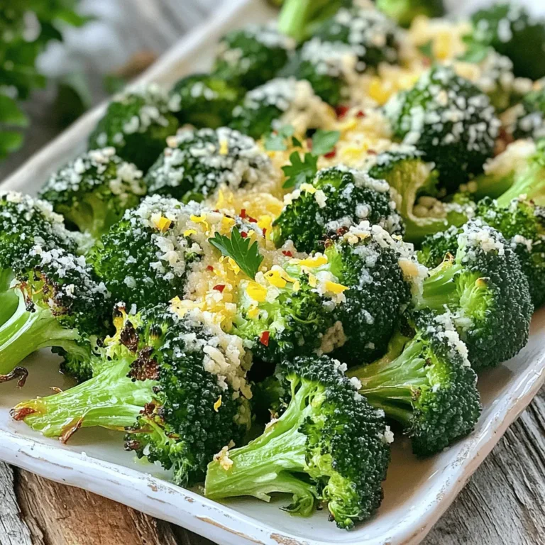 To make garlic Parmesan roasted broccoli, you need fresh items for the best taste. Gather these: - 2 large heads of broccoli, cut into bite-sized florets - 4 cloves fresh garlic, minced - Zest of 1 lemon - Fresh parsley, finely chopped (for garnish) These fresh ingredients bring bright flavors. The garlic adds a strong kick, while the lemon zest gives a nice zing. Next, you'll need some common kitchen items. These are simple to find: - 4 tablespoons extra virgin olive oil - ½ cup freshly grated Parmesan cheese - 1 teaspoon garlic powder - ½ teaspoon red pepper flakes (optional for heat) - Salt and freshly cracked black pepper, to taste These staples help enhance the dish. The olive oil is key for roasting, while the Parmesan gives that rich, cheesy flavor. For an extra touch, consider these garnishes: - Extra lemon slices for presentation - More grated Parmesan for a cheesier bite These additions make your dish shine. They also add a pop of color and flavor that make it more appealing. You can find the full recipe at [Full Recipe]. Start by setting your oven to 425°F (220°C). This hot temperature helps the broccoli roast well. A hot oven gives it a nice crisp. Take two large heads of broccoli and cut them into bite-sized florets. In a big bowl, mix the broccoli with four tablespoons of olive oil. Next, add four cloves of minced garlic, one teaspoon of garlic powder, and salt and pepper to taste. If you like some heat, toss in half a teaspoon of red pepper flakes. Use your hands or a spatula to mix everything well. Make sure each floret is coated with oil and spices. Spread the broccoli mixture evenly on a large baking sheet. This step helps each piece roast evenly. Place the baking sheet in the oven and roast for 15 to 20 minutes. Check if the broccoli is tender with a fork. It should have crispy edges, which means it’s done right. Once the broccoli is roasted, take it out of the oven. Immediately sprinkle half a cup of freshly grated Parmesan cheese over the hot broccoli. It melts beautifully. Put it back in the oven for another five minutes. This makes the cheese bubbly and delicious. Afterward, take it out, and brighten it up with lemon zest and chopped parsley on top. This step adds flavor and looks great. For the full recipe, you can refer to the instructions above! Roasting broccoli is easy, but a few tips help. First, always use fresh broccoli. Fresh florets taste better and roast nicely. Cut the broccoli into even pieces. This helps them cook at the same rate. If the pieces are too big, they may not get crispy. Use a large bowl to mix your ingredients. This gives you room to toss the broccoli without making a mess. To get those crispy edges, space the florets out on the baking sheet. If they are too close, they will steam instead of roast. A hot oven is key. Preheat your oven to 425°F (220°C) before placing the broccoli inside. Avoid opening the oven door often. Each time you open it, heat escapes, making it harder for the broccoli to crisp up. You can boost the flavor of your garlic Parmesan roasted broccoli. Add lemon zest for a fresh kick. Use different cheeses like cheddar or feta for a unique taste. If you like spice, mix in more red pepper flakes. You can also try herbs like thyme or oregano. Adding nuts like almonds or pine nuts gives a nice crunch. For more ideas, check the Full Recipe for options on enhancing flavors. {{image_4}} You can mix in other veggies for extra flavor and color. Try adding carrots, bell peppers, or cauliflower. Cut them to the same size as the broccoli. This helps them roast evenly. Toss them in with the broccoli and seasonings. The mix will make your dish more exciting and tasty. While Parmesan cheese adds a nice touch, you can switch it up. Try using Pecorino Romano for a sharper taste. You can also use cheddar or even feta. Each cheese brings a unique flavor that can change the whole dish. Just remember to grate or crumble it for easy melting. If you like heat, sprinkle in some cayenne or chili powder. You could also add smoked paprika for a different twist. Fresh herbs like thyme or rosemary can enhance the flavor too. Experimenting with spices can make this dish your own. A pinch of this or that can turn simple broccoli into a flavor-packed side. For the full recipe, check out Garlic Parmesan Roasted Broccoli 🧄. To store leftover garlic Parmesan roasted broccoli, let it cool first. Place it in an airtight container. Keep it in the fridge for up to three days. If you want to keep it longer, freezing is a good option. When you’re ready to eat the leftovers, preheat your oven to 350°F (175°C). Spread the broccoli on a baking sheet. Bake for about 10-15 minutes until it's hot. This keeps the broccoli crispy and delicious. You can also reheat it in the microwave. Just warm it for 1-2 minutes, but it may not be as crisp. If you want to freeze the roasted broccoli, place it in a single layer on a baking sheet. Freeze it for about an hour. Once frozen, transfer it to a freezer-safe bag. It can last for up to three months. When you’re ready to use it, thaw it in the fridge overnight and reheat as mentioned above. This way, you can enjoy garlic Parmesan roasted broccoli whenever you like! Find the full recipe to make this tasty dish. You can pair garlic Parmesan roasted broccoli with many dishes. It works well as a side with grilled chicken or fish. You can also serve it with pasta or a hearty grain like quinoa. For a complete meal, add a fresh salad. This combination makes a colorful and healthy plate. Yes, you can prepare garlic Parmesan roasted broccoli ahead. You can wash and cut the broccoli a day before. Store it in the fridge in an airtight container. You can also toss the florets with oil and seasonings ahead of time. Just roast them fresh when you are ready to serve. To keep broccoli green, blanch it first. Boil water and add the broccoli for two minutes. Then, place it in ice water to stop cooking. After that, dry the broccoli well before roasting. This method helps keep the bright green color. It enhances the visual appeal of your garlic Parmesan roasted broccoli. You can find the full recipe in the earlier section. Roasting broccoli brings out its best flavors with simple steps and fresh ingredients. You learned how to prepare and enhance your dish using pantry staples and optional garnishes. My tips help you achieve crispy edges and add your twist with different veggies or spices. Store leftovers easily, and you'll enjoy this dish anytime. Embrace your creativity, and make this roasted broccoli a go-to meal for any occasion.
