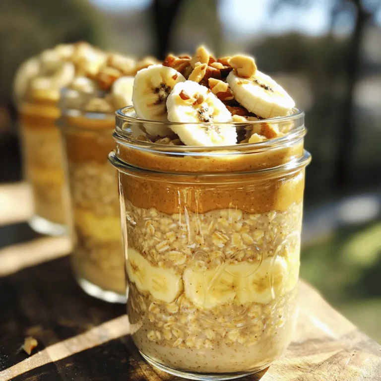 To make Peanut Butter Banana Overnight Oats, you need a simple set of ingredients: - 1 cup rolled oats - 1 ½ cups almond milk (or any milk of your choice) - 2 ripe bananas: 1 mashed and 1 sliced for topping - 3 tablespoons creamy peanut butter - 1 tablespoon honey or maple syrup (optional, for added sweetness) - 1 teaspoon chia seeds (optional, for added texture and nutrition) - ½ teaspoon ground cinnamon - A pinch of salt - Toppings: additional banana slices, chopped nuts (such as walnuts or almonds), and a drizzle of honey or maple syrup Each serving of Peanut Butter Banana Overnight Oats packs a healthy punch. Here’s a quick breakdown for one serving: - Calories: Approximately 380 - Protein: 12 grams - Carbohydrates: 55 grams - Fat: 15 grams - Fiber: 8 grams This meal is rich in good fats and fiber, making it a great breakfast choice. - Rolled oats: They provide long-lasting energy and are rich in fiber. This helps keep you full longer. - Peanut butter: It offers healthy fats and protein, which is great for muscle growth and repair. - Bananas: They are high in potassium and vitamin C, supporting heart health and boosting immunity. - Chia seeds: These tiny seeds add omega-3 fatty acids and additional fiber, enhancing heart health and digestion. These ingredients work together to create a meal that is tasty and beneficial for your body. You can enjoy this nutritious breakfast knowing it fuels your day well. If you want the full recipe, check out the details above. Making Peanut Butter Banana Overnight Oats is simple and fun. Start by gathering your ingredients. You will need rolled oats, almond milk, ripe bananas, creamy peanut butter, honey or maple syrup, chia seeds, ground cinnamon, and salt. 1. In a medium bowl, add 1 cup of rolled oats and 1 ½ cups of almond milk. If you want to include chia seeds for added nutrition, now is the time to add them. Mix these well. 2. Next, mash one banana and add it to the bowl. Then, spoon in 3 tablespoons of creamy peanut butter. If you like it sweeter, drizzle in 1 tablespoon of honey or maple syrup. Add ½ teaspoon of ground cinnamon and a pinch of salt. 3. Stir everything until it's creamy and well mixed. 4. Divide your mixture into two jars or bowls. Cover them tightly with lids or plastic wrap. 5. Place the jars in the fridge overnight or for at least 4 to 6 hours. This allows the oats to soak up the liquid and flavors. 6. When you're ready to eat, stir the oats again. Top with banana slices, nuts, or a drizzle of honey for extra taste. You can store your Peanut Butter Banana Overnight Oats in the fridge. They will stay fresh for up to 3 days. This makes them perfect for meal prep! When serving, use clear jars to show off the beautiful layers. Mixing is key to creamy oats. Make sure you mash the banana well before adding it to the mix. This ensures it blends smoothly. Stir the mixture thoroughly to avoid clumps. If you want to add different flavors, try using flavored yogurt or different nut butters. You can also adjust the sweetness by adding more or less honey or syrup. To get creamy oats, follow these tips: - Use rolled oats, not quick oats. Rolled oats absorb more liquid and create a better texture. - Soak oats overnight. This gives them time to soften and absorb flavors. - Stir well before eating. Mixing helps to combine all the flavors and smooths the texture. You can change the flavor of your oats easily. Here are some ideas: - Add cocoa powder for a chocolate twist. Just mix in a tablespoon before soaking. - Swap peanut butter for almond or cashew butter. Each nut butter brings its unique flavor. - Toss in berries or apples for fresh fruit taste. These add sweetness and texture. - Try spices like nutmeg or ginger for extra warmth and depth. A pinch goes a long way. Watch out for these common mistakes: - Skipping the soaking time. This step is key for creamy oats. - Using too much liquid. Stick to the recipe's measurements for best results. - Forgetting to stir. If you skip this, your toppings may sit on top instead of mixing in. - Not using ripe bananas. Ripe bananas add natural sweetness and creaminess. For a complete guide to making this delicious dish, check out the Full Recipe. Enjoy your cooking! {{image_4}} You can mix things up with other flavors. Try adding cocoa powder for a chocolate twist. If you like berries, toss in some strawberries or blueberries. You can also swap peanut butter for almond butter for a nutty change. Want a tropical vibe? Add coconut flakes and pineapple. These combos keep your breakfast fun and fresh. The type of milk you use can change the taste. Almond milk works great, but you can use oat milk or soy milk too. Dairy milk adds creaminess, while coconut milk brings a sweet flavor. Each milk type gives a unique touch to your oats. Feel free to experiment with what you have at home. Toppings can add crunch and flavor. Try adding chopped nuts like walnuts or almonds. Granola also gives a nice crunch. For sweetness, drizzle honey or maple syrup on top. You can sprinkle some chia seeds or ground flaxseed for extra nutrition. All these toppings make each bite exciting and tasty. For the complete recipe, check out the Full Recipe. To store your Peanut Butter Banana Overnight Oats, place them in airtight containers. Make sure to seal them well to keep the oats fresh. You can store them in the fridge for quick breakfasts or snacks. These oats last up to five days in the fridge. I recommend using glass jars or plastic containers. They help keep the oats from drying out. If you notice any changes in smell or texture, it’s best to toss them out. You can freeze these oats for up to three months. To do this, portion them into freezer-safe containers. Leave some space at the top, as the oats will expand when frozen. When you’re ready to eat, thaw them in the fridge overnight before enjoying. The Full Recipe makes meal prep easy and fun! Peanut Butter Banana Overnight Oats last for about 3 to 5 days in the fridge. Store them in airtight containers. The oats may thicken as they sit. If they become too thick, just add a splash of milk before eating. This makes them creamy again. Yes, you can use quick oats. They will cook faster and absorb liquid quicker. However, they may become a bit mushy compared to rolled oats. If you prefer a chewier texture, stick with rolled oats. You can use almond butter, sunflower seed butter, or cashew butter. Each option adds a unique flavor. If you need a nut-free choice, sunflower seed butter is great. Just pick what you like best! Yes, this recipe can be gluten-free. Make sure to choose certified gluten-free oats. Regular oats may contain gluten due to cross-contamination. Always check the labels to ensure they meet your needs. This blog post covered everything you need for Peanut Butter Banana Overnight Oats. We outlined the key ingredients and their health benefits, plus easy step-by-step instructions for preparation and serving. I shared tips to help you make creamy oats and avoid common mistakes. We explored fun variations and smart storage tips. In conclusion, try these oats for a tasty and healthy start. With simple ingredients and options, you can customize them to your liking. Enjoy your delicious creation and feel good about your choices!