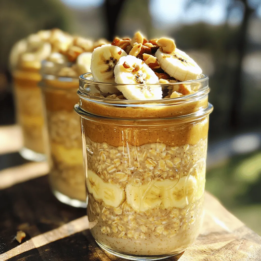 To make Peanut Butter Banana Overnight Oats, you need a simple set of ingredients: - 1 cup rolled oats - 1 ½ cups almond milk (or any milk of your choice) - 2 ripe bananas: 1 mashed and 1 sliced for topping - 3 tablespoons creamy peanut butter - 1 tablespoon honey or maple syrup (optional, for added sweetness) - 1 teaspoon chia seeds (optional, for added texture and nutrition) - ½ teaspoon ground cinnamon - A pinch of salt - Toppings: additional banana slices, chopped nuts (such as walnuts or almonds), and a drizzle of honey or maple syrup Each serving of Peanut Butter Banana Overnight Oats packs a healthy punch. Here’s a quick breakdown for one serving: - Calories: Approximately 380 - Protein: 12 grams - Carbohydrates: 55 grams - Fat: 15 grams - Fiber: 8 grams This meal is rich in good fats and fiber, making it a great breakfast choice. - Rolled oats: They provide long-lasting energy and are rich in fiber. This helps keep you full longer. - Peanut butter: It offers healthy fats and protein, which is great for muscle growth and repair. - Bananas: They are high in potassium and vitamin C, supporting heart health and boosting immunity. - Chia seeds: These tiny seeds add omega-3 fatty acids and additional fiber, enhancing heart health and digestion. These ingredients work together to create a meal that is tasty and beneficial for your body. You can enjoy this nutritious breakfast knowing it fuels your day well. If you want the full recipe, check out the details above. Making Peanut Butter Banana Overnight Oats is simple and fun. Start by gathering your ingredients. You will need rolled oats, almond milk, ripe bananas, creamy peanut butter, honey or maple syrup, chia seeds, ground cinnamon, and salt. 1. In a medium bowl, add 1 cup of rolled oats and 1 ½ cups of almond milk. If you want to include chia seeds for added nutrition, now is the time to add them. Mix these well. 2. Next, mash one banana and add it to the bowl. Then, spoon in 3 tablespoons of creamy peanut butter. If you like it sweeter, drizzle in 1 tablespoon of honey or maple syrup. Add ½ teaspoon of ground cinnamon and a pinch of salt. 3. Stir everything until it's creamy and well mixed. 4. Divide your mixture into two jars or bowls. Cover them tightly with lids or plastic wrap. 5. Place the jars in the fridge overnight or for at least 4 to 6 hours. This allows the oats to soak up the liquid and flavors. 6. When you're ready to eat, stir the oats again. Top with banana slices, nuts, or a drizzle of honey for extra taste. You can store your Peanut Butter Banana Overnight Oats in the fridge. They will stay fresh for up to 3 days. This makes them perfect for meal prep! When serving, use clear jars to show off the beautiful layers. Mixing is key to creamy oats. Make sure you mash the banana well before adding it to the mix. This ensures it blends smoothly. Stir the mixture thoroughly to avoid clumps. If you want to add different flavors, try using flavored yogurt or different nut butters. You can also adjust the sweetness by adding more or less honey or syrup. To get creamy oats, follow these tips: - Use rolled oats, not quick oats. Rolled oats absorb more liquid and create a better texture. - Soak oats overnight. This gives them time to soften and absorb flavors. - Stir well before eating. Mixing helps to combine all the flavors and smooths the texture. You can change the flavor of your oats easily. Here are some ideas: - Add cocoa powder for a chocolate twist. Just mix in a tablespoon before soaking. - Swap peanut butter for almond or cashew butter. Each nut butter brings its unique flavor. - Toss in berries or apples for fresh fruit taste. These add sweetness and texture. - Try spices like nutmeg or ginger for extra warmth and depth. A pinch goes a long way. Watch out for these common mistakes: - Skipping the soaking time. This step is key for creamy oats. - Using too much liquid. Stick to the recipe's measurements for best results. - Forgetting to stir. If you skip this, your toppings may sit on top instead of mixing in. - Not using ripe bananas. Ripe bananas add natural sweetness and creaminess. For a complete guide to making this delicious dish, check out the Full Recipe. Enjoy your cooking! {{image_4}} You can mix things up with other flavors. Try adding cocoa powder for a chocolate twist. If you like berries, toss in some strawberries or blueberries. You can also swap peanut butter for almond butter for a nutty change. Want a tropical vibe? Add coconut flakes and pineapple. These combos keep your breakfast fun and fresh. The type of milk you use can change the taste. Almond milk works great, but you can use oat milk or soy milk too. Dairy milk adds creaminess, while coconut milk brings a sweet flavor. Each milk type gives a unique touch to your oats. Feel free to experiment with what you have at home. Toppings can add crunch and flavor. Try adding chopped nuts like walnuts or almonds. Granola also gives a nice crunch. For sweetness, drizzle honey or maple syrup on top. You can sprinkle some chia seeds or ground flaxseed for extra nutrition. All these toppings make each bite exciting and tasty. For the complete recipe, check out the Full Recipe. To store your Peanut Butter Banana Overnight Oats, place them in airtight containers. Make sure to seal them well to keep the oats fresh. You can store them in the fridge for quick breakfasts or snacks. These oats last up to five days in the fridge. I recommend using glass jars or plastic containers. They help keep the oats from drying out. If you notice any changes in smell or texture, it’s best to toss them out. You can freeze these oats for up to three months. To do this, portion them into freezer-safe containers. Leave some space at the top, as the oats will expand when frozen. When you’re ready to eat, thaw them in the fridge overnight before enjoying. The Full Recipe makes meal prep easy and fun! Peanut Butter Banana Overnight Oats last for about 3 to 5 days in the fridge. Store them in airtight containers. The oats may thicken as they sit. If they become too thick, just add a splash of milk before eating. This makes them creamy again. Yes, you can use quick oats. They will cook faster and absorb liquid quicker. However, they may become a bit mushy compared to rolled oats. If you prefer a chewier texture, stick with rolled oats. You can use almond butter, sunflower seed butter, or cashew butter. Each option adds a unique flavor. If you need a nut-free choice, sunflower seed butter is great. Just pick what you like best! Yes, this recipe can be gluten-free. Make sure to choose certified gluten-free oats. Regular oats may contain gluten due to cross-contamination. Always check the labels to ensure they meet your needs. This blog post covered everything you need for Peanut Butter Banana Overnight Oats. We outlined the key ingredients and their health benefits, plus easy step-by-step instructions for preparation and serving. I shared tips to help you make creamy oats and avoid common mistakes. We explored fun variations and smart storage tips. In conclusion, try these oats for a tasty and healthy start. With simple ingredients and options, you can customize them to your liking. Enjoy your delicious creation and feel good about your choices!