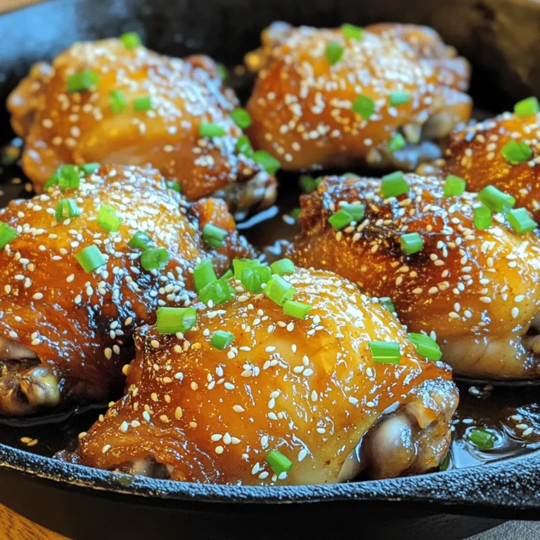 For this tasty dish, you need just a few key ingredients: - 4 bone-in, skin-on chicken thighs - 1/4 cup honey - 1/4 cup soy sauce - 4 cloves garlic, minced - 1 tablespoon fresh ginger, minced - 1 tablespoon apple cider vinegar - 2 tablespoons sesame oil - Salt and pepper, to taste These ingredients create a sweet and savory flavor that makes the chicken shine. The honey gives a nice glaze, while soy sauce adds depth. Garlic and ginger bring warmth and spice to the mix. To elevate your Honey Garlic Chicken Thighs, consider these garnishes: - 1 tablespoon sesame seeds (for garnish) - 2 green onions, sliced (for garnish) These toppings add a fresh crunch and a pop of color. You can also serve the chicken with steamed rice or vegetables for a complete meal. Feel free to add your favorite sides to make it your own! If you’re missing an ingredient, here are some easy swaps: - Use chicken breasts if you prefer leaner meat. - Maple syrup can replace honey for a different sweetness. - Tamari works well if you need a gluten-free option for soy sauce. - Instead of apple cider vinegar, try rice vinegar or lemon juice for a tangy twist. These substitutions keep the dish delicious while allowing you to use what you have at home. For the full recipe, check out the details provided earlier. First, we need to marinate the chicken. In a big bowl, mix honey, soy sauce, minced garlic, minced ginger, apple cider vinegar, and sesame oil. Whisk this mixture well. Next, take your chicken thighs. Season them with salt and pepper on both sides. Now, put the thighs in the marinade. Make sure they are fully coated. For the best flavor, let them sit in the fridge for at least 30 minutes, or up to 2 hours. This helps the chicken absorb all that tasty goodness. While the chicken is marinating, preheat your oven to 400°F (200°C). This step is key for even cooking. Once done, grab a large ovenproof skillet. Heat it over medium-high heat. Take the chicken thighs out of the marinade, but keep the marinade for later. Place the thighs skin-side down in the hot skillet. Sear them for about 5 minutes until the skin gets golden and crisp. After that, flip each thigh and sear the other side for another 5 minutes. This browning adds flavor. Now, it’s time to bake the chicken. Pour the reserved marinade over the seared chicken thighs. Ensure they are well coated. Move the skillet into the preheated oven. Bake for 25-30 minutes. Check the internal temperature; it should reach 165°F (74°C). To make it even tastier, baste the chicken with the pan sauce halfway through cooking. After baking, take the skillet out of the oven. Let the chicken rest for a few minutes. This step keeps the meat juicy. Before serving, sprinkle sesame seeds and sliced green onions on top. This adds a nice touch. You can find the full recipe [Full Recipe]. Searing chicken is key to great flavor. Start with a hot skillet. Use medium-high heat to get that nice sizzle when the chicken hits the pan. Place the thighs skin-side down first. This helps to create a crispy skin. Sear for about five minutes without moving them. Flip the chicken and sear the other side for another five minutes. You want a golden brown color. To keep your chicken thighs tender, marinate them well. The honey and soy sauce mix adds moisture. Let them soak for at least 30 minutes. For the best taste, aim for two hours. When cooking, avoid overcooking. Use a meat thermometer to check for 165°F. Let the chicken rest after cooking. This helps the juices stay inside. Basting adds extra flavor and moisture. Halfway through baking, use a spoon to scoop the pan sauce and drizzle it over the chicken. This keeps it juicy and helps build a rich taste. You can do this a few times for the best results. The sauce will soak into the chicken, making each bite delicious. For the full recipe, check out the honey garlic chicken thighs. {{image_4}} You can add veggies for a complete meal. Think of carrots, bell peppers, or broccoli. Simply chop them into bite-size pieces. Toss them in the marinade with the chicken. When you bake the chicken, the vegetables soak up all that honey garlic flavor. This makes them tender and tasty. You can also roast them on a separate tray if you want them crispy. Want some heat? Add red pepper flakes or sriracha to the marinade. Start with a small amount, then taste it. You can always add more. This spicy twist gives your chicken a kick. It pairs well with rice or cooling sides like cucumber salad. You can grill the chicken for a smoky flavor. Marinate as usual, then grill on medium heat. Cook until the thighs reach 165°F (74°C). If you prefer a slow cooker, place the marinated chicken in it. Set it on low for 6-8 hours or high for 4 hours. Both methods yield juicy chicken with that sweet and savory taste. For more details on making this dish, check the Full Recipe. To keep your honey garlic chicken thighs fresh, place them in an airtight container. Make sure the chicken is cool before storing. If you have extra marinade, you can keep that too. Store everything in the fridge for up to three days. This keeps the flavors intact and ready for your next meal. When you reheat, aim for juicy thighs. The oven or stovetop works best. Preheat your oven to 350°F (175°C). Place the chicken in a baking dish and cover it with foil. Heat for about 15-20 minutes. For the stovetop, use medium heat. Add a splash of water to keep moisture. Cook until the chicken is hot throughout. Freezing is a great option for longer storage. Place the cooled chicken thighs in a freezer-safe bag. Make sure to remove as much air as you can. Label the bag with the date. You can freeze for up to three months. When ready to eat, thaw in the fridge overnight. Then, reheat as mentioned above for the best taste. I recommend marinating the chicken for at least 30 minutes. For the best flavor, let it sit for up to 2 hours. This time allows the chicken to soak up the honey and garlic flavors. The longer it marinates, the tastier it becomes. Yes, you can use chicken breast. Chicken breasts cook faster than thighs, so check them sooner. They may lack the same richness as thighs, but the dish will still be great. Just ensure you don’t overcook them to keep them tender. I love serving this dish with steamed rice or roasted vegetables. The rice soaks up the sauce well. You can also try a fresh salad or sautéed greens for a nice contrast. Any of these sides will round out your meal perfectly. For more ideas, check the Full Recipe for inspiration. You learned the key ingredients for honey garlic chicken thighs and their swaps. We explored the steps to marinate, prepare, and bake perfectly juicy thighs. Tips on cooking techniques and variations help you create your dish. Lastly, storage options ensure you enjoy leftovers. Remember, your choice of sides can enhance the flavors. Dive in and make this dish your own. Enjoy your tasty creation!