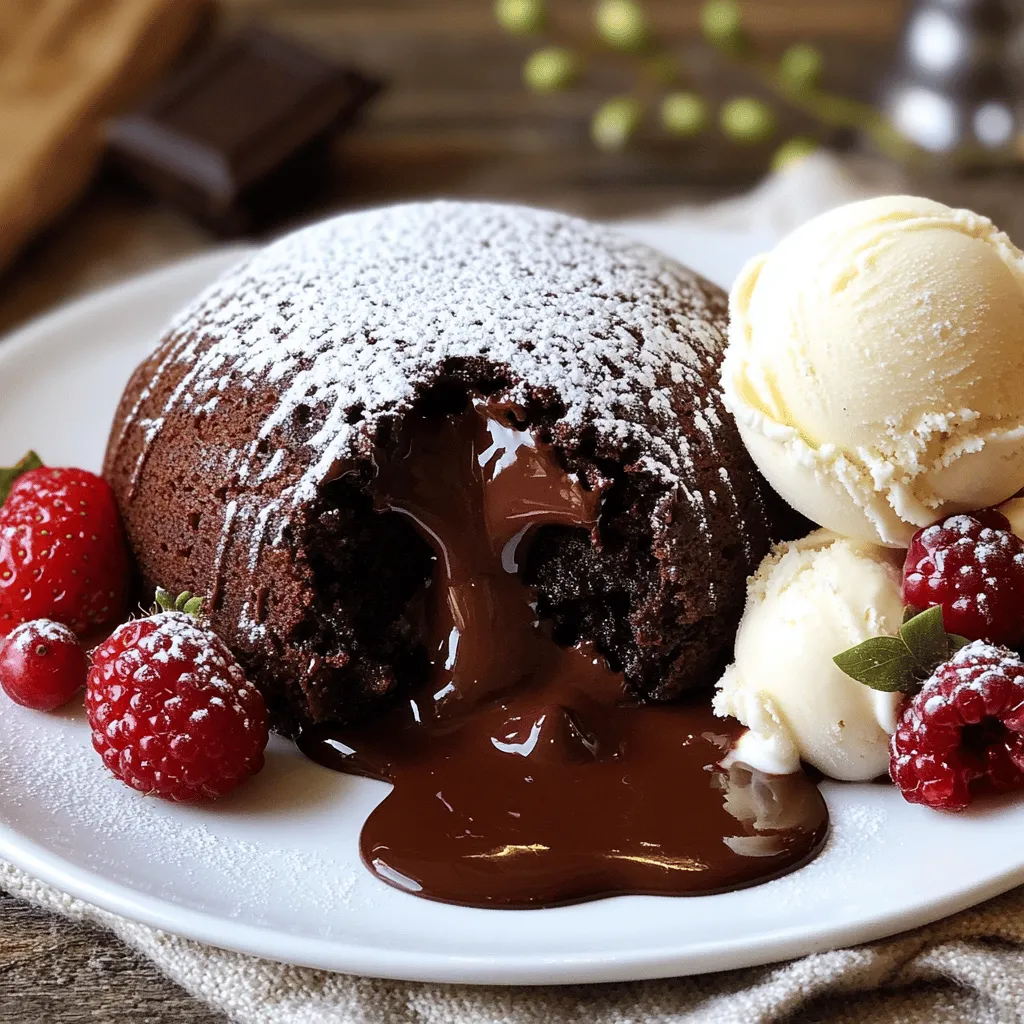 - 1/2 cup unsalted butter (plus extra for greasing) - 1 cup semi-sweet chocolate chips - 2 large eggs - 2 large egg yolks - 1/4 cup granulated sugar - 2 tablespoons all-purpose flour - 1 teaspoon vanilla extract - Pinch of salt - Powdered sugar (for dusting) - Vanilla ice cream (for serving) Chocolate lava cake needs simple yet rich ingredients. Start with unsalted butter and semi-sweet chocolate chips. These two create the heart of the cake. The eggs and egg yolks add richness and help the cake rise. Granulated sugar sweetens the mix. All-purpose flour gives the cake structure. A touch of vanilla adds depth, while a pinch of salt enhances all the flavors. Dusting with powdered sugar adds a nice finish, and pairing with vanilla ice cream makes it even better. - Ramekins - Baking sheet - Microwave-safe bowl - Whisk For this recipe, you'll need a few essential tools. Ramekins are key for baking and serving the cake. A baking sheet makes it easy to move the ramekins in and out of the oven. A microwave-safe bowl helps melt the chocolate with ease. Finally, a whisk is perfect for mixing the eggs and sugar until they are fluffy and light. If you want to impress your guests, this chocolate lava cake recipe is an excellent choice. For the full recipe, make sure to check out the details! - Preheat your oven to 425°F (220°C). - Generously grease four ramekins with unsalted butter. - Place the ramekins on a baking sheet for easy handling. - In a microwave-safe bowl, melt the chocolate and butter together. - Heat in 30-second bursts, stirring well each time until smooth. - In another bowl, whisk the eggs, egg yolks, and sugar until thick. - This should take about 2-3 minutes. - Carefully pour the melted chocolate into the egg mixture. - Stir gently until the mixtures are smooth and well combined. - Add the flour, vanilla, and a pinch of salt to the mixture. - Fold gently to keep the batter light. - Evenly fill each ramekin about three-quarters full with the batter. - Bake in the preheated oven for 12-14 minutes. - The edges should be firm while the centers stay soft and jiggly. - After baking, let the cakes cool for 1 minute. - Carefully invert each ramekin onto a dessert plate. - Dust with powdered sugar for a lovely finish. - Serve with vanilla ice cream to enhance the rich chocolate flavor. - For a pretty touch, add fresh berries or mint leaves. For the complete guide, check the Full Recipe. To achieve that perfect gooey center, timing is key. Bake the cakes for 12-14 minutes. Keep an eye on them. The edges should be firm, but the center must remain soft and slightly jiggly. If you see a little wiggle, that’s a good sign. You want that luscious flow when you cut into the cake. One common mistake is overmixing the batter. Mix just until combined; this keeps the cake light. Another issue is not greasing the ramekins well. If they stick, your beautiful cakes won’t come out right. Use plenty of butter to coat the ramekins. This ensures they release easily. You can add spices or extracts to change the flavor. A pinch of cinnamon or a splash of orange extract makes a huge difference. Try adding a surprise filling, like peanut butter or caramel. This adds a unique twist and boosts the joy of each bite. Experiment and find your favorite flavors! {{image_4}} You can switch up the chocolate for your lava cake. Here are two great options: - Dark chocolate version: Use dark chocolate for a richer taste. It adds depth and a slight bitterness, balancing the sweetness. - White chocolate lava cake: For a sweeter twist, try white chocolate. It creates a creamy, smooth lava that melts in your mouth. Adding different fillings can make your lava cake even more exciting. Here are some ideas: - Peanut butter or caramel center: Replace the chocolate center with creamy peanut butter or luscious caramel. This adds a nutty or sweet surprise that will delight everyone. - Fruit-infused variations: You can add fruit puree to the center. Raspberry or strawberry puree gives a fresh, fruity burst alongside the rich chocolate. You can still enjoy lava cake if you have dietary needs. Here are some ideas: - Gluten-free alternatives: Replace all-purpose flour with gluten-free flour. It works just as well and keeps your cake delicious. - Vegan lava cake options: Use flax eggs in place of regular eggs and coconut oil instead of butter. This way, you can make a tasty vegan version without losing the molten center. For more ways to make this dessert, check out the Full Recipe. To keep leftover chocolate lava cakes fresh, follow these steps. First, let the cakes cool completely at room temperature. This helps avoid condensation. Next, wrap each cake tightly in plastic wrap. You can also place them in an airtight container. Store them in the fridge for up to three days. If you want to save them longer, freeze them for up to two months. Just make sure to label them with the date. When you're ready to enjoy them, thaw in the fridge overnight if frozen. To reheat your lava cakes and keep that gooey center, start with your oven. Preheat it to 350°F (175°C). Place the ramekins on a baking sheet. Heat them for about 10-12 minutes. Check the cakes to ensure they are warm but not overcooked. You want that molten center to flow perfectly. If you're in a rush, you can also use the microwave. Heat each cake for about 20-30 seconds. Be careful not to overheat, as this can cook the center. Enjoy your delicious lava cakes warm! A chocolate lava cake is a small cake with a gooey, molten center. When you cut into it, warm chocolate flows out. This cake is often rich and soft, making it a favorite dessert. Many people love it because it mixes the textures of cake and molten chocolate. The inside stays soft while the outside is firm. It is a delightful treat that brings joy to every party. Yes, you can make the batter ahead of time. Prepare the batter and fill the ramekins. Cover them with plastic wrap and store them in the fridge. When you are ready to bake, just remove them from the fridge and bake them straight away. This saves time and allows you to enjoy the moment without stress. Check for firm edges and a soft, jiggly center. The top should look set, but the middle needs to move slightly when you shake it. If you bake it too long, the center will not be gooey. Follow the baking time in the recipe closely for the best results. Eating undercooked lava cake can be risky due to eggs. The center may not be fully cooked. Make sure to use fresh eggs to lower the risk of foodborne illness. If you prefer, you can cook the cake a bit longer. This way, you can enjoy a firmer center while still keeping it warm and delicious. Many bakeries and restaurants serve excellent chocolate lava cake. Look for places that are known for their desserts. Some popular chains offer great versions too. If you want to try making it at home, follow the Full Recipe for a delightful experience. You’ll impress your friends and family with your baking skills! You learned how to make rich chocolate lava cakes from scratch. We covered the key ingredients, tools, and step-by-step instructions. You also discovered tips for perfecting your cakes and variations to try. Remember to avoid common mistakes and store any leftovers properly. With practice, you can enjoy warm, gooey goodness at home. So, grab your ramekins and get baking! Your delicious dessert awaits.
