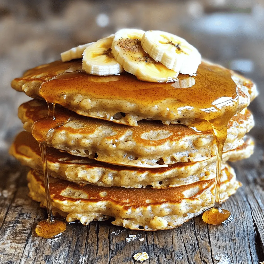 - 1 cup rolled oats - 1 ripe banana, mashed (about 1/2 cup) - 1 cup milk (dairy or plant-based) - 1 tablespoon honey or maple syrup (optional) - 1 teaspoon baking powder - 1/2 teaspoon ground cinnamon - 1/4 teaspoon salt - 1 large egg - 1 teaspoon vanilla extract - Cooking spray or oil for the skillet Alternative to rolled oats: You can use quick oats if you're in a hurry. They blend well but may create a softer pancake. Dairy-free milk options: Almond milk, soy milk, or oat milk work great. Choose the one you like best. Sweetener alternatives: If you want to skip honey or maple syrup, try mashed dates or agave syrup. Adjust based on your taste preference. To start, you need to make oat flour. Place 1 cup of rolled oats in a blender. Blend them on high until they look like fine flour. This step is key. The right consistency helps the pancakes rise and stay fluffy. If the flour is too coarse, your pancakes might turn out dense. Next, it’s time to mix the ingredients. In a large bowl, add the oat flour you made. Then, add the mashed banana, milk, and other ingredients. Mix them well using a whisk or spatula. You want a smooth batter, free of lumps. The right texture is thick but pourable. Now, let’s cook! Preheat a non-stick skillet over medium heat. Lightly grease it with cooking spray or a bit of oil. Once hot, pour about 1/4 cup of batter for each pancake. Cook for 2-3 minutes. Look for bubbles on the surface. That means it’s time to flip. When flipping, use a spatula and be gentle. Cook for another 1-2 minutes until golden brown. If you notice any burning, lower the heat a bit. Keep pancakes warm on a plate while you cook the rest. Enjoy your delicious banana oatmeal pancakes! For the full recipe, check the earlier section. To make the best banana oatmeal pancakes, focus on the batter's consistency. You want it thick but pourable. If it’s too runny, add a bit more oat flour. If it’s too thick, mix in a splash of milk. This will help you flip them easily. Using fresh ingredients also makes a big difference. A ripe banana offers great sweetness and flavor. Milk should be fresh too. Fresh eggs help the pancakes rise and stay fluffy. For toppings, the options are endless! You can try fresh fruits like sliced strawberries, blueberries, or even mango. A drizzle of maple syrup or honey adds sweetness. For a creamy touch, add a dollop of yogurt. Pair your pancakes with sides for a complete meal. Eggs add protein and go great with pancakes. Crispy bacon brings a nice salty flavor that contrasts well with the sweet pancakes. Be careful not to overcook or undercook your pancakes. If they are too dark, they can taste burnt. If they are too light, they may be raw inside. Cook them until they are golden brown and firm. Also, remember to grease the skillet well. This stops the pancakes from sticking. If they stick, they can break apart when you flip them. A light spray of oil or cooking spray works well. For the Full Recipe, look at the earlier section! {{image_4}} You can add fun twists to your banana oatmeal pancakes. Try mixing in chocolate chips for a sweet treat. Nuts like walnuts or pecans add a great crunch. You can also experiment with spices. A dash of nutmeg or ginger gives your pancakes a warm flavor. If you need gluten-free options, use certified gluten-free oats. This makes the pancakes safe for everyone. For a vegan version, swap the egg with a flaxseed meal. Mix one tablespoon of flaxseed with three tablespoons of water and let it sit to thicken. Use plant-based milk like almond or soy to keep it vegan. Using seasonal fruits can spice up your pancakes. In the fall, add pumpkin puree or spices like cinnamon and nutmeg. In spring or summer, use fresh berries or sliced peaches. Each season brings new flavors to enjoy in these delicious pancakes. To store leftover banana oatmeal pancakes, let them cool first. Place the pancakes in a single layer on a plate. Cover them with plastic wrap or foil. You can refrigerate them for up to three days. For longer storage, use an airtight container. This keeps them fresh and prevents them from drying out. For the best taste, reheat pancakes in a skillet. Heat the skillet on medium-low. Add a touch of oil or cooking spray to prevent sticking. Place pancakes in the skillet for 1-2 minutes on each side. You can also use a microwave. Heat on high for about 30 seconds to 1 minute. Check to make sure they are warm throughout. To freeze banana oatmeal pancakes, stack them with parchment paper between each one. This helps to separate them. Place the stack in a freezer-safe bag or container. Make sure to remove as much air as possible. You can freeze them for up to three months. To thaw, leave them in the fridge overnight or microwave for a few seconds. This way, you can enjoy your pancakes anytime! For the complete recipe, check [Full Recipe]. You can store banana oatmeal pancakes in the fridge for about three days. Make sure to place them in an airtight container to keep them fresh. For longer storage, consider freezing them. They can stay good in the freezer for up to two months. Just remember to separate each pancake with parchment paper to prevent sticking. Yes, you can prepare the batter a few hours in advance. Store it in the fridge until you're ready to cook. This saves time in the morning. Just give the batter a quick stir before using, as it might thicken a bit while sitting. To make your pancakes light and fluffy, be careful not to overmix the batter. Mix just until the ingredients combine. Also, let the batter rest for a few minutes. This helps the baking powder activate and creates air pockets, making your pancakes rise better. Absolutely! Doubling the recipe is easy. Just multiply each ingredient by two. This is perfect for family breakfasts or meal prep. You can store any extras for later, too. The egg helps bind the ingredients and adds some fluffiness. However, if you want to skip it, you can use a flax egg or applesauce. A flax egg is made by mixing one tablespoon of ground flaxseed with three tablespoons of water. Let it sit for five minutes to thicken. This blog post walked you through making banana oatmeal pancakes. We covered the ingredients, tips, and cooking steps in detail. You saw how to mix and match ingredients to fit your taste or diet. Perfect pancakes depend on the right texture, cooking time, and fresh flavors. Remember, these pancakes are easy to make and can be stored or frozen, too. Enjoy experimenting with variations and toppings. Happy cooking!