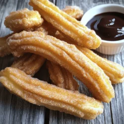 To make delicious cinnamon sugar churros, you need a few key items. Here’s the list: - 1 cup water - 2 tablespoons granulated sugar (for dough) - 1/2 teaspoon salt - 1/4 cup unsalted butter - 1 cup all-purpose flour - 2 large eggs - 1 teaspoon vanilla extract - Oil for frying - 1/2 cup granulated sugar (for coating) - 1 tablespoon ground cinnamon Each ingredient plays a special role. The water and butter create a rich dough. The sugar gives it sweetness, while the eggs help it rise. The flour provides structure, making churros light and airy. The cinnamon sugar coating adds a warm flavor. If you lack an ingredient, don’t worry! You can swap some items. Here are a few ideas: - Instead of butter, use coconut oil or margarine. - You can replace all-purpose flour with gluten-free flour. - For a sugar-free option, try using a sweetener like erythritol. These swaps can help you enjoy churros even if you have dietary needs. Want to get creative? You can add some fun flavors to your churros. Here are some options: - Mix in some orange zest for a citrus twist. - Add a touch of almond extract for a nutty flavor. - Try incorporating chocolate chips into the dough for a sweet surprise. These add-ins can take your churros to a whole new level of deliciousness! For the full recipe, check out the instructions provided. To make the dough, start by gathering your ingredients. You need water, sugar, salt, and butter. In a medium saucepan, mix these together. Heat the pan on medium until the butter melts. Keep stirring until the mixture boils. It should bubble up nicely. Once it's boiling, take it off the heat. Add the flour and stir with a wooden spoon. Keep mixing until it forms a ball. This dough should pull away from the sides of the pan. Let it cool for five minutes. Then, add the eggs, one at a time. Stir hard after each egg until it’s smooth. Finally, add the vanilla extract for flavor. Now it's time to fry! Get a deep frying pan and fill it with oil. You want the oil hot, around 350°F or 175°C. While the oil heats, put your dough into a pastry bag with a star tip. When the oil is ready, carefully pipe 5-inch strips of dough into it. Use kitchen scissors to cut the dough as you go. Fry each churro for about 2-3 minutes on each side. Turn them so they cook evenly. They should look golden brown when done. Use a slotted spoon to take them out. Let them drain on paper towels to soak up extra oil. While the churros cool, mix sugar and cinnamon in a shallow dish. You need 1/2 cup of sugar and 1 tablespoon of cinnamon. Once the churros are warm, roll them in the cinnamon sugar mixture. Make sure they are well coated. This gives them that sweet, crunchy finish. Serve the churros right away for the best taste. For a treat, dip them in chocolate sauce. You can find the full recipe [here](#). To get churros that are crispy on the outside, follow these key steps. First, make sure your oil is hot enough, around 350°F (175°C). This helps the churros fry quickly, sealing in moisture. Second, fry the churros in small batches. This keeps the oil temperature steady. If you crowd the pan, they may turn soggy. Finally, let them drain on paper towels after frying. This removes excess oil and keeps them crispy. Many people make simple mistakes when making churros. One common error is not letting the dough rest before frying. This can lead to dense churros. Another mistake is piping the dough too thick. Thin strips fry better and have a nice crunch. Lastly, don’t skip the cinnamon sugar coating. It adds flavor that makes churros truly special. Churros are best served warm right after frying. Pair them with a rich chocolate sauce for dipping. You can also serve churros with a scoop of vanilla ice cream for a fun dessert. For a twist, try adding fruit or whipped cream on top. If you want a drink with your churros, hot chocolate or coffee works great. Get creative and enjoy your delicious treats! For the full recipe, check out the detailed instructions that bring these crispy and delicious churros to life! {{image_4}} You can add a fun twist to your churros by dipping them in chocolate. For this, melt some good-quality chocolate in a bowl. Once the churros cool slightly, dip one end into the melted chocolate. Place them on parchment paper to set. This adds a rich flavor and makes them even more exciting. Stuffing churros can make them extra special. You can fill them with chocolate or cream. After frying, use a piping bag to inject your filling into the churro. Choose a sweet cream or a rich chocolate ganache. This makes each bite a delightful surprise. If you need a gluten-free option, swap the all-purpose flour for a gluten-free blend. Many blends work well in this recipe. Just make sure your other ingredients are also gluten-free. Try to keep the same cooking method and enjoy delicious churros without the gluten. For the complete guide to making these tasty snacks, check the Full Recipe. Store leftover churros in an airtight container. This keeps them fresh and prevents them from getting soggy. You can place a paper towel in the container to absorb extra moisture. If you plan to eat them within a day or two, this method works well. If you need to keep them longer, consider freezing. To reheat churros, preheat your oven to 350°F (175°C). Place the churros on a baking sheet. Heat them for about 5 to 10 minutes. This makes them warm and crispy again. Avoid the microwave, as it can make them chewy instead of crunchy. You can freeze churros for up to two months. Place them in a single layer on a baking sheet. Freeze them for about an hour until firm. Then, transfer them to a freezer bag or container. When ready to eat, follow the reheating tips. Enjoy them fresh and crispy anytime! Churros taste best when fresh. They stay good for about 1 day at room temperature. After that, they might get soft. Store them in an airtight container to keep them for a bit longer. If you want to keep them fresh for more days, freeze them. Just make sure to wrap them well. Yes, you can bake churros! Baking makes them a bit healthier. Just pipe them onto a baking sheet. Bake at 375°F (190°C) for about 20 minutes. They won't be as crispy, but they still taste great. For extra flavor, brush them with melted butter and roll them in cinnamon sugar right after baking. The best oil for frying churros is one with a high smoke point. Canola oil and vegetable oil work well. They heat up nicely and don't burn easily. Avoid oils with strong flavors, like olive oil. You want your churros to shine with their own taste, not the oil's. Cinnamon sugar churros are easy to make and fun to eat. We covered key ingredients, simple steps, and helpful tips. You can change the recipe with fun add-ins or variations. Want to keep them fresh? Storing and reheating ideas keep them tasty for later. Remember, every churro can be special! With practice, you’ll master this treat and impress others with your skills. Enjoy making churros for friends and family. Their smiles will be your best reward. Now, grab your ingredients and start cooking!