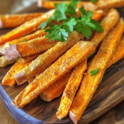 - 2 large sweet potatoes - 2 tablespoons olive oil - 1 teaspoon garlic powder - 1 teaspoon smoked paprika - ½ teaspoon cayenne pepper (optional) - Salt and freshly ground black pepper - Fresh parsley for garnish Using a kitchen scale is key for accurate measurements. It helps ensure your fries cook evenly. If you're making a big batch, convert the measurements easily by multiplying each ingredient. This way, you can serve more people without guesswork. A serving of baked sweet potato fries has about 150 calories. They offer a good mix of carbs, fiber, and vitamins. Sweet potatoes are rich in vitamin A, which is great for your eyes. They also have antioxidants that help keep you healthy. To start, peel your sweet potatoes. A good peeler helps you get the skin off easily. Next, slice the potatoes into fries. Aim for uniform sizes. This helps them cook evenly. If some fries are thicker, they won’t crisp up as well. Now, let's talk flavor. Pour olive oil over the fries in a bowl. This helps them get crispy. Add garlic powder and smoked paprika for taste. If you like some heat, sprinkle in cayenne pepper. Salt and black pepper are also key. Mix well so every fry is coated in flavor. Set your oven to 425°F (220°C). Place the seasoned fries on a lined baking sheet. Make sure they are in a single layer. This spacing helps them crisp up nicely. Bake for 20–25 minutes. Flip the fries halfway through. This ensures they brown evenly. They should look golden and crunchy when done. To make your fries crispy, oil is key. Use just enough to coat each fry. I recommend 2 tablespoons of olive oil for two large sweet potatoes. Space the fries well on the baking sheet. This helps the hot air circulate and gives them a nice crunch. Place your baking sheet in the middle of the oven. This spot ensures even heat during baking. One big mistake is overcrowding the baking sheet. If you pile the fries too close, they will steam instead of crisp. Make sure each fry has space around it. Another mistake is not flipping the fries. Flipping them halfway through baking helps them cook evenly. This way, you get that golden color on both sides. These fries pair well with many dips. Try them with spicy aioli or classic ketchup. You can also get creative! Top the fries with cheese, herbs, or even chili for a fun twist. Enjoy these delicious fries as a snack or side dish. For the full recipe, check out the earlier section. {{image_4}} You can change the flavor of your sweet potato fries easily. Try making them spicy, herbed, or cheesy. For spicy fries, add more cayenne pepper or chili powder. For herbed fries, mix in dried herbs like oregano or thyme. You can even sprinkle cheese on top before baking for a cheesy twist. The options are endless! Mixing different spices also gives you diverse flavors. Experiment with cumin, cinnamon, or even curry powder. Each spice adds a new taste to your fries. If you want to cook your fries differently, you have options! An air fryer is a great choice for crispy fries without much oil. Just cook them at 400°F for about 15-20 minutes. Shake the basket halfway for even cooking. You can also deep-fry sweet potato fries for a classic taste. Heat oil to 350°F and fry for about 3-4 minutes. They will be crispy and delightful! Sweet potato fries fit well with many meals. Serve them alongside burgers for a tasty combo. They also add a fun twist to salads. You can use them as a base for loaded sweet potato fries. Top them with cheese, bacon bits, or even guacamole. The mix of flavors and textures makes for a delicious dish. No matter how you serve them, sweet potato fries are always a hit! Check out the Full Recipe for more tips. To keep your fries crispy, let them cool completely first. This step is key. Place the fries in an airtight container. If you stack them, use parchment paper between layers to avoid sogginess. Store them in the fridge for up to three days. Avoid covering them tightly; air circulation helps maintain texture. When reheating, the oven gives the best results. Set it to 400°F (200°C). Spread the fries on a baking sheet in a single layer. Bake for about 10 minutes, flipping halfway. For a quicker option, use the microwave. However, this method may leave them soft. An air fryer works great too. Set it to 375°F (190°C) for about 5 minutes. This method restores crispiness nicely. You can freeze both uncooked and cooked fries. For uncooked fries, lay them out on a baking sheet. Freeze until solid, then transfer to a freezer bag. This way, they won’t stick together. For cooked fries, let them cool and use the same method. They last up to three months in the freezer. Before using, thaw uncooked fries in the fridge overnight for best results. Baked sweet potato fries last about 3 to 5 days in the fridge. Store them in an airtight container to keep them fresh. They may lose some crispness, but they are still tasty. Yes, you can prepare baked sweet potato fries ahead of time. Slice and season the sweet potatoes, then store them in the fridge for up to 24 hours. When you're ready, bake them right before serving. This keeps your fries fresh and ready to enjoy. Some great dipping sauces for sweet potato fries include: - Ketchup - Spicy aioli - Honey mustard - Chipotle mayo - BBQ sauce These sauces add extra flavor and make your fries even more fun to eat. Absolutely! You can use other potatoes, like russet or Yukon gold. These potatoes will also make tasty fries, but sweet potatoes have a unique flavor and sweetness that many love. Just remember to adjust cooking times, as different potatoes can vary in texture and moisture. Baked sweet potato fries are simple and tasty. You learned how to choose ingredients, prepare, and bake them. I shared tips for crispiness and served ideas for meals. Don’t forget variations and storage tips to keep your fries fresh. Now, enjoy your homemade fries and explore all the ways to make them delicious. You can mix spices, choose dips, or even try air frying. Get creative and have fun with your cooking!