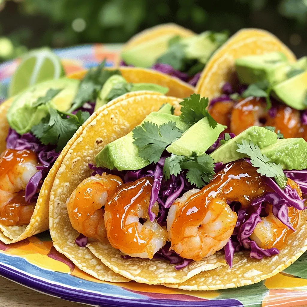 To make Sweet and Spicy Shrimp Tacos, you will need the following ingredients: - 1 lb large shrimp, peeled and deveined - 2 tablespoons olive oil - 2 tablespoons honey - 1 tablespoon sriracha (adjust based on your spice preference) - 1 teaspoon garlic powder - 1 teaspoon smoked paprika - Zest and juice of 1 lime - 8 small corn tortillas - 1 cup red cabbage, finely shredded - 1 avocado, sliced - Fresh cilantro, for garnish - Lime wedges, for serving - Salt and pepper, to taste When selecting shrimp, look for large, firm shrimp with a fresh scent. They should be pink and shiny. For vegetables, choose vibrant red cabbage and ripe avocados. Fresh ingredients make a big difference in taste. Store shrimp in the fridge for one to two days. Keep vegetables in a cool, dry place. If you have leftovers, put them in an airtight container. They will last for up to three days in the fridge. For the best taste, use them fresh. For the full recipe, check out the instructions provided above. To start, gather your mixing bowl. Add the olive oil, honey, and sriracha. Next, sprinkle in the garlic powder and smoked paprika. Then, add the lime zest and juice. Mix everything well until it looks smooth and consistent. This blend gives your shrimp the sweet and spicy kick you want. Now, take your shrimp and add them to the marinade. Toss gently so they are all covered. Cover the bowl with plastic wrap. Let the shrimp sit for about 15 to 20 minutes. This is key for flavor. The shrimp absorb all those tasty notes, making every bite delicious. Heat a non-stick skillet over medium-high heat. Once hot, add the shrimp in a single layer. Cook for 2-3 minutes on each side. Look for a pink, opaque color. When they reach that point, they are ready. Take the skillet off the heat and set it aside. For the tortillas, use a separate skillet and set it to low heat. Warm each tortilla for about 30 seconds on each side. This step makes them soft and easy to fold. If you want, you can also try using flour tortillas or lettuce wraps for a twist. Start by laying a warm tortilla on a plate. Add a handful of shredded red cabbage for crunch. Next, place a few pieces of your perfectly cooked shrimp on top. Then, add slices of creamy avocado. Finally, sprinkle fresh cilantro on top. This adds color and a fresh flavor. For a fun touch, serve lime wedges on the side for extra zing. For the complete recipe, check out the Full Recipe section. Overcooking shrimp issues Shrimp cook fast. Overcooking makes them tough. Cook shrimp for 2-3 minutes per side. Look for a pink color and opaque texture. Remove them from heat as soon as they reach this stage. If you see them curling into a tight "C," they are likely overdone. Proper tortilla warming techniques Warming tortillas is key to great tacos. Use low heat in a skillet for about 30 seconds each side. This keeps them soft and easy to fold. Avoid high heat; it can dry them out. You can also wrap them in a damp cloth and microwave for 20-30 seconds. Additional spices to consider Want more flavor? Try adding cumin or coriander for a warm touch. A pinch of chili powder can boost the heat too. Fresh lime juice adds brightness. Experiment with spices to make it your own! Suggestions for adjusting heat levels Adjust the sriracha to control the spice. If you want less heat, use less sriracha. For more kick, add jalapeños or a sprinkle of cayenne pepper. Always taste as you go to find the right balance. Pairing tacos with sides or drinks Serve these tacos with a side of black beans or corn salad. A light, bright drink like a limeade or a pale ale complements the flavors well. Recommended toppings to complement the dish Top the tacos with fresh cilantro and a squeeze of lime. Sliced jalapeños, diced onions, or a drizzle of crema can add extra flavor and texture. For a creamy touch, avocado works wonders. For the complete recipe, check out the Full Recipe. {{image_4}} If you want to switch up the shrimp, try these options: - Scallops: They add a sweet, tender bite. - Chicken: Use diced chicken breast for a hearty version. - Tofu: Firm tofu works well for a plant-based option. For a vegan twist, use chickpeas or jackfruit instead of shrimp. These choices soak up flavors nicely and bring great texture. Mixing flavors can elevate your tacos. Here are some ideas: - Citrus Burst: Add orange juice and zest to the marinade for a fresh twist. - Smoky BBQ: Swap sriracha for your favorite BBQ sauce for a smoky kick. - Tropical: Mix in pineapple juice and some ginger for a fruity flair. Explore global taco styles too. Think Korean tacos with kimchi or Indian tacos with spicy chickpeas. The options are endless! You can switch up how you serve these tacos. Consider these tasty options: - Taco Bowls: Use rice or quinoa as a base, then pile on shrimp and toppings. - Salads: Toss shrimp with greens for a light meal that’s packed with flavor. Pair with fun sides like: - Corn Salad: Fresh, crunchy corn salad adds a bright touch. - Chips and Salsa: A classic snack that everyone loves. For the full recipe of Sweet and Spicy Shrimp Tacos, check the main article! To keep your shrimp tacos fresh, store them in an airtight container. Place the assembled tacos in a single layer. Avoid stacking them to prevent squishing. They will stay good for up to two days in the fridge. If you have leftover shrimp or toppings, store those separately. For the best flavor, reheat the shrimp in a skillet over medium heat. Cook for a few minutes until warmed through. Avoid overcooking, as shrimp can become rubbery. To warm the tortillas, place them in a dry skillet on low heat. Heat each side for about 15 seconds. This will make them soft without drying out. You can freeze cooked shrimp for future meals. Place the shrimp in a freezer-safe bag and remove as much air as possible. They can last up to three months in the freezer. When ready to use, thaw them in the fridge overnight for the best texture. For marinades, you can freeze them too. Just mix and store in a freezer-safe container. You can make these shrimp tacos gluten-free by using corn tortillas. Look for brands that are labeled gluten-free to ensure they meet your dietary needs. Other options include lettuce wraps or rice paper. These choices still offer great taste and texture without gluten. Yes, you can prepare the shrimp ahead of time. Marinate the shrimp and store it in the fridge for up to 2 hours. If you want to cook them later, cook the shrimp and let them cool. Then, store them in an airtight container. They can stay fresh for up to 2 days. There are many tasty toppings for your shrimp tacos. Here are some popular choices: - Red cabbage: Adds crunch and color. - Avocado: Provides creaminess and a rich flavor. - Fresh cilantro: Brings a burst of freshness. - Lime wedges: Offers a zesty kick when squeezed. - Sour cream or yogurt: Adds a cool and tangy element. These toppings balance the sweet and spicy shrimp perfectly. You can change the spice level easily. If you like it mild, use less sriracha in the marinade. For a medium heat, stick to the recipe amount. If you want it hot, add more sriracha or include cayenne pepper. Always taste as you go to find your favorite level of spice. Great side dishes can enhance your taco meal. Try these: - Mexican rice: Complements the flavors of the tacos. - Black beans: Adds protein and fiber. - Corn salad: Fresh and sweet to balance the spice. - Grilled vegetables: Offers a smoky taste that pairs well. These sides will make your meal more filling and enjoyable. For the full recipe, check the earlier section. Sweet and Spicy Shrimp Tacos are easy to make and full of flavor. We covered key ingredients and tips for selecting quality shrimp and veggies. The marinade and cooking steps are crucial for taste. We also discussed how to assemble, serve, and store your tacos. Explore the variations and creative serving suggestions to make this meal your own. Enjoy these tacos as a fun, flavorful dish any time. With these tips, you’ll impress family and friends with your skills. Happy cooking!