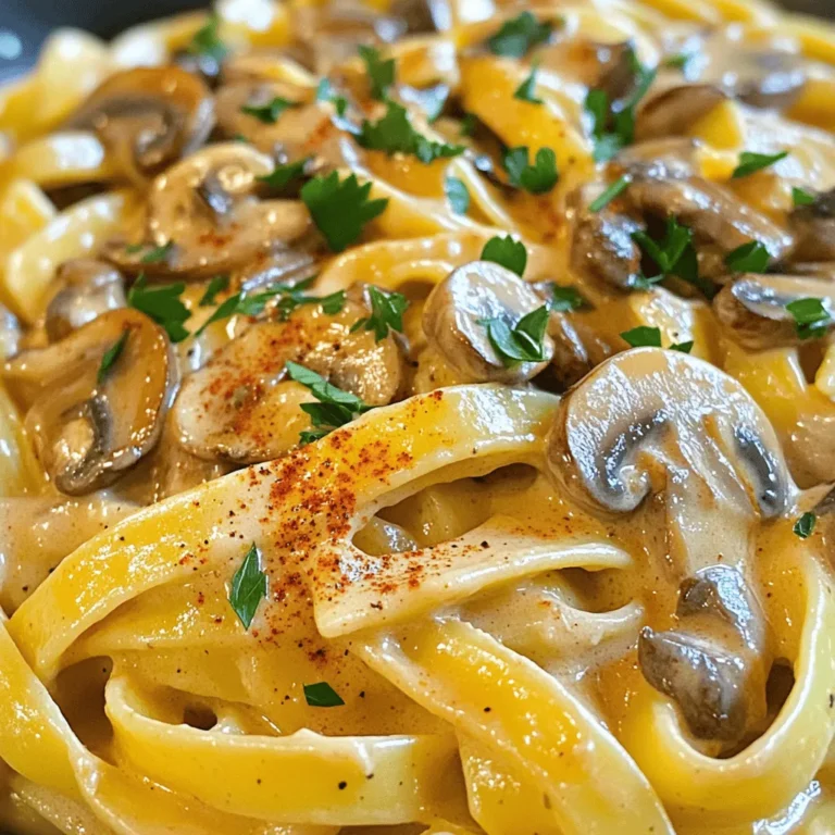 To make this tasty Vegan Mushroom Stroganoff, you will need: - 12 oz (340g) assorted mushrooms (such as cremini, shiitake, or portobello), sliced - 1 medium onion, finely chopped - 3 cloves garlic, minced - 1 cup vegetable broth - 1 cup coconut milk (or any unsweetened plant milk) - 2 tablespoons soy sauce or tamari - 2 tablespoons nutritional yeast - 1 tablespoon cornstarch mixed with 2 tablespoons cold water - 1 tablespoon olive oil - 1 teaspoon dried thyme - 1 teaspoon smoked paprika - Salt and pepper, to taste - 8 oz (225g) pasta (fettuccine or your favorite type) - Fresh parsley, chopped, for garnish You can swap ingredients if needed. For the coconut milk, use any unsweetened plant milk. This gives a nice creamy texture. If you are gluten-free, use tamari instead of soy sauce. For the mushrooms, you can mix in any variety you like. For a rich flavor, I love using cremini and shiitake mushrooms. Portobello adds a meaty texture. I often buy organic mushrooms for better taste and quality. They are fresher and have more nutrients. Try looking for local brands or farmers' markets for the best options. First, grab a large pot. Fill it with water and add a pinch of salt. Bring the water to a rolling boil. Once it boils, add 8 oz of pasta. Cook according to the package instructions. You want it to be al dente. This usually takes about 8-10 minutes. When done, drain the pasta and set it aside. Now, let's build some flavor. Take a large skillet and heat 1 tablespoon of olive oil over medium heat. Add 1 medium onion, finely chopped. Sauté for about 3-4 minutes until it turns translucent. Next, add 3 cloves of minced garlic. Sauté for just 30 seconds until it smells amazing. This step adds depth to your stroganoff. It's time to make the sauce. Add your sliced mushrooms to the skillet. Cook them for about 8-10 minutes. Stir occasionally until they soften and let out their juices. Then, pour in 1 cup of vegetable broth. Follow with 1 cup of coconut milk, 2 tablespoons of soy sauce, and 2 tablespoons of nutritional yeast. Sprinkle in 1 teaspoon of dried thyme and 1 teaspoon of smoked paprika. Season with salt and pepper. Mix well and let it simmer gently. To thicken the sauce, mix 1 tablespoon of cornstarch with 2 tablespoons of cold water in a small bowl. Pour this mixture into your simmering sauce. Stir it for about 2-3 minutes. Watch as it thickens to your desired consistency. Taste the sauce and adjust the seasoning if needed. Now comes the fun part. Add the cooked pasta to the skillet with the sauce. Toss everything together gently. Make sure the pasta is well-coated in that creamy mushroom sauce. Heat it through for a minute or two and you’re almost ready. Don’t forget to check out the Full Recipe for more tips and details! To get the best flavor from mushrooms, start by slicing them evenly. This helps them cook uniformly. Use a hot skillet with a bit of oil, like olive oil. Sauté the mushrooms until they brown nicely. This caramelization adds depth to your dish. Don't overcrowd the pan; cook in batches if needed. This way, they get a nice sear instead of steaming. Beyond the main ingredients, you can add more flavor. Consider using fresh herbs like thyme or rosemary. A splash of white wine can also elevate the taste. Feel free to sprinkle in some crushed red pepper for a kick. Nutritional yeast gives a cheesy flavor. A dash of lemon juice brightens the dish. Experiment with your favorite spices to find your perfect blend. This mushroom stroganoff pairs well with many sides. Serve it over your favorite pasta, like fettuccine or penne. A side salad adds freshness. Roasted veggies complement the creamy sauce nicely. For a heartier meal, try it with crusty bread or rice. Don't forget to garnish with fresh parsley for a pop of color. Want to impress? Use a sprinkle of smoked paprika to give it a vibrant finish. For the full experience, check out the Full Recipe. {{image_4}} If you need a gluten-free meal, don’t worry. You can easily swap out regular pasta. Try using gluten-free pasta made from rice or lentils. These options cook well and taste great. Quinoa pasta is another choice that adds a nutty flavor. Zoodles, or spiralized zucchini, are a fresh and fun alternative. They absorb the sauce nicely, giving a light twist to this dish. Want to boost the protein in your Vegan Mushroom Stroganoff? Adding legumes is a great idea. You can mix in cooked lentils or chickpeas for a hearty touch. They blend well with the sauce. Tofu is another good choice. Use firm or extra-firm tofu for the best texture. Cube it and sauté with the mushrooms for a filling meal. Both options keep your dish nutritious and satisfying. Mushrooms are the star of this recipe, so feel free to mix it up! Each type brings its own flavor. Try using a mix of cremini, shiitake, and portobello mushrooms. Each one adds a unique taste. For a more earthy flavor, add some dried porcini mushrooms. Just soak them in water first. This combination creates a rich and savory sauce. You can also experiment with oyster mushrooms for a delicate touch. For the full recipe, check out the link to dive into cooking this delicious dish! To keep your Vegan Mushroom Stroganoff fresh, store it in an airtight container. Let it cool down before sealing it. Place the container in the fridge. It can last for about 3 to 4 days. This dish tastes great even after a day or two in the fridge. When you are ready to enjoy your leftovers, reheat them carefully. Use a skillet over medium heat. Add a splash of vegetable broth or plant milk to keep it creamy. Stir often to avoid burning. Heat until warm but not boiling. This keeps the flavors rich and the texture smooth. If you want to save it for longer, freezing is a great option. Portion out the stroganoff into freezer-safe containers. Make sure to leave some space at the top for expansion. It can stay in the freezer for up to 3 months. When you’re ready to eat, thaw it in the fridge overnight. Then follow the reheating tips for best results. This Mushroom Stroganoff is vegan-friendly because it uses no animal products. Instead of cream, we use coconut milk, which gives it a rich taste. The dish gets its depth from mushrooms and spices, making it hearty and satisfying. This way, everyone can enjoy it, no matter their diet! Yes, you can use various types of pasta. Fettuccine is great, but so are penne, rotini, or even gluten-free options. Just make sure to cook the pasta according to the package directions. Each type adds a unique twist to the dish, so feel free to experiment! To reheat your Stroganoff, use a skillet over medium heat. Add a splash of vegetable broth or water to keep it creamy. Stir often until warmed through. You can also use the microwave, but heat it in short bursts. Stir between intervals to prevent hot spots. You can easily add more veggies! Spinach or kale can bring color and nutrition. Bell peppers and zucchini also work well. Just chop them and sauté them with the onions. Adding more vegetables not only boosts flavor but also makes it healthier. You can find the Full Recipe for Vegan Mushroom Stroganoff right here! It includes all the details you need to make this delicious meal. Follow it step by step for the best results. This Vegan Mushroom Stroganoff is simple and delicious. We covered ingredients, cooking steps, tips, and variations. You can easily change the recipe for gluten-free or add more protein. Storing leftovers will keep your meal fresh. Remember, mushroom choices and seasonings can enhance flavors. Enjoy your cooking journey with this tasty, plant-based dish!