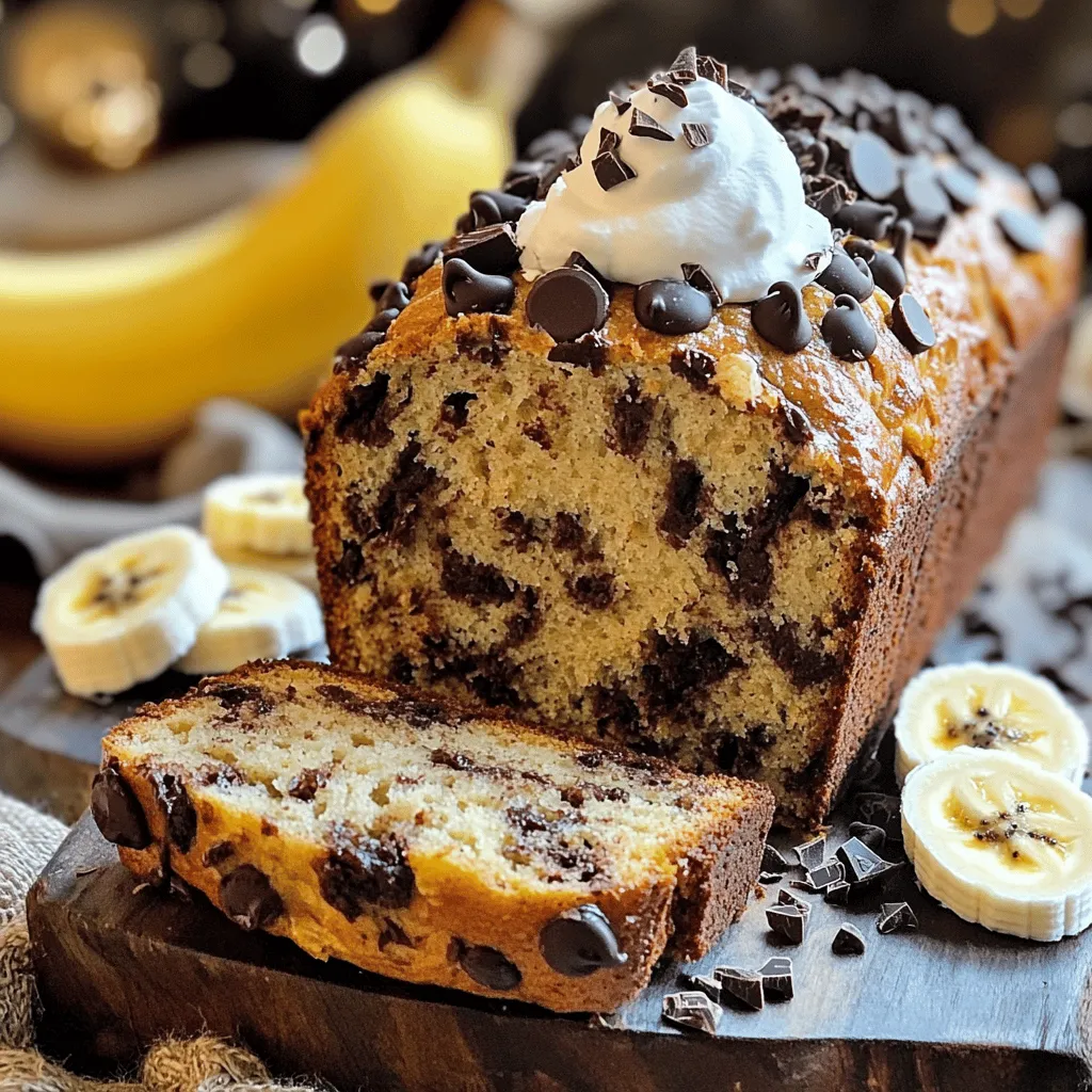 Let's gather everything you need for this chocolate chip banana bread. Here’s the list: - 3 ripe bananas, thoroughly mashed - 1/3 cup coconut oil, melted - 1/2 cup packed brown sugar - 1 large egg, lightly beaten - 1 teaspoon pure vanilla extract - 1 teaspoon baking soda - A pinch of salt - 1 1/2 cups all-purpose flour - 1/2 cup semi-sweet chocolate chips - 1/4 cup chopped walnuts (optional) These ingredients create a soft and moist loaf. The ripe bananas add natural sweetness. Coconut oil gives it a lovely richness. Brown sugar provides depth. You can add walnuts for crunch, or just stick with the chocolate chips. Make sure you have everything ready before you start. This makes the process smooth and fun. Enjoy the joy of baking with these simple items. Start by preheating your oven to 350°F (175°C). This is the perfect temperature for baking banana bread. Prepare a 9x5-inch loaf pan by greasing it with baking spray or lining it with parchment paper. Proper greasing helps the bread come out easily and keeps it from sticking. In a large mixing bowl, combine the ripe bananas and melted coconut oil. Use a fork or whisk to mix them until well blended. This step is key to create a creamy texture. Make sure the bananas are very ripe for the best flavor and sweetness. Next, add the packed brown sugar to the banana mixture. Stir until the mixture is smooth. Now mix in the beaten egg and vanilla extract. Each ingredient plays a role: the sugar adds sweetness, while the egg helps bind everything. In a separate bowl, sift together the baking soda, a pinch of salt, and all-purpose flour. Sifting is important as it breaks up lumps and adds air. Gradually mix the dry ingredients into the wet ones. Stir gently until just combined. It’s okay if there are a few lumps; avoid over-mixing to keep the bread light and fluffy. Now, it's time to fold in the semi-sweet chocolate chips and chopped walnuts, if using. Use a spatula to distribute them evenly throughout the batter. This will give each slice a delicious surprise! You can skip the walnuts if you prefer a nut-free bread. Pour the batter into the prepared loaf pan. Smooth the top with a spatula. For a nice touch, sprinkle a few extra chocolate chips on top. This adds a lovely look and extra chocolatey goodness. Place the loaf pan in the oven and bake for 55-60 minutes. To test doneness, insert a toothpick into the center. It should come out clean or with just a few crumbs attached. Once baked, let the bread cool in the pan for about 10 minutes. Then transfer it to a wire rack to cool completely. This cooling step is crucial for the best texture. Using ripe bananas is key. They should be soft and brown. This adds sweetness and moisture. Over-mixing is a common mistake. Mix until just combined for a tender bread. You can add cinnamon or nutmeg to boost flavor. A sprinkle of these spices makes a big difference. For toppings, pair your bread with nut butter or yogurt. Both add creaminess and fun textures. A few pitfalls can ruin your banana bread. Don't skip the baking soda; it helps the bread rise. If your bread is too dense, try mashing the bananas better. Always check the oven temperature; it impacts baking. If the top is too dark before it’s done, cover it with foil. Follow these tips for a perfect loaf every time! You can find the full recipe for Choco-Banana Bliss Bread above. {{image_4}} You can easily change up your chocolate chip banana bread. Try adding different mix-ins for fun. Here are some great options: - Nuts: Chopped walnuts or pecans add a nice crunch. - Dried Fruit: Raisins or cranberries bring a sweet twist. - Spices: A dash of cinnamon or nutmeg can deepen the flavor. You can also make changes based on allergies or preferences. If someone can't have nuts, just leave them out. You can swap chocolate chips for carob chips for a different taste. To make this banana bread gluten-free, use a gluten-free flour blend instead of all-purpose flour. Many brands work well in baking. You can also add a bit of xanthan gum for better texture. For a vegan version, substitute the egg with a flax egg. To make a flax egg, mix one tablespoon of ground flaxseed with three tablespoons of water. Let it sit for a few minutes to thicken. Replace the coconut oil with a plant-based oil, like canola or avocado oil. Chocolate chip banana bread is great for breakfast or as a snack. You can serve it warm with butter or cream cheese. It also pairs well with a cup of coffee or tea. For dessert, slice the bread and top it with a scoop of vanilla ice cream. You can also drizzle some chocolate sauce over the top for extra sweetness. Get creative and enjoy this bread in different ways! To keep your chocolate chip banana bread fresh, wrap it tightly in plastic wrap. You can also place it in an airtight container. This helps keep moisture in and prevents it from drying out. If you want to refrigerate it, slice the bread first. This makes it easy to grab a piece later. Store it in the fridge for up to a week. If you want to freeze it, wrap the bread in foil after it cools completely. You can freeze it for up to three months without losing flavor. To warm up leftover banana bread, the best method is using the oven. Preheat the oven to 350°F (175°C). Place the slices on a baking sheet and warm them for about 10 minutes. This method helps maintain the bread’s moisture. If you're in a hurry, you can use the microwave. Heat each slice for about 10-15 seconds. Be careful not to overheat, as it can dry out quickly. Chocolate chip banana bread lasts about a week at room temperature. In the fridge, it can last up to two weeks. Signs that your banana bread has gone bad include mold, a sour smell, or a change in texture. If it feels very dry or crumbly, it’s best to toss it out. Always trust your senses when checking for spoilage. Yes, you can use frozen bananas. Just thaw them first. They will be mushy but perfect for banana bread. This method helps you avoid waste and gives you that sweet flavor. To make your banana bread sweeter, add more sugar. You can also use honey or maple syrup. For a fun twist, try adding chocolate chips or dried fruit for extra sweetness. Dense banana bread usually happens if you overmix the batter or use too many bananas. Be sure to measure your flour correctly. Use the spoon-and-level method for the best results. Yes, you can substitute coconut oil with butter. Just melt it before mixing it in. Butter will add richness and flavor, making your bread even more delicious. To check if your banana bread is done, insert a toothpick into the center. If it comes out clean or with a few crumbs, your bread is ready. Keep an eye on the baking time, as ovens can vary. This blog post has guided you through making the perfect chocolate chip banana bread. We covered all the steps, from choosing ripe bananas to mixing and baking. With tips for texture, flavor, and storage, you’ll set yourself up for success. Remember, quality ingredients and careful mixing make a big difference. Feel free to experiment with variations and adapt this recipe to suit your taste. With practice, you’ll create banana bread that you and others will love. Enjoy your baking journey!