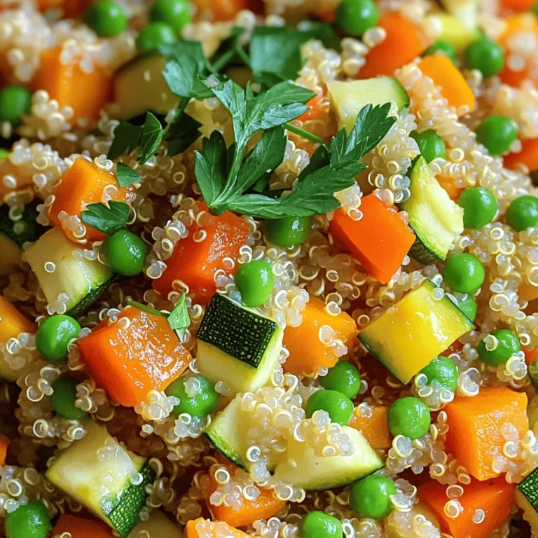 To make a tasty quinoa vegetable pilaf, gather these simple ingredients: - 1 cup quinoa, well rinsed - 2 cups vegetable broth - 1 medium onion, finely chopped - 2 cloves of garlic, minced - 1 bell pepper, diced - 1 medium carrot, diced - 1 medium zucchini, diced - 1 cup green peas - 1 teaspoon ground cumin - 1 teaspoon paprika - 2 tablespoons olive oil - Salt and freshly cracked pepper - Fresh parsley, finely chopped You can easily swap some ingredients for different flavors. Here are a few ideas: - Use chicken broth instead of vegetable broth for a richer taste. - Try adding mushrooms for an earthy flavor. - Switch the bell pepper for cherry tomatoes for a sweet twist. - Consider using kale or spinach for extra greens. If you have dietary needs, this recipe can adapt: - For a vegan option, stick with vegetable broth and avoid any animal products. - This dish is already gluten-free since quinoa is naturally gluten-free. - To make it low-carb, use cauliflower rice instead of quinoa. With these ingredients and options, you can create a healthy and delicious meal. For the complete cooking process, check out the Full Recipe. Before you start cooking, gather all your ingredients. You will need: - 1 cup quinoa, well rinsed - 2 cups vegetable broth - 1 medium onion, finely chopped - 2 cloves of garlic, minced - 1 bell pepper, diced - 1 medium carrot, diced - 1 medium zucchini, diced - 1 cup green peas - 1 teaspoon ground cumin - 1 teaspoon paprika - 2 tablespoons olive oil - Salt and pepper to taste - Fresh parsley for garnish Rinsing the quinoa is key. It removes bitterness and makes it taste better. 1. Heat the olive oil in a medium pot over medium heat. 2. Add the chopped onion and cook for 3-4 minutes. The onion should be soft and clear. 3. Stir in the minced garlic, bell pepper, and diced carrot. Cook for another 3-4 minutes, stirring often. 4. Sprinkle in cumin and paprika. This step adds lovely flavor. Cook for 1 minute. 5. Now, add the zucchini and green peas. Mix well and cook for 2-3 minutes. 6. Stir in the rinsed quinoa and pour in the vegetable broth. Mix everything well. 7. Bring the mixture to a boil. Once boiling, reduce the heat and cover the pot. Let it simmer for 15 minutes. 8. After 15 minutes, remove the pot from heat. Let it sit for another 5 minutes. 9. Fluff the quinoa with a fork. Add salt and pepper to taste. Your pilaf is ready. Serve it warm, and garnish with parsley for a fresh touch. - Always rinse quinoa before cooking. This step is very important. - Use a ratio of 2:1 for liquid to quinoa. This ensures it cooks evenly. - Let it sit after cooking to make it fluffy. - Taste before seasoning. Adjust salt and pepper to your liking. For the full recipe, refer to the detailed instructions above. Enjoy your tasty quinoa vegetable pilaf! To make your quinoa vegetable pilaf even tastier, use fresh herbs and spices. Here are some ideas: - Herbs: Add fresh thyme, basil, or cilantro for brightness. - Spices: Try turmeric for color and a warm taste. You can also use curry powder for a unique twist. - Acidity: A splash of lemon juice or vinegar can brighten the dish. These simple tweaks can elevate your pilaf and make it pop with flavor. When making quinoa pilaf, avoid these common errors: - Not rinsing quinoa: Rinse it well. This removes a bitter coating called saponin. - Overcooking: Keep an eye on the cooking time. Overcooked quinoa becomes mushy. - Skipping seasoning: Don’t forget to season your dish. Salt and pepper make a big difference. By steering clear of these pitfalls, you’ll create a more enjoyable dish. To make your cooking easier, use these handy tools: - Medium pot: This is perfect for cooking your pilaf evenly. - Strainer: Use it to rinse quinoa easily before cooking. - Wooden spoon: Great for stirring without scratching your pot. - Lid: A tight-fitting lid helps retain steam for cooking. These tools will help you make the best quinoa vegetable pilaf with ease. For the full recipe, check out the recipe section. {{image_4}} You can make your quinoa vegetable pilaf more filling by adding proteins. Try black beans, kidney beans, or chickpeas for a hearty touch. Cooked lentils also work well. If you prefer, add tofu for a plant-based option. Simply cube it and sauté with the veggies. This addition not only boosts protein but also makes your meal more satisfying. Feel free to change the vegetables based on the season. In spring, add asparagus or peas. In summer, zucchini and corn shine bright. Fall brings sweet potatoes and squash, while winter calls for root veggies like carrots and parsnips. Each swap adds unique flavors and keeps your meal fresh and exciting. You can mix and match based on what you have at home. Change the flavor profile to keep things interesting. For a Mediterranean twist, add olives, sun-dried tomatoes, and feta cheese. Use herbs like oregano and basil for a fresh touch. For an Asian-inspired dish, use soy sauce, ginger, and sesame seeds. Toss in some green onions and bell peppers for crunch. These small changes can transform your pilaf into something new and delicious. To store leftover quinoa vegetable pilaf, let it cool first. Place it in an airtight container. This keeps the pilaf fresh and prevents it from drying out. Store it in the fridge for up to four days. If you want to keep it longer, freezing is a great option. When reheating, use a microwave or a stovetop. In the microwave, place the pilaf in a bowl. Add a splash of water to keep it moist. Heat it in short bursts, stirring in between. On the stovetop, add the pilaf to a pan. Add a little broth or water and heat on low. Stir gently until warm. This way, the quinoa stays fluffy and tasty. Freezing quinoa vegetable pilaf is simple. Portion it into individual containers. Make sure they are freezer-safe. Seal them tightly to avoid freezer burn. It can last up to three months in the freezer. When ready to eat, thaw it in the fridge overnight before reheating. This makes meal prep easy and convenient. For the full recipe, check out the detailed instructions above. The best way to cook quinoa is with a 2:1 ratio of liquid to quinoa. Use water or broth for extra flavor. After rinsing the quinoa, bring the liquid to a boil. Add the quinoa and reduce the heat to low. Cover and simmer for about 15 minutes, or until all the liquid is absorbed. Fluff with a fork before serving. This method gives you fluffy quinoa every time. Yes, you can make Quinoa Vegetable Pilaf ahead of time. It stores well in the fridge for up to three days. Allow it to cool completely before storing it in an airtight container. When you're ready to eat, simply reheat it on the stove or in the microwave. This makes it a great option for meal prep. To add more flavor to quinoa, try cooking it in broth instead of water. You can also add herbs and spices like garlic, cumin, or turmeric. Sauté the quinoa with onions and vegetables for a more robust taste. Drizzling some lemon juice or adding fresh herbs before serving can elevate the flavors. Yes, quinoa is a good source of protein. It has all nine essential amino acids, making it a complete protein. This makes quinoa an excellent choice for vegetarians and vegans. One cup of cooked quinoa has about 8 grams of protein, which helps keep you full and satisfied. You learned how to make a tasty Quinoa Vegetable Pilaf. We discussed ingredients, cooking steps, and flavor tips. You now know how to adapt the recipe for diets and swap in seasonal veggies. Remember, good storage is key for leftovers. With practice, you'll make perfect pilaf. Enjoy cooking and experimenting with flavors!