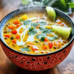 To make this coconut curry lentil soup, gather these simple items: - 1 tablespoon coconut oil - 1 medium onion, diced - 3 cloves garlic, minced - 1 tablespoon fresh ginger, grated - 1 tablespoon red curry paste - 1 teaspoon ground cumin - 1 teaspoon ground coriander - 1 can (14 oz) coconut milk - 4 cups vegetable broth - 1 cup red lentils, thoroughly rinsed - 1 medium carrot, diced - 1 bell pepper, diced (any variety) - 2 cups fresh spinach (or kale) - 2 tablespoons fresh lime juice - Salt and pepper, to taste - Fresh cilantro, for garnish (optional) Use fresh ingredients for the best taste. Look for firm onions and bright carrots. Choose good-quality coconut milk; this gives the soup a rich flavor. Fresh herbs should look vibrant and smell fragrant. For spices, check the date on the label. Fresh spices give more flavor and aroma. You can swap ingredients based on what you have. Use olive oil if you lack coconut oil. Any lentils can work, but red lentils cook faster. If you prefer a different color, use green or brown lentils. For veggies, try zucchini or sweet potatoes. You can skip spinach or kale and add other greens you like. Lastly, lime juice can change to lemon juice for a different tang. For the full recipe, check the instructions section. To make Coconut Curry Lentil Soup, gather your ingredients first. This will help you stay organized. The key to a great soup is prep. You will need to chop your onion, garlic, ginger, carrot, and bell pepper. Rinse the lentils well under cold water. This step is very important for good texture. 1. In a large pot, heat the coconut oil over medium heat until it shimmers. 2. Add the diced onion. Sauté it for about 5 minutes. The onion should become soft and clear. 3. Stir in the minced garlic and grated ginger. Cook them for 1-2 minutes. This will make your kitchen smell amazing! 4. Next, mix in the red curry paste, ground cumin, and ground coriander. Cook this mixture for another minute. Let those spices release their flavors. 5. Gradually pour in the coconut milk and vegetable broth. Stir well to combine everything into a creamy base. 6. Add the rinsed red lentils, diced carrot, and diced bell pepper. Increase the heat until the soup boils gently. Then, lower the heat to let it simmer. 7. Cover the pot and let the soup simmer for about 25-30 minutes. Check occasionally. The lentils should be tender and most liquid absorbed. 8. Once the lentils are cooked, add the fresh spinach or kale. Stir until the greens wilt and look bright. 9. Remove the pot from heat. Stir in fresh lime juice and add salt and pepper to taste. 10. Serve the soup hot, with cilantro on top for extra flavor. To check if the lentils are done, take a spoonful and taste them. They should be soft but not mushy. You can also look for a thick, creamy texture in the soup. If it seems too watery, let it simmer a bit longer. Enjoy your Coconut Curry Lentil Soup! For more detailed instructions, see the Full Recipe. To boost flavor, use fresh spices. Fresh spices are more potent than old ones. Add more red curry paste for heat. If you like it spicy, try adding chopped chili peppers. Fresh lime juice adds brightness. You can also finish the soup with a splash of coconut milk for creaminess. Avoid cooking lentils too long. Overcooked lentils turn mushy. Make sure to rinse them well to remove any dust. Don't skip the sautéing step. This helps build a strong flavor base. Lastly, taste as you cook. Adjust salt and spice levels to your liking. Prep your veggies ahead of time. Diced onions or carrots can save you minutes. Use canned coconut milk for quick creaminess. You can also make a double batch for leftovers. Store it in the fridge or freezer. This soup tastes even better the next day! For the full recipe, check out the section above. {{image_4}} This soup is naturally vegan and gluten-free. You can keep it that way easily. Use vegetable broth, which is safe for everyone. The main ingredients, like lentils and coconut milk, are already plant-based. Just make sure your red curry paste is free from fish sauce. Check the label to be sure. Want to add protein? Chickpeas work great. They pair well with the spices. You can also try tofu for a nice texture. Cook the tofu until golden for the best flavor. If you prefer meat, add cooked chicken or shrimp. Just toss them in during the last few minutes of cooking. You can change the soup with seasonal veggies. In fall, add sweet potatoes or butternut squash. In summer, zucchini or corn can brighten the dish. Use kale in winter for a hearty touch. You can also swap spices. Try yellow curry paste for a milder flavor. Each swap gives you a new twist on this dish and keeps it exciting. For the full recipe, check the details above. To keep your coconut curry lentil soup fresh, store it in an airtight container. Let the soup cool to room temperature before sealing. This will prevent condensation and keep it from getting soggy. You can keep it in the fridge for about four days. If you want to eat it later, freezing is a great option. For freezing, use a freezer-safe container. Make sure to leave some space at the top. Liquid expands when frozen, and you don’t want any spills. The soup can last in the freezer for about three months. When you're ready to eat, thaw it overnight in the fridge. To reheat, pour the soup into a pot and warm it over medium heat. Stir well to ensure even heating. Serve the soup hot, in vibrant bowls for a great look. You can drizzle a bit of extra coconut milk on top for creaminess. Garnish with fresh cilantro for a pop of green. Lime wedges on the side add a zesty touch. This soup pairs well with crusty bread or jasmine rice for a complete meal. For the full recipe, check out the detailed instructions provided! To make Coconut Curry Lentil Soup vegan, use vegetable broth. This replaces any meat broth. Ensure the red curry paste is vegan-friendly. Most brands are, but check the label. You can also add more veggies for extra nutrition. Try adding mushrooms or zucchini for great taste. This soup is already dairy-free, thanks to coconut milk. It’s easy to make it vegan without losing flavor. Yes, you can use different types of lentils. While red lentils cook quickly and become soft, other lentils hold their shape better. Green or brown lentils are great options. They will give the soup a heartier texture, but cooking time will be longer. Just remember to adjust the cooking time based on the type of lentils you choose. Rinse and check for stones before use. You can serve Coconut Curry Lentil Soup with several sides. Rice is a great match and soaks up the soup's flavor. Naan bread is also nice for dipping. A fresh salad adds a crunchy texture. If you like, serve it with lime wedges for an extra zing. These options will enhance your soup experience and make the meal more filling. For the full recipe, check out the Cooking section. In this article, we explored the ingredients and steps for making Coconut Curry Lentil Soup. We highlighted the importance of ingredient quality and offered handy substitutions. You learned clear cooking steps and tips for checking doneness. I shared tricks to enhance flavor while avoiding common mistakes. Different variations allow for unique tastes, and I covered best practices for storage. Coconut Curry Lentil Soup is versatile, filling, and fairly easy to make. Your kitchen adventures can now include this delicious soup anytime!