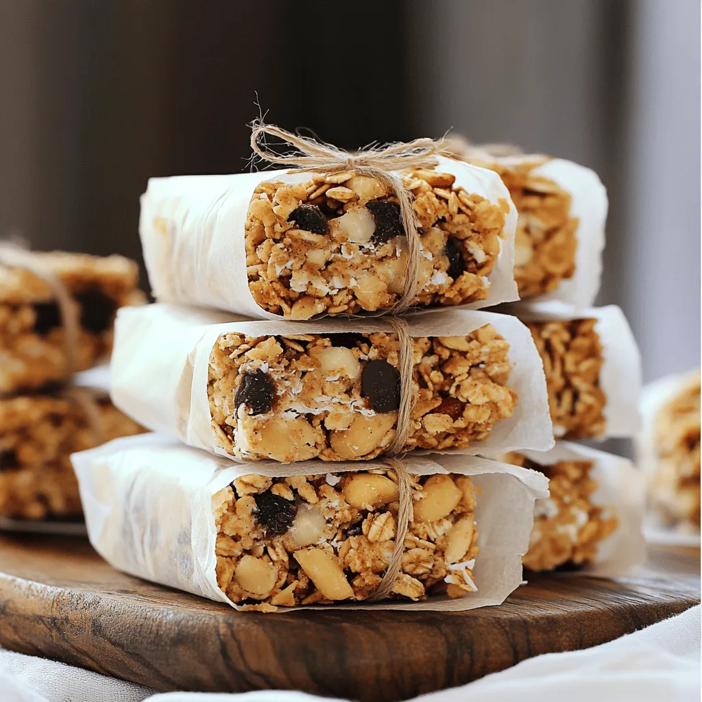To make delicious homemade granola bars, you need the right ingredients. Here’s the list you’ll need: - 2 cups rolled oats - 1 cup mixed nuts (almonds, walnuts, pecans, roughly chopped) - ½ cup unsweetened shredded coconut - ½ cup honey or maple syrup - ¼ cup almond butter (or any nut butter of your choice) - 1 teaspoon vanilla extract - ½ teaspoon sea salt - ½ cup dark chocolate chips (or chunks) - ¼ cup dried fruits (such as cranberries, apricots, or raisins) Each ingredient plays a key role in flavor and texture. The rolled oats form the base, giving the bars their hearty feel. Mixed nuts add crunch and healthy fats. Shredded coconut brings a touch of sweetness. Honey or maple syrup acts as a natural binder. Almond butter enhances creaminess and adds protein. Vanilla extract brings warmth, while sea salt balances the sweetness. Dark chocolate chips melt slightly and add rich flavor. Dried fruits offer bursts of sweetness and chewiness. Using these ingredients, you can create a tasty snack that fuels your day. For the full recipe, check out the Nutty Choco-Coconut Granola Bars. 1. Preheat your oven to 350°F (175°C). Get a baking pan ready by lining it with parchment paper. Leave some paper hanging over the edges for easy removal later. 2. In a large bowl, mix the dry ingredients. Add 2 cups of rolled oats, 1 cup of chopped mixed nuts, ½ cup of shredded coconut, and ½ teaspoon of sea salt. Stir them well so they blend together. 3. In a small saucepan over medium heat, combine ½ cup of honey (or maple syrup) and ¼ cup of almond butter. Stir for 2-3 minutes until the mixture becomes smooth. Remove from heat and add 1 teaspoon of vanilla extract. 4. Pour the warm wet mixture into the bowl with dry ingredients. Use a spatula to mix everything together. Make sure all the oats and nuts get coated well. 5. Gently fold in ½ cup of dark chocolate chips and ¼ cup of dried fruits. Be careful not to melt the chocolate during this step. 1. Transfer the mixture into your prepared pan. Spread it out evenly and press it down firmly. This helps the bars hold their shape when cool. 2. Place the pan in the oven and bake for 20-25 minutes. Look for a golden brown color around the edges. 3. Once done, take the pan out of the oven. Let the granola bars cool in the pan for about 10 minutes. After that, use the parchment paper to lift the whole block out and move it to a wire rack to cool completely. 1. Once cooled, use a sharp knife to cut the block into bars. You can make them as big or small as you like. 2. For a nice touch, wrap each bar in parchment paper and tie with twine. You can also stack them neatly on a plate for serving. These granola bars make a great snack or breakfast on the go. To get the right texture, press the mixture firmly in the pan. This step is key. It helps the bars hold together when you cut them. Don’t skip this part! If you want sweeter bars, adjust the sweetness to your taste. You can add more honey or maple syrup. Just remember that too much can make them too sticky. Add some spice to your bars for extra flavor. Cinnamon and nutmeg are great choices. They add warmth and depth. You can also mix in different ingredients. Try seeds like sunflower or pumpkin seeds. Nut butters can add richness, too. Peanut butter or cashew butter work well. These enhancements make your bars unique. If your bars are crumbly, don’t worry. You can fix this! Simply add a bit more honey or nut butter. This will help bind the ingredients. For bars that are too sticky, you can try baking them a little longer. Also, let them cool completely before cutting. This helps them firm up. {{image_4}} You can make your granola bars vegan by swapping honey for maple syrup. Maple syrup adds a nice, sweet flavor. It blends well with other ingredients. Also, try using plant-based nut butters, like cashew or sunflower seed butter. They keep the bars moist and tasty. For gluten-free granola bars, use gluten-free oats. They look and taste just like regular oats. You can also use alternative flours like almond or coconut flour for binding. These flours help hold the bars together while keeping them gluten-free. You can mix flavors to make your bars exciting. A popular combo is chocolate and peanut butter. They create a rich, satisfying taste. Another great mix is tropical fruits with coconut. This gives your bars a sunny, fresh flavor that will brighten your day. For the full recipe, check out the Nutty Choco-Coconut Granola Bars . Store your granola bars in an airtight container. This keeps them fresh for longer. Before you store them, let the bars cool completely. If you don’t cool them, they might become soggy. At room temperature, these bars will last about one week. If you want to keep them longer, freezing is a great option. Wrap each bar in plastic wrap and place them in a freezer bag. They can stay fresh for up to three months in the freezer. If you like warm bars, you can reheat them. Just pop them in the microwave for about 10-15 seconds. You can also crumble the bars on top of yogurt or mix them into oatmeal. They make a tasty addition to many recipes. For the full recipe, check out the Nutty Choco-Coconut Granola Bars. How long do homemade granola bars last? Homemade granola bars last up to two weeks when stored in an airtight container. If you freeze them, they can last up to three months. Just make sure they are cool before you pack them up. Can I use different nuts or seeds? Yes, feel free to swap nuts or seeds. Use your favorites like cashews, sunflower seeds, or pumpkin seeds. Try to keep the total amount the same for the best texture. Are these bars kid-friendly? Absolutely! Kids love the sweet taste and chewy texture. You can customize the mix-ins to suit their taste preferences, making them more appealing. How do I make these granola bars protein-rich? To boost protein, add protein powder to the mixture. You can also include ingredients like hemp seeds or substitute some oats with quinoa. This way, you enhance nutrition without changing the flavor. What if I don't have almond butter? If you lack almond butter, you can use peanut butter or sunflower seed butter. Each type gives a unique taste, so pick one you enjoy. How can I reduce sugar content? You can reduce sugar by using less honey or maple syrup. Try replacing some syrup with mashed bananas or unsweetened applesauce for sweetness without the extra sugar. Can I include chocolate in different forms? Yes, you can add cocoa powder for a chocolate flavor or use chocolate chips. You may even melt chocolate to drizzle on top for a fun touch. Are granola bars healthy for everyday snacks? Granola bars can be healthy if made with wholesome ingredients. They provide fiber, healthy fats, and energy. Just watch out for added sugars. Can I make these without baking? Yes, you can make no-bake granola bars! Just mix all ingredients and press them into a pan. Chill in the fridge until firm. This method is quick and still delicious! Homemade granola bars are easy to make and tasty. With simple ingredients, you can customize flavors and textures. Remember to press the mixture firmly to get the right consistency. Try different nuts or fruits to enhance your bars. Store them properly for the best taste. These snacks can fit many diets, like vegan or gluten-free. In the end, you control the sweetness and ingredients. Enjoy your homemade bars as a healthy snack or a fun treat!