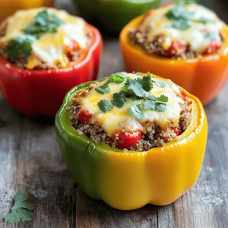 - 4 large bell peppers (red, yellow, green, or orange) - 1 lb ground turkey - 1 cup cooked quinoa (preferably chilled) - 1 cup diced tomatoes (canned or freshly chopped) - 1 small onion, finely diced - 2 cloves garlic, minced - 1 teaspoon ground cumin - 1 teaspoon smoked paprika - ½ teaspoon cayenne pepper (adjust to taste) - Salt and freshly cracked black pepper, to taste - 1 cup shredded cheese (cheddar or mozzarella) - Fresh cilantro or parsley, roughly chopped for garnish To make these stuffed bell peppers pop, you need fresh and vibrant ingredients. I love using large bell peppers because they hold so much flavor and color. Ground turkey is a great choice for protein; it’s lean and absorbs spices well. I always recommend using chilled quinoa for the best texture, as it helps to keep the filling light and fluffy. The diced tomatoes, onions, and garlic add a depth of flavor. Onions bring sweetness, while garlic adds that aromatic touch we all crave. The spices—cumin, smoked paprika, and cayenne—are key for that signature savory kick. Adjust the cayenne to your liking; it can add just the right amount of heat! The cheese not only adds creaminess but also helps bind the filling together. Finally, a sprinkle of fresh herbs like cilantro or parsley brightens up the dish. You can find the full recipe linked above, which will guide you through each step to create these delicious stuffed bell peppers. - Preheat the oven to 375°F (190°C). - Slice the tops off the bell peppers and remove the seeds. First, I set the oven to preheat. This helps the peppers cook evenly. Then, I take each bell pepper and cut off the top. I make sure to scoop out the seeds and membranes inside. I like to stand them upright in a baking dish. This way, they are ready for stuffing. - Sauté onions and garlic in olive oil. - Brown the ground turkey in the skillet. - Mix in quinoa, tomatoes, spices, and half the cheese. Next, I heat a splash of olive oil in a skillet. I add diced onions and let them cook until they turn soft. This takes about three to four minutes. Then, I add minced garlic and stir for another minute. It smells so good! Now, I add the ground turkey to the skillet. I break it apart with a spatula and let it cook until it is brown. This usually takes about five to seven minutes. After that, I mix in cooked quinoa, diced tomatoes, spices, and half of the cheese. I stir it all together and let it cook for another few minutes. This blends the flavors nicely. - Fill each bell pepper with the turkey mixture. - Sprinkle remaining cheese on top. - Cover with foil and bake for 25 minutes, then uncover and bake for another 10 minutes. Now comes the fun part! I take the turkey mixture and fill each pepper. I pack it tightly to make sure they are full of flavor. After that, I sprinkle the rest of the cheese on top of each pepper. Next, I cover the baking dish with foil to keep the heat in. I bake them for 25 minutes. After that, I remove the foil and bake for another 10 minutes. I keep an eye on the cheese; it should be bubbly and golden. Once done, I let them rest for a few minutes before serving. This way, the flavors settle, and they taste even better. For the full recipe, check out the detailed list and instructions. Enjoy your cooking! - Adjust spices to taste for a personalized kick. - Use fresh herbs for better flavor. Fresh cilantro or parsley brightens up the dish. - Browning the turkey ensures more flavor. This step gives depth to your filling. - Ensure peppers are packed tightly for even cooking. This helps the flavors meld perfectly. - Use vibrant dishes for serving. A colorful plate makes the meal more appealing. - Garnish with fresh herbs for color. A sprinkle of cilantro or parsley adds freshness. {{image_4}} You can change the filling to suit your taste. Swap ground turkey for ground beef or chicken. This adds a different flavor. If you want more protein and fiber, add black beans to the mix. They boost nutrition and make the meal more filling. Cheese lovers can try feta or goat cheese. These options add a unique twist. If you prefer a dairy-free version, simply omit the cheese. The stuffed peppers will still taste great without it. For extra nutrients, include chopped spinach or zucchini in the filling. These veggies blend well with the other ingredients and add color. You can also experiment with different colored bell peppers. Each color brings a fun look and slight flavor change. After you enjoy your stuffed bell peppers, store any leftovers in an airtight container. Place the container in the refrigerator. When you're ready to eat, you can reheat the peppers either in the oven or the microwave. This keeps them tasty and safe to eat. If you want to save time later, freeze the stuffed peppers before baking them. This way, you’ll have easy meals ready to go. When you’re ready to cook, just thaw the peppers overnight in the refrigerator. This step makes sure they cook evenly. Refrigerated leftovers are best enjoyed within 3-4 days. This helps ensure they taste fresh and delicious. If you freeze your stuffed peppers, they can last up to 3 months. Make sure to label them with the date for easy tracking. You can tell when stuffed peppers are done by looking for bubbling cheese and fork-tender bell peppers. When the cheese melts and turns golden, it signals that the peppers are ready to eat. You want them soft enough to easily pierce with a fork, but not too mushy. This means the filling is hot and flavors are melded perfectly. Yes, you can prepare stuffed peppers ahead of time. Just prep and assemble the peppers, then either refrigerate them before baking or freeze for later use. If you refrigerate, bake them within a day or two for the best taste. If you freeze, remember to thaw them overnight in the fridge before cooking. This makes it easy to enjoy a quick, tasty meal on busy days. You can pair stuffed bell peppers with a simple salad or garlic bread for a complete meal. A fresh green salad adds crunch and balances the meal's flavors. Garlic bread brings a warm, buttery touch that complements the peppers well. These sides not only enhance your meal but also make it more colorful and appealing on the plate. Stuffed bell peppers are a tasty and easy meal. You learned the main ingredients, how to prepare the filling, and different ways to personalize your dish. Don’t forget to adjust spices for your taste! You can also store leftovers easily for later. These peppers are not just good for you; they also look great on your table. Try these tips and enjoy your cooking adventure!