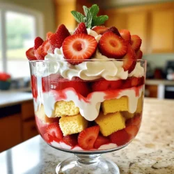 You need fresh strawberries for this treat. About 2 cups will work well. Make sure to hull and slice them. This step helps release their sweet juices. You can use ripe strawberries for the best flavor. Gather these other ingredients to complete your trifle: - 1/4 cup granulated sugar (divided) - 1 cup heavy whipping cream - 1/2 teaspoon vanilla extract - 1 cup pound cake, cut into cubes (store-bought or homemade) - 1/2 cup vanilla pudding (store-bought or homemade) - Fresh mint leaves for garnish These ingredients come together to create sweet layers. The cream and pudding add a soft touch. The pound cake gives a nice base, while the strawberries shine through. If you want to change some ingredients, you can! Here are a few ideas: - Use angel food cake instead of pound cake for a lighter base. - You can swap vanilla pudding with lemon pudding for a zingy twist. - For dairy-free options, try coconut cream in place of heavy cream. These swaps still keep your trifle tasty and fun. Make it your own! Start by washing your strawberries. You want them clean and fresh. Hull and slice the strawberries into thin pieces. In a bowl, mix the strawberries with 2 tablespoons of granulated sugar. Toss them gently until they are well coated. Let them sit for about 15 minutes. This process is called macerating. It helps the strawberries get sweeter and juicier. The sugar pulls out their natural juices, making them even more delicious. While your strawberries are resting, it’s time to whip the cream. Take a clean bowl and pour in 1 cup of heavy whipping cream. Use an electric mixer on medium speed. Beat the cream until you see soft peaks form. Then, add the remaining 2 tablespoons of granulated sugar and the vanilla extract. Keep mixing until you see stiff peaks. This fluffy cream will add a light texture to your trifle. Now, let's make your trifle! Grab a large trifle bowl or some individual serving glasses. Start with a layer of pound cake cubes at the bottom. Spread them out evenly. Next, add a layer of your sweet, macerated strawberries on top. Make sure to let the strawberry juice soak into the cake. After the strawberries, spoon in a layer of smooth vanilla pudding. Then, gently add a layer of whipped cream. Repeat this process, layering pound cake, strawberries, pudding, and whipped cream until you reach the top. Finish with a fluffy dome of whipped cream. For a pretty touch, place extra sliced strawberries and fresh mint leaves on top. Chill your trifle in the fridge for at least 30 minutes before serving. This resting time lets all the flavors blend nicely. Feel free to check the Full Recipe for more details! To make your trifle shine, use a clear bowl. This lets guests see those lovely layers. For individual servings, clear glasses work well too. Place a mint leaf on top for a pop of color. You can drizzle some strawberry juice on the plate for a fun touch. Serve your trifle cold. It tastes best after chilling in the fridge for at least 30 minutes. This time lets the flavors mix and blend. Pair it with a scoop of vanilla ice cream for extra creaminess. It’s a perfect treat for parties or family dinners. Don’t skip the macerating step for the strawberries. This makes them sweet and juicy. Avoid using too much cream; it can overpower the dessert. Layer the ingredients gently to keep them from mixing too much. Lastly, don’t rush the chilling time. Letting it set makes it even better. For the full recipe, check out the Strawberry Shortcake Trifle Delight . {{image_4}} When you make strawberry shortcake trifle, you can have fun with it. There are many ways to change it up. Here are a few tasty ideas. Do you love chocolate? You can easily make a chocolate strawberry shortcake trifle. Just swap out the pound cake for chocolate cake. Use chocolate pudding instead of vanilla pudding. Layer it the same way, and you’ll have a rich dessert. The chocolate pairs well with the sweet strawberries. You can sprinkle chocolate shavings on top for extra flair. If you need a gluten-free treat, you can still enjoy this dessert. Use gluten-free pound cake or sponge cake. Check that your pudding mix is gluten-free, too. Layer it just like the original recipe. The flavors will still shine through. This way, everyone can enjoy the trifle without worries. Want a vegan version? You can make a vegan strawberry shortcake trifle easily. Use plant-based cream instead of heavy whipping cream. Opt for a vegan pound cake or a light sponge cake. For the pudding, choose a plant-based option, or make your own using coconut milk. Layer it all up, and you have a delicious dessert that suits your diet. It’s a great way to share a treat with friends who follow a vegan lifestyle. Feel free to explore these variations and make the trifle your own. For the full recipe, check out the ingredients and steps provided above. To store leftover trifle, cover it with plastic wrap. This keeps the flavors fresh. If you use individual glasses, place lids on them. Store in the fridge for up to three days. The layers may blend but will still taste great. If you want to keep it pretty, serve fresh layers next time. Freezing trifle is tricky. The whipped cream and pudding don’t freeze well. If you must freeze it, layer only the pound cake and strawberries. Seal in an airtight container. When ready to eat, let it thaw in the fridge overnight. After thawing, add fresh whipped cream and pudding for the best taste. For the best taste, use fresh strawberries and make the trifle close to serving time. Always chill it for at least 30 minutes. This helps the flavors mix well. If you have leftover whipped cream, store it in a separate container. Add it just before serving for a fresh look. Enjoy your delightful strawberry shortcake trifle! Yes, you can use frozen strawberries. Just remember to thaw them first. Drain excess liquid to avoid a soggy trifle. Frozen strawberries may not have the same fresh taste, but they work well in a pinch. The trifle lasts up to three days in the fridge. Store it in an airtight container to keep it fresh. The layers may start to blend slightly, but it remains tasty. Absolutely! You can prepare the trifle a day ahead. This helps the flavors meld nicely. Just keep it covered in the fridge until you’re ready to serve. For the best taste, add the whipped cream layer right before serving. Check out the Full Recipe for more tips! In this post, we explored making a delicious strawberry trifle. We covered fresh strawberries and other key ingredients, plus tasty substitutions. You learned step-by-step how to prepare, whip cream, and assemble the layers. We shared tips to make your trifle shine, serving ideas, and common mistakes to avoid. You discovered fun variations, storage tips, and answers to FAQs. Enjoy creating your perfect trifle and feel free to mix things up! Your dessert can be as unique as you are.