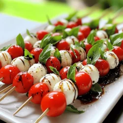 To make Caprese Salad Skewers, you need simple and fresh ingredients. Here’s what you will need: - 1 pint cherry tomatoes, halved - 8 ounces fresh mozzarella balls (bocconcini), drained - Fresh basil leaves (about 15-20 leaves) - 2 tablespoons balsamic glaze - 2 tablespoons extra-virgin olive oil - Fine sea salt and freshly cracked black pepper to taste - Skewers (8-10 inch bamboo or metal) Each ingredient plays a key role in the dish. The cherry tomatoes bring sweetness and juiciness. The mozzarella adds creaminess, while the basil gives a fresh herbal taste. The balsamic glaze adds a sweet and tangy touch. Extra-virgin olive oil enhances the flavors and gives richness. Salt and pepper balance everything out. Using fresh ingredients is crucial. Fresh mozzarella should be soft and slightly wet. Cherry tomatoes should be bright and firm. The basil leaves should be vibrant green and fragrant. Make sure to gather all these items before starting your prep. For the full recipe, check out Caprese Salad Skewers Delight. - Rinse and dry cherry tomatoes. - Rinse fresh basil leaves gently. - Drain mozzarella balls. Start by rinsing the cherry tomatoes under cool water. Pat them dry with a clean towel. Next, take fresh basil leaves and rinse them gently. This helps keep their bright green color and flavor. Then, drain the mozzarella balls in a colander. Let all the ingredients sit at room temperature. This extra step makes the flavors pop! - Thread cherry tomato half, basil leaf, and mozzarella ball. - Repeat pattern until skewer is full. Now it’s time for some fun! Grab a skewer and begin by sliding on a cherry tomato half. Next, add a fresh basil leaf right next to it. Follow with a mozzarella ball. Repeat this pattern until your skewer is nearly full. Leave about 1-2 inches of empty space at each end. This makes it easy to hold! - Drizzle olive oil, sprinkle salt and pepper. - Drizzle balsamic glaze. Once you finish your skewers, place them on a nice serving platter. Drizzle extra-virgin olive oil over the skewers. Then, sprinkle fine sea salt and fresh black pepper on top. This enhances the great flavors. Finally, drizzle balsamic glaze over the skewers. This adds a sweet and tangy kick that makes each bite special. These Caprese salad skewers are simple yet bursting with flavor. For the full recipe, you can check the details above. Enjoy making this vibrant dish! - Use room temperature ingredients for optimal flavor. - Leave space at both ends of skewers for easy handling. When you use room temperature ingredients, flavors blend better. This simple step makes your Caprese Salad Skewers taste fresh and bright. Remember to leave space on the skewers. It helps with grabbing and eating them without mess. - Serve on a colorful platter with basil garnishes. - Include a small bowl of balsamic glaze for dipping. To make your skewers pop, choose a bright platter. A splash of color draws the eye. Adding fresh basil leaves as a garnish looks great and adds aroma. A small bowl of balsamic glaze offers a tasty dip. It invites everyone to enjoy more. - Customize seasoning based on preference. - Explore other oils or vinegar options for variety. You can adjust the seasoning to fit your taste. If you like it spicy, add a pinch of red pepper flakes. Feel free to try different oils, too. For a twist, use flavored oils like garlic or herbs. Different vinegars can also change the taste. Try red wine vinegar for a new flavor dimension. {{image_4}} You can change the cheese to mix things up. Try smoked mozzarella for a unique taste. Aged mozzarella also adds depth to the flavors. If you want something different, use feta or goat cheese. These cheeses bring a creaminess that pairs well with the fresh flavors. Feel free to add more ingredients for extra flavor. Olives can add a nice briny touch. Sliced peppers can bring color and crunch. Prosciutto adds a savory bite that complements the dish. You can also play with herbs. Mint gives a fresh twist, while oregano adds a classic Italian flavor. Make your skewers special for holidays or events. For summer, use seasonal fruits like peaches or watermelon. These add a sweet contrast to the savory cheese and basil. You can also tailor them for barbecues. Use mini meatballs or grilled chicken pieces to make heartier skewers. Personalizing your skewers can impress your guests! You can store Caprese salad skewers in the fridge for up to one hour. To keep them fresh, cover the skewers with plastic wrap. This prevents them from drying out and losing flavor. For long-term storage, you should not freeze the skewers. The fresh ingredients do not hold up well when frozen. It is best to consume them within a few days for peak freshness. If you use bamboo skewers, wash them in warm, soapy water after use. Rinse them well to remove any soap. Let them dry completely before storing them. For metal skewers, hand wash them or place them in the dishwasher for easy cleaning. Store both types in a dry place to prevent rust. Look for fresh mozzarella with a creamy texture and slight milk flavor. This cheese should be soft and moist. Avoid mozzarella that feels hard or dry. Fresh mozzarella enhances the taste of your skewers. Yes, but assemble them shortly before serving for best quality. This keeps the ingredients fresh. If you need to prepare in advance, store the items separately. Assemble them just before your guests arrive for the best taste. Pair with Italian bread, charcuterie, or refreshing drinks for a complete experience. These skewers work well as a light appetizer. You can also serve them at picnics or parties. They add a fresh touch to any meal. While it adds flavor, you can substitute with balsamic vinegar or omit entirely. The skewers taste great without it too. If you want a lighter option, skip the glaze. The fresh ingredients stand out on their own. The recipe serves approximately 4-6 people, depending on serving size. This makes it perfect for small gatherings. You can easily double the recipe for larger groups. Enjoy these skewers as a tasty treat anytime! This blog post covered how to create delicious Caprese Salad Skewers. We discussed the fresh ingredients, preparation steps, and seasoning tips. You learned about variations and how to store these skewers. Keep this recipe handy for your next barbecue or gathering. With simple changes, you can make it your own. Enjoy making and sharing this fun dish with friends!