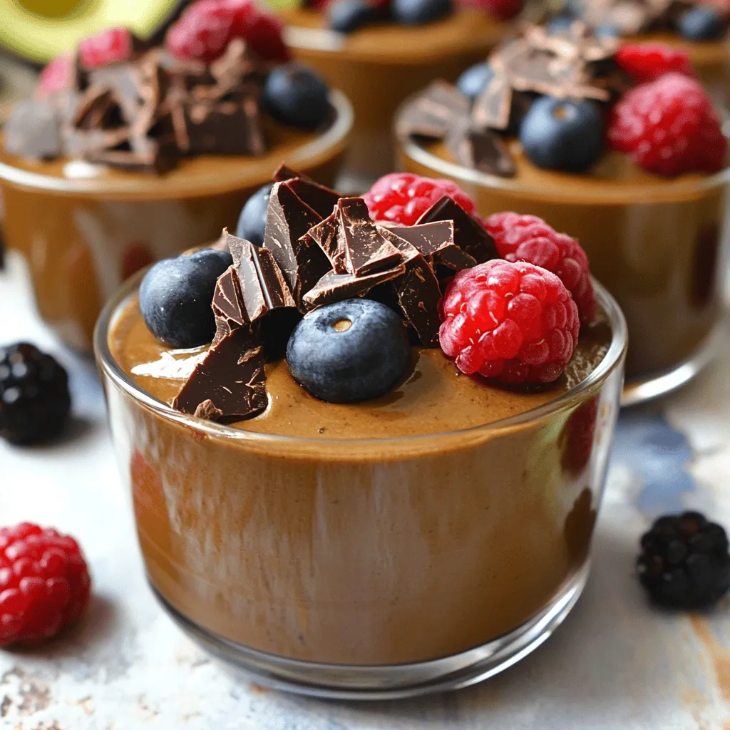 To make the best chocolate avocado mousse, gather these simple ingredients: - 2 ripe avocados, peeled and pitted - 1/2 cup unsweetened cocoa powder - 1/4 cup maple syrup (or honey) - 1/4 cup almond milk (or your preferred milk) - 1 teaspoon pure vanilla extract - 1/4 teaspoon fine sea salt - Optional toppings: shaved dark chocolate, fresh berries, or chopped nuts Using ripe avocados is key. They give the mousse a creamy texture. The cocoa powder brings rich chocolate flavor. Maple syrup or honey adds sweetness, balancing the flavors. Almond milk makes it smooth, but you can use any milk you like. Vanilla extract adds a lovely aroma, while the sea salt enhances all the flavors. For toppings, you can get creative! Shaved dark chocolate will make it more decadent. Fresh berries like raspberries or strawberries add a nice touch. Chopped nuts, like almonds or walnuts, give a delightful crunch. Each ingredient plays a role in making this treat special. For the full recipe, check the details above. - Step 1: Combine ingredients in a blender. Start with the ripe avocados, cocoa powder, maple syrup, almond milk, vanilla extract, and sea salt. This mix is key for a tasty mousse. - Step 2: Blend until smooth and creamy. Use high speed to ensure everything mixes well. Stop to scrape down the sides often so no lumps are left. - Step 3: Adjust sweetness if needed. Taste your mousse after blending. If you want it sweeter, add a bit more maple syrup. Blend again to mix. - Step 4: Transfer to serving bowls. Use a spatula to help pour the mousse into each bowl. This keeps it neat and easy. - Step 5: Chill in the refrigerator. Let the mousse sit for at least 30 minutes. This helps it set and the flavors mix. - Step 6: Garnish before serving. Top each bowl with your choice of shaved dark chocolate, fresh berries, or chopped nuts. This step adds a nice touch and makes it look fancy. For the full recipe, check the delightful chocolate avocado mousse section. Enjoy your treat! To make your chocolate avocado mousse truly amazing, follow these easy tips. - Use ripe avocados for the best texture. Ripe avocados are soft and creamy. They blend smoothly, giving your mousse a rich mouthfeel. Check for ripeness by gently squeezing the avocado. It should give a little but not be mushy. - Adjust cocoa and sweetener to your preference. Everyone has different tastes. If you like it more chocolatey, add more cocoa powder. If you prefer it sweeter, add extra maple syrup or honey. Taste as you go to find your ideal mix. - Chill longer for a thicker consistency. If you want a denser mousse, let it chill for an hour or more. This sets the mousse perfectly and helps the flavors blend. The longer it sits, the richer the taste becomes. Making this mousse is simple, and these tips will help you create a perfect treat. For the complete recipe, check out the [Full Recipe]. Enjoy your cooking! {{image_4}} You can get creative with this mousse by swapping a few ingredients. Here are some ideas: - Swap maple syrup for agave nectar. This change gives a different sweet taste. - Use coconut milk for a tropical twist. This adds a light and creamy flavor. - Add espresso powder for a mocha flavor. Just a little can give rich depth. The way you serve this mousse can make it even better. Try these ideas: - Pair with a fruit salad. Fresh fruits balance the rich chocolate nicely. - Serve alongside a scoop of vegan ice cream. This adds more creaminess and fun. Feel free to explore these variations and make this mousse your own! For the full recipe, check out the delightful chocolate avocado mousse. Store your chocolate avocado mousse in an airtight container in the fridge. This keeps it fresh and tasty. You should eat it within 3-5 days for the best flavor and texture. If you wait too long, it may turn brown and lose its creaminess. You can freeze chocolate avocado mousse for up to a month. To enjoy it later, simply thaw it in the fridge before serving. The mousse may change in texture a little, but it will still be delicious. Enjoy your delightful chocolate avocado mousse with these simple storage tips! Is Chocolate Avocado Mousse healthy? Yes! Chocolate avocado mousse is healthy. It uses avocados, which are rich in good fats. These fats help your heart. The mousse is also low in sugar. You can enjoy a tasty dessert that nourishes you. Can I make this recipe vegan? Absolutely! You can make this mousse vegan. Use maple syrup instead of honey. Almond milk is already a great choice. This way, you keep it plant-based and still delicious. How do I know if avocados are ripe enough? To check avocado ripeness, squeeze gently. It should feel soft but not mushy. You can also look for dark green skin. If the stem comes off easily, it’s ripe! What can I use instead of cocoa powder? If you don’t have cocoa powder, try carob powder. It has a similar taste but is sweeter. You can also use dark chocolate. Just melt it and mix it into the mousse. Can I use other types of sweeteners? Yes! You can swap maple syrup for agave nectar or coconut sugar. Each sweetener will change the flavor a bit. Adjust to your liking for the best taste. How to make chocolate avocado mousse without a blender? You can mash the avocados with a fork. Use a whisk to mix in the cocoa and sweetener. It takes more effort, but the mousse will still taste great. What are the health benefits of avocado in desserts? Avocados add healthy fats and fiber. They help you feel full longer. They also provide vitamins like E and K. This makes your dessert not only tasty but nutritious too. For the full recipe, check the delightful chocolate avocado mousse section! You now know how to make a yummy chocolate avocado mousse using simple ingredients. The steps are easy to follow, and I shared tips for the best texture. You can even customize it with fun variations or storage options. This treat is not just tasty; it's also healthy. Enjoy making it fresh or freeze for later. Get creative, have fun, and enjoy this delicious dessert!