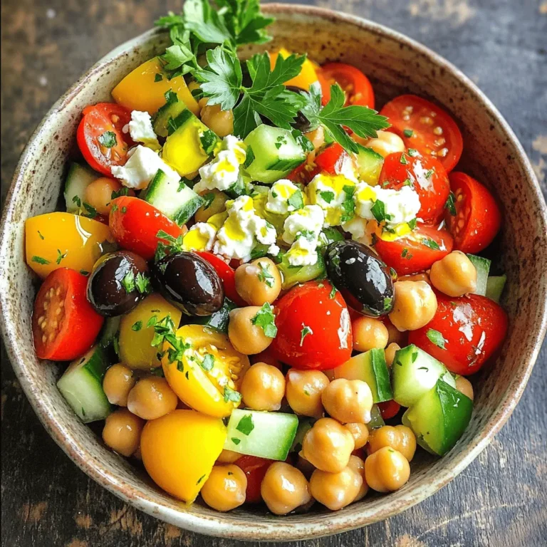 To make a Mediterranean chickpea salad, you need the following essential ingredients: - 1 can (15 oz) chickpeas, drained and rinsed - 1 cup cherry tomatoes, halved - 1 cucumber, diced into bite-sized pieces - 1 bell pepper (red or yellow), diced - 1/2 red onion, finely chopped - 1/2 cup feta cheese, crumbled (optional for a creamy finish) - 1/4 cup Kalamata olives, pitted and halved - 2 tablespoons fresh parsley, chopped (for a burst of freshness) - 1 teaspoon dried oregano (or more to taste) These ingredients create a vibrant mix. The chickpeas add protein, while the fresh veggies bring crunch and color. You can tweak the salad with optional ingredients for your taste. Here are some ideas: - Alternative cheese options like goat cheese or vegan cheese - Additional vegetables for crunch, such as radishes or carrots Feel free to mix and match. This salad is all about personal preference. A great dressing boosts the flavor. For a homemade dressing, use these key components: - 3 tablespoons extra virgin olive oil (for richness) - 2 tablespoons fresh lemon juice (for brightness) You can also add seasoning suggestions like: - Salt and pepper to taste - A pinch of garlic powder for extra zing This simple dressing ties everything together. It enhances the salad's taste while keeping it fresh and light. Enjoy the full recipe for more tips on preparing this delicious dish! To start, you need to rinse and prepare the chickpeas properly. Open the can of chickpeas and pour them into a colander. Rinse them under cold water until the water runs clear. This step removes excess salt and helps the chickpeas taste fresh. Next, chop the vegetables. Cut the cherry tomatoes in half. Dice the cucumber into bite-sized pieces. Chop the bell pepper and red onion finely. Aim for even sizes so they mix well. This gives the salad a nice look and texture. Now it's time to mix in the feta and olives. If you want creaminess, add crumbled feta cheese. If not, you can skip it for a lighter dish. Add the Kalamata olives by cutting them in half and tossing them in the bowl. For the dressing, grab a smaller bowl. Whisk together the olive oil, fresh lemon juice, dried oregano, and a pinch of salt and pepper. Taste it to see if you want more seasoning. This dressing adds richness and brightness to the salad. Drizzle the dressing over the salad mixture. Toss everything gently to coat all the ingredients evenly. Use a large spoon to mix without mashing the veggies. Let the salad rest for about 15-20 minutes at room temperature. This time allows the flavors to blend and enhances the taste. Serve the salad in a vibrant bowl. Add some extra parsley and feta on top for a beautiful finish. You can enjoy this dish with warm pita or grilled vegetables. For the full recipe, check out the Mediterranean Chickpea Salad details. To make this Mediterranean chickpea salad shine, adjust your seasoning. Salt brings out flavors. Taste as you go, and add more if needed. Fresh herbs, like parsley, lift the salad’s taste. You can also try fresh mint or basil for a new twist. Prep your ingredients ahead of time. Chop your vegetables and store them in the fridge. This way, you can whip up the salad in minutes. Using canned chickpeas saves time too. No soaking or cooking is needed. Serve this salad with warm pita bread or grilled vegetables. It makes a full meal when paired with protein, like grilled chicken or fish. For gatherings, use a bright bowl to show off the colors. Garnish with a sprinkle of feta or extra herbs for a nice touch. For the complete recipe, check out the [Full Recipe]. {{image_4}} You can easily make this Mediterranean chickpea salad vegan and gluten-free. Chickpeas are already gluten-free, making them a great base. To keep it vegan, simply skip the feta cheese. You can still enjoy a creamy texture by adding avocado or tahini. For protein, consider adding grilled tofu or quinoa for a hearty boost. To spice up your salad, try adding cumin or smoked paprika. These spices can enhance the flavor profile. You can also play with different dressings. A balsamic vinaigrette adds a sweet touch. For unique swaps, try using roasted red peppers instead of fresh bell peppers. They add a nice depth of flavor. Using seasonal produce makes your salad fresher. In summer, add ripe peaches or berries for sweetness. In winter, incorporate roasted root vegetables like sweet potatoes or carrots. These ingredients not only taste great but also add texture and color. Explore these options to keep your salad exciting all year round. For the complete dish, check out the Full Recipe. To store leftovers, place the salad in an airtight container. This keeps it fresh longer. Refrigerate it right away. Try to eat it within three days for the best taste. To avoid sogginess, keep the dressing separate. Add the dressing just before you serve the salad. This keeps the veggies crisp and fresh. The freshness of your Mediterranean Chickpea Salad lasts about three days in the fridge. Ingredients like chickpeas and veggies hold well, but some may lose their crunch. You can freeze the salad, but it may change in texture. If you freeze it, use it within a month. Just remember to thaw it in the fridge before eating. To serve leftovers, you don’t need to heat them. Enjoy the salad cold for a refreshing taste. If you prefer it warm, use the microwave. Heat it gently for about 30 seconds. To revive flavor after storage, add a splash of lemon juice. This brightens the dish and brings back its zesty taste. For the full recipe, check out the [Full Recipe]. If you want a creamy topping, you have options. Try goat cheese for a tangy taste. Ricotta also works well for a soft texture. For a plant-based choice, use vegan feta. You can easily find it in stores. Alternatively, mashed avocado adds creaminess too. You can store the salad for about three days. Keep it in an airtight container. Check for signs of spoilage, like a sour smell or slimy texture. If you see either, it’s best to discard it. Freshness is key to enjoying this dish. Yes, you can prepare it a day before. Just keep the dressing separate until you serve it. This keeps the salad crisp. Letting it sit helps the flavors mix well. Just remember to toss lightly before serving. Mediterranean Chickpea Salad is simple and delicious. We talked about the main ingredients, like chickpeas, fresh veggies, and feta. You can customize it with different veggies and cheeses to match your taste. Preparing it is easy, and the right dressing makes it shine. Remember to store leftovers properly to keep them fresh. Make this salad ahead for the best flavor. Overall, this dish is perfect for any meal and any time of year. Enjoy experimenting with the ingredients, and have fun with it!