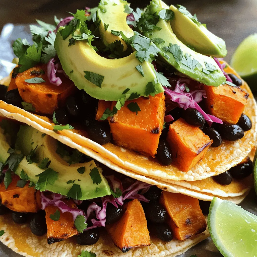 Here’s what you need to make sweet potato black bean tacos. These ingredients give your tacos a rich taste and a nice texture. - 2 medium sweet potatoes, peeled and diced - 1 can (15 oz) black beans, drained and rinsed - 1 tablespoon olive oil - 1 teaspoon ground cumin - 1 teaspoon smoked paprika - 1/2 teaspoon garlic powder - 1/2 teaspoon chili powder - Salt and freshly ground black pepper - 8 small corn tortillas - 1 ripe avocado, sliced - 1 cup red cabbage, finely shredded - Fresh cilantro, for garnishing - Lime wedges for serving Gather all these items before you start cooking. Fresh ingredients make a big difference in flavor. You can find most of these items at your local grocery store. Check the canned beans for low sodium options if you prefer. For a twist, try adding extra toppings like salsa or cheese! When you have everything ready, you can follow the Full Recipe to create these tasty tacos. - Preheat the oven to 425°F (220°C). - In a bowl, combine sweet potatoes with olive oil, cumin, smoked paprika, garlic powder, chili powder, salt, and pepper. - Spread the seasoned sweet potatoes on a baking sheet. - Roast them for 25-30 minutes until tender and slightly caramelized. - Warm black beans in a saucepan over medium heat. - Toast corn tortillas in a dry skillet for about 30 seconds on each side. - Take a warm tortilla and layer roasted sweet potatoes and black beans. - Add toppings like avocado, red cabbage, and cilantro for garnishing. Enjoy these tacos with lime wedges for an extra burst of flavor! You can find the Full Recipe to guide you through each step. To get sweet potatoes just right, roast them at 425°F (220°C). This temperature helps them caramelize nicely. Roast for about 25-30 minutes. You want them tender and a bit crispy. Make sure to stir them halfway through. This helps them cook evenly and adds great flavor. You can boost the taste by adding more spices. Try a pinch of cayenne for heat or some oregano for depth. Taste as you go and adjust the seasoning. Add salt and pepper to your liking. This makes each bite just right for you. Corn tortillas work great for these tacos. They have a nice texture and flavor. If you prefer flour, that’s fine, too! For a gluten-free option, look for corn tortillas labeled gluten-free. This way, everyone can enjoy them. {{image_4}} For those who follow a vegan diet, sweet potato black bean tacos are already a great fit. You can enjoy the rich flavors without any animal products. Just make sure to double-check your toppings. Use fresh ingredients like avocado, cabbage, and cilantro to keep it all plant-based. If you need a gluten-free option, corn tortillas work perfectly. They are naturally gluten-free, making them safe for anyone with gluten allergies. Just ensure your toppings and spices are also gluten-free. You can mix up your toppings to keep things exciting. Try adding diced tomatoes, jalapeños, or even mango salsa for a sweet twist. These additions will give your tacos a fresh look and taste. If you want to switch up the beans, you can use pinto beans or kidney beans instead of black beans. Both will add a different flavor and texture to your tacos. You can also use different vegetables like zucchini or bell peppers for a colorful mix. Pair your tacos with interesting sauces. A simple lime crema made with yogurt and lime juice adds a tangy zest. You can also drizzle hot sauce for a spicy kick. Don’t forget about herbs! Fresh cilantro is a classic, but you can also try fresh mint or parsley. These herbs will bring a unique flavor to your tacos. Explore these variations to find your perfect taco combination! For the full recipe, check out the full recipe section. To keep your sweet potato black bean tacos fresh, store leftovers in an airtight container. Place them in the fridge within two hours of cooking. They stay good for about three to four days. If you want to keep them longer, freeze the filling separately from the tortillas. Frozen tacos can last up to three months. When reheating, I recommend using the oven to keep the tacos crispy. Preheat your oven to 350°F (175°C). Place the tacos on a baking sheet and heat for about 10-15 minutes. This method helps maintain the texture and flavor. For the tortillas, warm them in a dry skillet for about 30 seconds on each side. This trick makes them soft and pliable again. Enjoy your delicious tacos just like the first time! Can I use frozen sweet potatoes? Yes, you can use frozen sweet potatoes. Just make sure to thaw and drain them first. This will help with cooking and avoid extra moisture. How can I make these tacos spicier? Add diced jalapeños or more chili powder to the sweet potatoes. You can also use spicy salsa for serving. Are sweet potato black bean tacos healthy? Yes, these tacos are healthy. Sweet potatoes provide fiber and vitamins. Black beans add protein and more fiber, making them filling and nutritious. What are some good side dishes to serve? Serve with a fresh salad, corn salsa, or guacamole. These sides pair well and add extra flavor. Can I use different types of beans? Yes, feel free to use pinto or kidney beans. They will work well and add a nice twist. How to make this recipe in advance? You can prepare the sweet potatoes and black beans ahead of time. Store them in the fridge for up to three days. Just heat them before serving. What size tortillas work best? Small corn tortillas work best for these tacos. They hold the filling well and keep the flavors balanced. Approximate calories per serving Each serving has about 350 calories. It’s a balanced meal with good nutrition. Nutritional benefits of sweet potatoes and black beans Sweet potatoes are rich in vitamins A and C. They also have antioxidants. Black beans are high in protein and fiber, which help with digestion. Together, they create a hearty and healthy dish. Sweet potato black bean tacos are simple and fun to make. With easy steps, you can roast sweet potatoes, warm black beans, and prepare tortillas. Try the tips for perfect roasting and flavor. Remember, you can swap ingredients or adjust spices to suit your taste. These tacos offer a tasty and healthy meal option. Plus, they store well for leftovers. Enjoy experimenting with different combinations to keep your meals exciting!