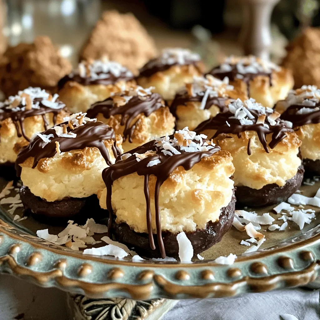 - 3 cups shredded unsweetened coconut - 1 cup sweetened condensed milk - 2 large egg whites The main ingredients are simple yet effective. Shredded coconut gives the macaroons their chewy texture. Sweetened condensed milk adds sweetness and moisture. Egg whites help bind everything together and create fluffiness. - 1 teaspoon pure vanilla extract - 1/4 teaspoon almond extract For extra flavor, add vanilla extract and almond extract. Vanilla brings warmth, while almond adds a nutty note. These two can make your macaroons even more delightful. - 1/2 cup dark chocolate chips A chocolate drizzle is a fun touch. Melt dark chocolate chips for a rich flavor. It contrasts well with the sweet coconut. This step is optional, but it takes your macaroons to the next level. For the full recipe, you can check the detailed instructions to create these tasty treats. First, preheat your oven to 325°F (160°C). This step warms up your oven for even baking. While the oven heats, line a baking sheet with parchment paper. This prevents the macaroons from sticking and makes cleanup easy. In a large bowl, combine 3 cups of shredded unsweetened coconut with 1 cup of sweetened condensed milk. Add 1 teaspoon of pure vanilla extract and a pinch of sea salt. If you want a hint of almond flavor, add 1/4 teaspoon of almond extract now. Mix everything well until it's smooth and well combined. In a separate bowl, crack 2 large egg whites. Whisk them vigorously until they become frothy. Keep whisking until soft peaks form. This step is key for light and fluffy macaroons. Now, gently fold the whipped egg whites into the coconut mixture. Use a spatula for this. Be careful not to stir too hard; you want to keep the air in the egg whites. This will make your macaroons light and airy. Using a small cookie scoop or your hands, shape the mixture into small mounds. Place them on the lined baking sheet, leaving about an inch between each mound. This space helps them bake evenly. Bake the macaroons for 20 to 25 minutes until they turn a lovely golden brown. After baking, take the macaroons out and let them cool on the baking sheet. This helps them firm up. While they cool, melt 1/2 cup of dark chocolate chips in a microwave-safe bowl. Heat in 30-second intervals, stirring in between until smooth. Once melted, drizzle the chocolate over the cooled macaroons. Let the chocolate set, or chill them in the fridge if you want it done quicker. For the full recipe, refer to the earlier section. To make the best coconut macaroons, whip the egg whites well. Start with clean, dry bowls. Beat the egg whites until they get frothy and soft peaks form. This step is key. It helps your macaroons rise and stay light. If you don’t whip them enough, your treats may turn out dense. Keep an eye on your macaroons while they bake. The ideal baking time is between 20 to 25 minutes. You want them golden brown on top. If you take them out too soon, they may be soggy. If you bake them too long, they could burn. Every oven is different, so check often! Presentation matters for these treats. Arrange the macaroons on a pretty platter. You can sprinkle a few extra coconut flakes around them for fun. This makes your display inviting. A well-presented dessert always looks more appetizing. If you drizzle chocolate on top, it adds a touch of elegance. For more ideas, check out the Full Recipe! {{image_4}} To make chocolate-dipped coconut macaroons, follow these extra steps after baking. First, let your macaroons cool completely. Then, melt about 1/2 cup of dark chocolate chips in a microwave. Heat in 30-second bursts, stirring each time until smooth. Once melted, dip the bottom of each macaroon into the chocolate. Place them back on parchment paper to harden. This adds a rich layer of flavor and a nice touch to your treats. Coconut macaroons are naturally gluten-free! To keep them that way, use sweetened condensed milk that is labeled gluten-free. You can also use certified gluten-free oats as a base for added texture. Just grind them into a fine powder before mixing. This will keep your macaroons light and chewy, perfect for those avoiding gluten. Want to mix things up? Consider adding different extracts! Along with vanilla, you can use almond extract, coconut extract, or even orange extract. Just swap out half of the vanilla for your chosen extract. This small change can create a whole new flavor experience. Try each variation to see which one you enjoy most! For the full recipe, check out Coconut Bliss Macaroons. To keep macaroons fresh, store them in an airtight container. Place them in a cool, dry spot. Avoid direct sunlight and heat. At room temperature, they can stay good for about three days. This method works well if you plan to enjoy them soon. Refrigerating your treats can extend their life. If you want to keep them longer, put them in the fridge. They will last up to a week this way. Make sure to use an airtight container to prevent them from drying out. Refrigeration may slightly change their texture, making them chewier. To freeze coconut macaroons, first, let them cool completely. Place them in a single layer on a baking sheet. Freeze them for about an hour until firm. Then, transfer them to a freezer-safe bag or container. Be sure to remove as much air as possible. They can last up to three months in the freezer. When ready to eat, thaw them in the fridge overnight. This method keeps them tasty and fresh for later enjoyment. For more detailed directions, check the Full Recipe. Coconut macaroons stay fresh for about 5 days at room temperature. Store them in an airtight container to keep them moist. If you want them to last longer, place them in the fridge. They can stay fresh for a week there. Just remember to let them come to room temperature before enjoying. Yes, you can use sweetened coconut. It adds a nice flavor but changes the sweetness. If you do this, cut back on the sweetened condensed milk in the recipe. This helps to keep the macaroons from getting too sweet. Try using about three-quarters of a cup of sweetened condensed milk if you prefer a sweeter treat. Dry macaroons usually happen if you overbake them. Make sure to watch them closely in the oven. They should be golden brown on top but not too dark. Another reason could be using too much coconut or not enough wet ingredients. Always stick to the recipe for the best results. If you find them dry, try adding a little more sweetened condensed milk next time to keep them moist. In this post, we covered how to make delicious coconut macaroons. We explored the key ingredients like shredded coconut, sweetened condensed milk, and egg whites. We walked through simple steps, from prepping the oven to making the perfect chocolate drizzle. I also shared tips for achieving a nice texture and beautiful presentation. Remember, you can store these treats easily, too. With a few variations, these macaroons can fit any taste. Enjoy creating your batch!