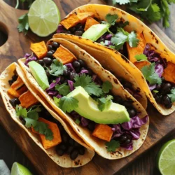 - 2 medium sweet potatoes, peeled and diced - 1 can black beans, rinsed and drained - 1 tablespoon olive oil - Spices: ground cumin, smoked paprika, garlic powder - Salt and pepper to taste - Tortillas and toppings: corn tortillas, avocado, red cabbage, lime, cilantro Gathering the right ingredients is key for sweet potato black bean tacos. You start with two medium sweet potatoes. Peel and dice them into one-inch cubes for even cooking. The sweet potatoes offer a rich, sweet flavor that balances well with the beans. Next, grab a can of black beans. Rinse and drain these to remove excess sodium and add them to your dish. For cooking, you'll need one tablespoon of olive oil. This helps the sweet potatoes roast to a golden perfection. Now, let’s talk spices. Ground cumin, smoked paprika, and garlic powder create an aromatic base. Salt and pepper will enhance the flavors. Don’t forget the tortillas! You will need small corn tortillas. They wrap around the filling perfectly. For toppings, choose a ripe avocado for creaminess, some finely shredded red cabbage for crunch, and fresh cilantro for a burst of flavor. Finally, add lime wedges to squeeze on top. This adds brightness to each bite. This mix of flavors makes for a colorful and tasty meal. Check out the Full Recipe for detailed instructions on how to prepare these tacos. 1. Preheat the oven to 400°F (200°C). This step sets the stage for the sweet potatoes. 2. Prepare and season the sweet potatoes. Peel and dice your sweet potatoes into 1-inch cubes. Place them in a bowl. Add olive oil, ground cumin, smoked paprika, garlic powder, salt, and pepper. Toss well to coat each piece evenly. 3. Roast the sweet potatoes for 25-30 minutes. Spread the seasoned sweet potatoes on a lined baking sheet. Roast them until they are tender and caramelized, stirring halfway through for even cooking. - Heat black beans in a saucepan with seasoning. Take a can of rinsed black beans and place them in a small saucepan. Heat over medium for about 5 minutes. You can add a pinch of salt or extra cumin for more flavor. - Warm and toast corn tortillas. You can warm the tortillas in a skillet or toast them directly over a gas flame. Do this for about 15-20 seconds on each side until they are soft and slightly toasted. - Layer the roasted sweet potatoes, black beans, and toppings. Take a warm tortilla and place a generous spoonful of roasted sweet potatoes in the center. Add a spoonful of warm black beans on top. Finish with avocado slices, shredded red cabbage, and fresh cilantro. Serve with lime wedges for a tangy kick. For the full recipe and details, check out the [Full Recipe]. - Stir the sweet potatoes halfway through roasting. This helps them cook evenly. - Always use fresh lime juice. It adds a bright, zesty flavor to the tacos. - Serve your tacos on a rustic wooden board. A colorful platter also makes a great display. - Add lime wedges and cilantro sprigs around the tacos. This makes the dish pop. - Pair your tacos with sides like rice or salsa. Guacamole also works well. - For a heartier meal, serve with a side of black beans or corn salad. For the full recipe, check out the Sweet Potato Black Bean Tacos. {{image_4}} You can make these sweet potato black bean tacos even better! Here are some ideas you can try: - Substitute quinoa for black beans for extra protein: Quinoa adds a nice texture and boosts protein. Cook it according to the package instructions, then mix it with the sweet potatoes. - Add spices like chili powder for added heat: If you like spice, chili powder gives a kick. Just add it to the sweet potato mix before roasting. Making these tacos fit your diet is easy. Here are some tips: - Vegan modifications: Check all ingredients to ensure they are plant-based. This recipe is naturally vegan, so you are good to go! - Gluten-free options: Use gluten-free tortillas. This way, everyone can enjoy these tacos without worry. Feel free to explore these options and make the recipe your own! For the complete recipe, check out the Full Recipe section. Store leftover sweet potatoes and black beans in separate airtight containers. This keeps each ingredient fresh. If you have extra toppings, like avocado or cabbage, store them too. Each item stays tasty longer when stored properly. To reheat, warm sweet potatoes and black beans on the stovetop or in the microwave. Use low heat on the stove and stir often. In the microwave, heat in short bursts to avoid overcooking. This way, your meal tastes just as good as when you first made it. Refrigerated leftovers last up to three days. For longer storage, freeze the sweet potatoes and beans. They can stay good in the freezer for about three months. When you're ready to eat, thaw them in the fridge overnight before reheating. Each taco has about 200-250 calories. This can vary with toppings. Sweet potatoes and black beans are both nutritious and filling, making this meal satisfying. The avocado adds healthy fats, while the corn tortillas keep it light. Yes, you can prep many parts in advance. Roast the sweet potatoes a day before. Store them in the fridge. You can also cook the black beans ahead. Just warm them when you assemble the tacos. This can save time on busy nights. If you want a different taste, try these options: - Pinto beans - Chickpeas - Lentils - Quinoa These alternatives keep the meal tasty and healthy. Each option adds a unique flavor to your tacos. Feel free to mix and match! For the complete recipe, check out the Full Recipe. This blog post detailed how to prepare delicious sweet potato black bean tacos. We covered the key ingredients needed, preparation steps, and helpful tips for cooking and presentation. We also explored variations and storage methods to keep your leftovers fresh. In the end, these tacos are easy to make and fun to customize. You can enjoy them any time, knowing they’re both tasty and healthy. Now, it’s your turn to try this recipe and impress your friends and family with a great meal!