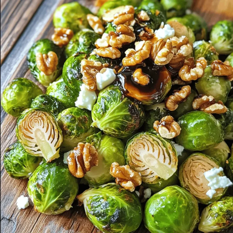 - 1 pound Brussels sprouts, trimmed and halved - 3 tablespoons balsamic vinegar - 2 tablespoons honey - 2 tablespoons extra virgin olive oil - 1 teaspoon Dijon mustard - 2 cloves garlic, minced - Salt and freshly ground black pepper to taste - 1/4 cup walnuts, chopped and toasted (for topping) - 1/4 cup feta cheese, crumbled (optional, for garnish) Each serving has about 180 calories, 10 grams of fat, 20 grams of carbohydrates, and 4 grams of protein. This dish is not only tasty but also packed with nutrients. The Brussels sprouts provide fiber, while walnuts add healthy fats. You will need a baking sheet, a mixing bowl, and a whisk. These tools help you mix the glaze and roast the sprouts evenly. A good baking sheet ensures crisp sprouts, while a sturdy mixing bowl makes it easy to toss the ingredients. For the full recipe, you can check out Balsamic Bliss Brussels Sprouts. This dish will impress any guest and bring joy to your dinner table. 1. Preheat your oven to 400°F (200°C). This helps the Brussels sprouts cook evenly. 2. Prepare a baking sheet by lining it with parchment paper. This makes cleanup easy. 3. Whisk together the balsamic dressing in a large bowl. Combine balsamic vinegar, honey, olive oil, Dijon mustard, minced garlic, salt, and pepper. Mix until smooth. 1. Toss the Brussels sprouts with the balsamic dressing. Make sure each sprout is well-coated. 2. Transfer the sprouts to the prepared baking sheet. Spread them out so they roast evenly. 3. Roast the Brussels sprouts in the oven for 20-25 minutes. Stir halfway through to ensure they caramelize nicely. They should be tender and golden brown. 1. Add toppings like toasted walnuts. They give a nice crunch. 2. Consider crumbling feta cheese on top for extra flavor. It adds creaminess. 3. Serve warm. Drizzle any balsamic glaze from the baking sheet over the sprouts for more taste. For the full recipe, check the earlier section. Enjoy your tasty side dish! To achieve perfect caramelization, ensure all Brussels sprouts are cut evenly. This helps them cook at the same rate. Also, avoid stacking them too high on the baking sheet. It limits airflow and leads to steaming instead of roasting. Stirring during roasting is essential. Halfway through, use a spatula to turn the sprouts. This ensures they brown evenly and develop sweet, rich flavors. Balsamic glazed Brussels sprouts pair well with many main dishes. Try them alongside roasted chicken, grilled steak, or baked salmon. They add a nice balance to richer proteins. Serve them warm for the best taste. For a lovely presentation, use a colorful dish or wooden board. Garnish with fresh herbs or extra walnuts for added flair. One common mistake is overcrowding the baking sheet. This prevents even cooking. Always spread the sprouts out in a single layer. Not preheating the oven is another pitfall. A hot oven helps the Brussels sprouts roast rather than steam. Always make sure your oven reaches the right temperature before you start cooking. For the full recipe, check out Balsamic Bliss Brussels Sprouts 🥦. {{image_4}} To make Balsamic Glazed Brussels Sprouts even more exciting, you can add spices and herbs. A pinch of red pepper flakes brings heat and bite. If you love fresh flavors, try adding chopped thyme or rosemary. These herbs brighten the dish and add depth. You’ll find that these small tweaks can change everything about the taste. If you need vegan options, swap honey with maple syrup. This keeps the glaze sweet without using animal products. For gluten-free variations, simply ensure your Dijon mustard is gluten-free. Many brands offer this, making it easy to enjoy a safe dish. Both options keep the sprouts delicious and satisfying. You can also cook Brussels sprouts in different ways. Air frying is a quick method that gives a crispy outside. Toss them with the balsamic glaze and cook at 375°F for about 15 minutes. The stovetop sauté method works well, too. Heat olive oil in a pan, add the sprouts, and cook until tender. This method allows for more control over the cooking process. For the full recipe, check out the Balsamic Bliss Brussels Sprouts. To keep your balsamic glazed Brussels sprouts fresh, use an airtight container. Glass containers work well, but plastic ones are fine too. Store sprouts in the fridge for up to three days. Make sure they cool down before sealing. This helps keep them crisp and tasty. When it’s time to enjoy your leftovers, the oven is best. Preheat it to 350°F (175°C). Spread the sprouts on a baking sheet and heat for about 10 minutes. This method keeps them crispy. You can also use a microwave. Just place them in a bowl, cover it, and heat for 1-2 minutes. Stir halfway through to heat evenly. If you want to freeze Brussels sprouts, start by cooking them first. Cool them completely, then place them in a freezer bag. Squeeze out the air before sealing. They will last up to three months in the freezer. To defrost, move them to the fridge overnight. You can also cook them straight from frozen. Just add a few extra minutes to the cooking time. Enjoy your balsamic bliss even later! For the full recipe, check out Balsamic Bliss Brussels Sprouts. If you need a sweetener, use maple syrup or agave nectar. Both sweeteners work well in the glaze. You can also try brown sugar or coconut sugar. Just mix them in the same amount as honey. Each option brings a unique taste but keeps the glaze sweet. You can prep Brussels sprouts a day before. Trim and halve them, then store in the fridge. Mix the balsamic glaze and keep it in a jar. On cooking day, combine everything and roast. This saves time and still keeps the dish fresh and tasty. Yes, you can use frozen Brussels sprouts. They save time but may lose some crispness. Cook them a bit longer to ensure they are tender. If you roast them, add a few extra minutes to the cooking time for best results. This blog post walks you through a tasty Brussels sprouts dish. You learned about key ingredients, cooking tips, and how to store leftovers. Remember to avoid common mistakes, like overcrowding your baking sheet. Explore flavor enhancements and dietary options for variety. You can even adjust the recipe for meal prep. With these steps, you’ll create delicious Brussels sprouts that everyone will enjoy. Don't hesitate to make this dish your own; the flavors will shine through. Happy cooking!