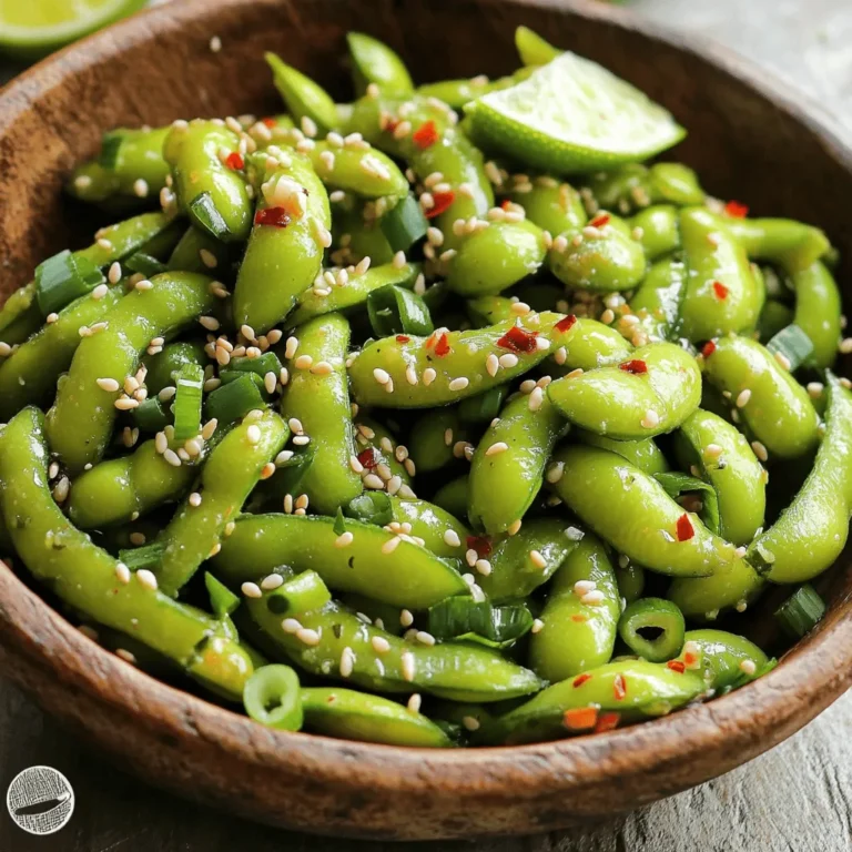 - 2 cups edamame in pods (fresh or frozen) - 3 tablespoons high-quality olive oil - 4 cloves garlic, finely minced - 1 teaspoon red pepper flakes - 1 tablespoon soy sauce - 1 tablespoon toasted sesame oil - 1 teaspoon freshly squeezed lime juice - Sea salt to taste - Toasted sesame seeds and chopped green onions for garnish When I make spicy garlic edamame, I love using fresh edamame. It adds a nice crunch. If you're short on time, frozen edamame works just as well. It’s easy to find in most grocery stores. The garlic is key. I always use fresh garlic, finely minced. It gives the dish a rich flavor. Red pepper flakes add the heat. You can adjust the amount based on your taste. The olive oil is my favorite part. I use high-quality oil for flavor. The soy sauce and sesame oil bring depth. A squeeze of lime juice brightens everything up. Don’t forget sea salt! It enhances the flavors. Finally, for garnish, use toasted sesame seeds and chopped green onions. They add color and a nice crunch. For the full recipe, check out Spicy Garlic Edamame Delight. Enjoy making this tasty dish! - If you use frozen edamame, cook it as the package says. Usually, this means boiling it for about 5-6 minutes until it’s tender. - If you have fresh edamame, rinse the pods well under cold water. This cleans them and makes them ready to cook. - In a large non-stick skillet, pour in the olive oil. Heat it over medium flame until it shimmers. Be careful; you don’t want it to smoke. - Next, add the minced garlic to the hot oil. Stir it for about 1-2 minutes. It should become fragrant and golden. Don’t let it brown; that can make it taste bitter. - Now, add the red pepper flakes to the skillet. Sauté for another 30 seconds to let the spice flavor the oil. - Carefully toss in the cooked edamame. Mix it gently with the garlic and oil until every pod is well-coated. - Drizzle the soy sauce and sesame oil over the edamame. Toss again to ensure every pod gets that tasty flavor. - Finally, squeeze fresh lime juice over the mix and sprinkle with sea salt. Stir gently to blend all the flavors. For the full recipe, check out the Spicy Garlic Edamame Delight. To get the best flavor from your garlic, sauté it for 1-2 minutes. You want it golden, not brown. Brown garlic can taste bitter. If you like heat, add red pepper flakes. Start with 1 teaspoon and add more if you want it spicier. Serve your spicy garlic edamame warm. Use a rustic bowl to make it look nice. Add lime wedges on the side. They give a fresh pop of flavor. For a colorful touch, sprinkle with toasted sesame seeds and chopped green onions. Edamame is packed with protein and fiber. It helps keep you full. A serving has about 17 grams of protein. It also has antioxidants that can help lower the risk of disease. Adding edamame to your diet can boost your health. {{image_4}} You can switch up the oils in this dish. Try using coconut aminos instead of soy sauce. This swap adds a sweet touch while keeping it gluten-free. You can also play with oils like sesame oil for a deeper flavor. Herbs and spices can also enhance your edamame. Consider adding fresh basil or cilantro for a fresh kick. A dash of smoked paprika or cumin can bring a unique twist too. You have options when cooking edamame. Grilling gives a smoky flavor. Just toss the pods on the grill until they get nice char marks. Sautéing is quicker and keeps the edamame tender. Oven-roasting is another great method. Toss the pods in oil and spices, then bake until crispy. This technique adds a crunchy texture that is hard to resist. Spicy garlic edamame works well as a side dish. It pairs nicely with grilled chicken or tofu. You can also serve it as an appetizer at parties. Mixing edamame into salads or grain bowls can add protein and flavor. Consider a quinoa bowl with edamame, veggies, and a light dressing. This makes a healthy and filling meal. For the full recipe, refer to the Spicy Garlic Edamame Delight section. After making spicy garlic edamame, let it cool to room temp. Place it in an airtight container. This keeps it fresh. Store it in the fridge for up to three days. When you're ready to eat, reheat it gently in a skillet. This helps maintain its flavor and texture. To freeze your spicy garlic edamame, cool it completely. Spread it in a single layer on a baking sheet. Freeze for one to two hours. Once frozen, transfer it to a freezer-safe bag. Remove as much air as you can. This way, it lasts for up to three months. When you want to enjoy it again, take out the desired amount. Thaw it overnight in the fridge. For a quick option, you can also microwave it directly. Reheat on low until warm. This keeps the flavors intact. For the best taste, add a splash of lime juice before serving. You can find the full recipe for spicy garlic edamame earlier in this article. Enjoy! Cooking edamame is quick and easy. For frozen edamame, it usually takes about 5-6 minutes to boil. Just follow the package instructions. Fresh edamame needs a quick rinse and can be boiled for about 3-5 minutes. You want them tender but not mushy. Yes, you can easily change the spice level! If you like it mild, use less red pepper flakes. For more heat, add more flakes or even some hot sauce. You can also try fresh chopped chili peppers for an extra kick. Spicy garlic edamame pairs well with many dishes. Consider serving it with rice or noodles. It also complements grilled meats or fish nicely. You can even have it as a starter with drinks. For a full meal, add a fresh salad or some stir-fried veggies. Try the full recipe for a delightful experience! In summary, this blog post detailed how to create spicy garlic edamame. You learned about the main and additional ingredients, step-by-step cooking instructions, and helpful tips. We also explored variations and storage methods to enjoy your dish later. Edamame is nutritious and versatile, making it a great addition to your meals. Whether as a snack or side, you can make it your own. Enjoy your cooking adventure with spicy garlic edamame!