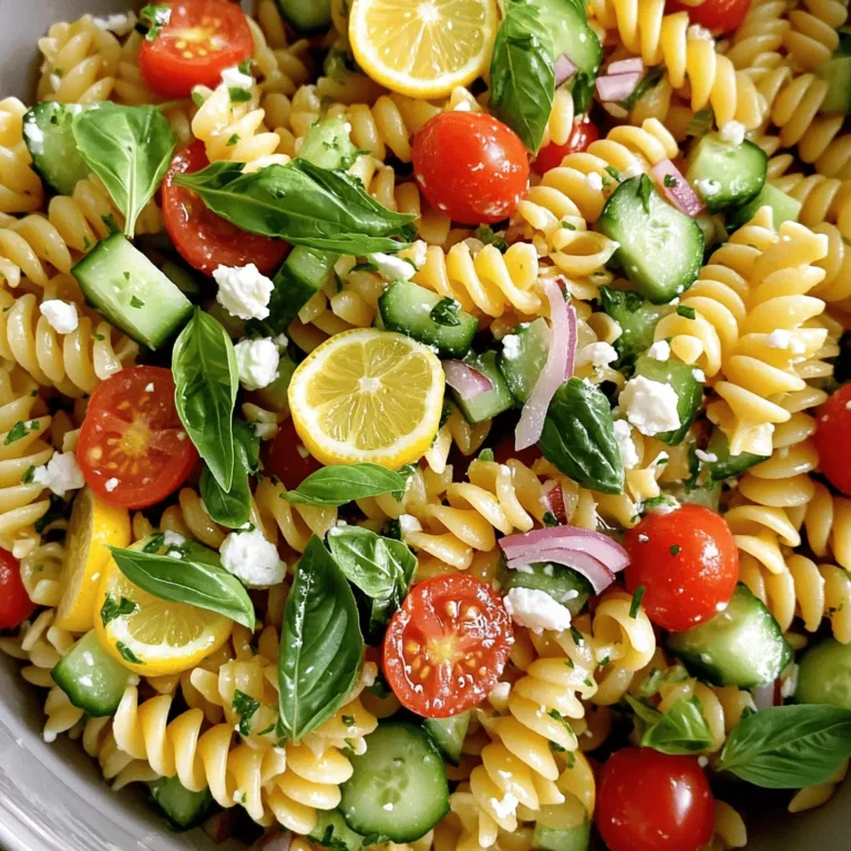 - 8 oz fusilli pasta - 1 cup cherry tomatoes, halved - 1 cucumber, diced into bite-sized pieces - 1/4 cup red onion, thinly sliced - 1/2 cup fresh basil leaves, gently torn - 1/4 cup feta cheese, crumbled - 1/3 cup extra-virgin olive oil - 3 tablespoons freshly squeezed lemon juice - 1 teaspoon lemon zest - Salt and freshly ground pepper to taste The main ingredients in this salad give it a fresh and vibrant taste. The fusilli pasta serves as the base. It holds onto the dressing and other ingredients well. Cherry tomatoes add a burst of sweetness. The cucumber brings a crisp texture. Next, we add the red onion, which gives a nice bite. Fresh basil leaves add a fragrant aroma. They create a beautiful look with their bright green color. Feta cheese adds creaminess and a salty kick to the dish. Now, let’s talk about the dressing. The extra-virgin olive oil forms the heart of the dressing. It adds richness and depth. Freshly squeezed lemon juice brightens the flavors. It's like sunshine in your bowl! Lemon zest adds an extra layer of citrus scent. Finally, salt and freshly ground pepper bring out all the flavors. This Lemon Basil Pasta Salad is simple and full of flavor. You can find the full recipe above to guide you through the steps. Enjoy this fresh delight any time of year! To start, boil a pot of salted water. Add the fusilli pasta and cook for 8-10 minutes. You want it al dente, with a slight bite. Once cooked, drain the pasta well. Rinse it under cold water to stop the cooking. This makes the pasta cool and ready for the salad. Next, grab a large mixing bowl. Add the halved cherry tomatoes, diced cucumber, and thinly sliced red onion to the pasta. Toss them gently together. This helps mix the flavors and textures. You want each piece to join the party! Now, let’s whip up the dressing. In a small bowl, mix the extra-virgin olive oil, freshly squeezed lemon juice, and lemon zest. Add salt and freshly ground pepper to taste. Whisk it all together until it blends well. This dressing gives your salad a bright, fresh taste. Time to bring everything together! Pour the lemon dressing over the pasta and veggies. Use a spatula or tongs to toss gently. You want to coat everything evenly but don’t mash the ingredients. Each piece should shine with flavor. Now, sprinkle crumbled feta cheese on top of the salad. Give it one last gentle toss to mix the cheese without breaking it too much. Taste the salad and adjust seasoning if needed. A little extra salt or pepper can make a big difference! Cover the bowl with plastic wrap or use an airtight container. Chill the salad in the fridge for at least 30 minutes. This step helps the flavors blend beautifully together. When ready to serve, scoop the salad into a decorative bowl. Enjoy this fresh and flavorful delight! For a complete guide, check out the Full Recipe. To make a tasty Lemon Basil Pasta Salad, cook the fusilli pasta until al dente. This means it should be firm but not hard. To do this, boil salted water and add the pasta. Check it after 8 minutes. If it feels firm but chewy, it’s ready. Drain the pasta and rinse it under cold water. This stops the cooking and keeps it from getting mushy. When adding vegetables, like cherry tomatoes and cucumber, make sure they stay crisp. Add them to the pasta after it cools down. This keeps their bright colors and fresh taste. Toss them in gently, so they don't break apart. To boost flavor, think about adding fresh herbs or spices. You could try parsley or chives for a different taste. A pinch of crushed red pepper adds a nice kick. Balance the salad's acidity by using more lemon juice or a bit of honey. This will round out the flavors and make each bite pop. For the best pairings, serve this salad with grilled chicken or shrimp. They add protein and make a complete meal. You can also serve it alongside a crisp green salad for extra crunch. When garnishing, use whole basil leaves for a fresh look. A sprinkle of extra feta cheese right before serving adds a nice touch. This salad looks great in a big bowl, so don’t be shy with the presentation. {{image_4}} You can easily add protein to your Lemon Basil Pasta Salad. Here are some tasty options: - Grilled Chicken: Cooked and diced, it adds a nice touch. - Shrimp: Lightly sautéed or grilled shrimp brings a fresh flavor. - Tofu: For a plant-based option, use firm tofu. Just cube and sauté it in olive oil. Each of these choices adds texture and makes the salad more filling. Feel free to mix and match based on what you like! If you're looking for vegan-friendly options, there are simple swaps to make. - Substitutes for feta cheese: Use crumbled tofu mixed with lemon juice and a pinch of salt. This gives a similar texture without dairy. - Dressing modifications for a vegan diet: Replace the honey (if used) with maple syrup or agave. This keeps the dressing sweet without using animal products. These changes make the salad just as tasty while fitting a vegan diet. Incorporating seasonal veggies can elevate your salad. Here are some ideas: - Spring: Add peas or asparagus for a fresh crunch. - Summer: Include bell peppers or zucchini for extra color and taste. - Fall: Try roasted butternut squash or broccoli for warmth. You can also use leftover produce to avoid waste. Toss in any extra veggies you have on hand. This not only saves food but also adds unique flavors! To keep your Lemon Basil Pasta Salad fresh, store it in an airtight container. This helps keep out air and moisture. Make sure to cover it well. If you have leftovers, place them in the fridge right away. This will help maintain the flavor and texture. You can store this salad in the fridge for about 3 days. After that, the flavors may fade. Look out for signs of spoilage, like a sour smell or slimy texture. If you see mold, throw it away. Always trust your senses when checking for freshness. Before serving the salad again, give it a good stir. This helps redistribute the dressing and flavors. If it seems dry, add a splash of olive oil or lemon juice. This will brighten it up. It’s best not to reheat this salad, as it tastes best cold. You can make this salad about a day in advance. Prepare the pasta, veggies, and dressing separately. Store them in airtight containers. Mix everything together just before serving. This keeps the pasta from getting mushy. For storage, use a bowl with a lid or plastic wrap. Chilling it in the fridge helps the flavors blend well. Yes, you can use gluten-free pasta for this recipe. Look for options made from rice, quinoa, or chickpeas. Cook it just like regular pasta. Be sure to rinse it after cooking to keep it from sticking. This way, everyone can enjoy the salad without worry. If you don’t like basil, try using parsley or arugula. They add a fresh taste, too. You can also use mint for a different flavor. Just chop the leaves finely and mix them in. Each option gives a unique twist to the salad. For the best results, choose herbs that you enjoy. Lemon Basil Pasta Salad is fresh and easy to make. You start with fusilli pasta and bright veggies. We mixed in a zesty dressing with flavors from lemon and olive oil. Don’t forget the crumbled feta for creaminess! You can swap in proteins or seasonal veggies for variety. Store leftovers properly to enjoy later. This salad is great for sharing and perfect for any meal. Try it out and impress your friends and family with a tasty dish. Enjoy your cooking!