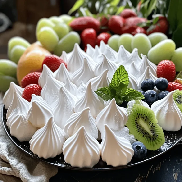 - 3 large egg whites, at room temperature - 3/4 cup granulated sugar - 1 teaspoon pure vanilla extract - 1/4 teaspoon cream of tartar - 1/2 teaspoon cornstarch - A pinch of salt - 1 cup mixed fresh fruit (e.g., strawberries, kiwi, blueberries, raspberries) - Fresh mint leaves for garnish (optional) I love using fresh fruit in my meringue cookies. The sweet fruit pairs perfectly with the light meringue. For this recipe, start with three large egg whites. Make sure they are at room temperature; this helps them whip better. Then, grab three-quarters of a cup of granulated sugar. This gives the meringue its sweet taste and helps it hold its shape. You’ll also need a teaspoon of pure vanilla extract. This adds a lovely flavor. For the additives, use a quarter teaspoon of cream of tartar. This helps keep the meringue stable. Add half a teaspoon of cornstarch to keep the meringue light and fluffy. Don’t forget a pinch of salt; it enhances all the flavors. Now for the fun part: the fruit! I like to use a cup of mixed fresh fruit, like strawberries, kiwi, blueberries, and raspberries. Feel free to mix and match as you wish. If you want to make it pretty, add fresh mint leaves for garnish. It adds color and a fresh taste. You can find the full recipe for these delightful meringue cookies with fresh fruit in the article. - Preheat your oven to 225°F (110°C). - Line two baking sheets with parchment paper. This keeps the meringues from sticking. - In a clean bowl, beat egg whites with cream of tartar until foamy. - Slowly add sugar, one tablespoon at a time. Mix until glossy and stiff peaks form. This step should take about five to seven minutes. - Add vanilla extract, cornstarch, and a pinch of salt to the meringue. - Mix gently until everything is blended. Be careful not to deflate the meringue. - Spoon or pipe the meringue onto the prepared baking sheets. - Bake for 1.5 to 2 hours until they feel dry. - Turn off the oven and let the meringues cool inside for an hour. This helps them achieve that perfect melt-in-your-mouth texture. Once cooled, you can add your fruit for a beautiful presentation. For the full recipe, check out the delightful meringue cookies with fresh fruit! To make perfect meringue cookies, start with clean tools. Ensure your bowls and utensils are completely dry. Any moisture can ruin your meringue. Next, add sugar slowly. Gradually mix it in, one tablespoon at a time. This helps create a smooth texture. When you achieve glossy, stiff peaks, you know you're on the right track. Fresh fruit is key for flavor and looks. Choose ripe, juicy options like strawberries and blueberries. Wash and slice them just before serving. This keeps them fresh and vibrant. If you use fruits like kiwi or peaches, consider drying them slightly. Removing some moisture prevents soggy meringues. This ensures your sweet treat stays light and airy. {{image_4}} You can try many fruits with meringue cookies. Think about using mango, peaches, or even a tropical mix. Each fruit adds a unique taste and color. Seasonal themes also work great. In the summer, use fresh berries like strawberries and blueberries. In the winter, citrus fruits like oranges or lemons shine. This makes your dessert not just tasty but also colorful. Adding extracts can change the whole flavor of your meringue cookies. Try almond or lemon extracts for a twist. You can also play with different types of sugar. Flavored sugars can adjust the sweetness while adding extra depth. This way, you can create your own yummy blend. Experimenting with flavors makes cooking fun and personal. For the full recipe, check out Delightful Meringue Cookies with Fresh Fruit . Store your meringue cookies in an airtight container. They will stay fresh at room temperature for up to a week. This keeps them crisp and tasty. You can freeze meringue cookies for later. They are best eaten within three months of freezing. To enjoy them at their best, wrap each cookie tightly in plastic wrap before placing them in a freezer bag. Meringues love to stay dry. To keep them crisp, store them away from humidity. Avoid placing them near the stove or sink. This way, you will enjoy their light and airy texture every time you take a bite. For detailed instructions on making these treats, refer to the full recipe. Yes, but it may change the texture. Granulated sugar helps create a nice, crisp meringue. If you use powdered sugar, the meringue might be softer and less stable. Lemon juice or white vinegar can be used as substitutes. Both options add acidity. This helps stabilize the egg whites and keeps them fluffy. Yes, incorporating cocoa powder or flavors can enhance the taste. Try adding a bit of cocoa powder for chocolate meringues. You can also use extracts like almond or lemon for a twist. Ensure all ingredients are at room temperature and avoid humidity. If your kitchen is humid, the meringue might absorb moisture, causing weeping. Keep your meringues dry and store them properly. Meringue is a simple treat with just a few key ingredients. You learned how to whip egg whites, bake, and store this delicate dessert. With tips for adding fruit and flavors, you can get creative. Always use fresh fruit for the best taste and appearance. Lastly, remember to keep meringues dry to stay crispy. Enjoy making your own meringue and share it with friends and family!