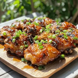 - 4 boneless, skinless chicken thighs - 1/4 cup honey - 3 tablespoons low-sodium soy sauce - 3 cloves garlic, finely minced - 1 tablespoon sriracha sauce - 1 tablespoon sesame oil - 1 teaspoon fresh ginger, finely grated - Salt and freshly ground black pepper to taste For this dish, I recommend using boneless skinless chicken thighs. They cook up juicy and tender. Honey and soy sauce create the perfect sweet and salty blend. Garlic adds depth, while fresh ginger brings a nice zing. Sriracha gives it heat, but you can adjust it to your taste. - 2 tablespoons green onions, thinly sliced - 1 tablespoon sesame seeds Garnishes like green onions and sesame seeds add color and texture. They make the dish pop when you serve it. - You can use different sauces for heat, like chili paste or hot sauce. - If you prefer, chicken breasts work well too. They are leaner but still tasty. Feel free to mix and match! Cooking should be fun and personal. Check the full recipe for more details. To start, grab a medium mixing bowl. Combine honey, soy sauce, minced garlic, sriracha, sesame oil, and grated ginger. Whisk these ingredients together until you have a smooth blend. This step is key! Whisking helps mix all flavors well, ensuring every bite is tasty. Next, take four boneless, skinless chicken thighs. Place them in a large resealable plastic bag or a shallow dish. Pour the marinade over the chicken. Make sure every piece is well coated. Seal the bag or cover the dish and refrigerate for at least 30 minutes, or up to 2 hours. This allows the chicken to soak up all those great flavors. Now, it’s time to cook! Preheat your oven to 400°F (200°C). While the oven warms, lightly grease a baking dish. Transfer the marinated chicken thighs into the dish. Drizzle any leftover marinade over the top. Sprinkle with salt and freshly cracked black pepper. After baking for about 25-30 minutes, the chicken should reach 165°F (75°C). For a nice caramelized finish, switch on the broiler for the last 2-3 minutes. Keep a close eye to avoid burning. This step adds a beautiful color and flavor to your chicken. Once cooked, remove the chicken from the oven. Let it rest for about 5 minutes. This step is important! Resting helps the juices redistribute, keeping the chicken moist. For a stunning presentation, sprinkle sliced green onions and sesame seeds on top. Serve the chicken on a large platter with rice and veggies for a complete meal. For the complete cooking process, check the Full Recipe. To adjust the spiciness of your spicy honey garlic chicken, you can use sriracha. Start with one tablespoon. If you like it hotter, add more sriracha. This gives you control over the heat. You can also add herbs and spices to customize your marinade. Try adding a pinch of paprika for color. Fresh herbs like cilantro or basil add great flavor too. You can cook this dish in different ways. Grilling adds a smoky flavor. Stovetop cooking is quick and easy. Use a cast-iron skillet for great heat distribution. Recommended tools include a good whisk and a meat thermometer. A meat thermometer helps ensure your chicken is perfectly cooked. Aim for an internal temperature of 165°F (75°C). Resting the chicken after cooking is very important. This step helps the juices stay in the meat. Let the chicken sit for about five minutes. Look for the juices running clear to know it’s done. If the juices are pink, it needs more cooking. Tender chicken is key for a delicious meal. Enjoy your flavorful dish! {{image_4}} You can easily modify this dish for a keto diet. First, reduce the sugar. Swap honey for a low-carb sweetener, like erythritol or monk fruit sweetener. Use a no-sugar soy sauce, like coconut aminos, for flavor. Serve this dish with cauliflower rice instead of regular rice. This change keeps the carb count low and adds a tasty twist. Adding veggies is a great way to boost nutrition. You can put them right in the baking dish. Try bell peppers, broccoli, or snap peas. These vegetables pair well with the sweet and spicy sauce. They add color, crunch, and flavor. Cook them alongside your chicken for a one-pan meal. You don’t have to stick to chicken. Tofu or shrimp can work beautifully too. If using tofu, choose firm or extra-firm. Cut it into cubes, then marinate just like the chicken. For shrimp, you need to adjust the cooking time. Shrimp cooks faster, so bake for just 10-15 minutes. Enjoy experimenting with different proteins to find your favorite! For the full recipe, check the recipe section above. To store leftovers safely, let the chicken cool first. Place it in an airtight container. This keeps the chicken fresh and prevents odors. You can store it in the fridge for up to three days. Glass or plastic containers work best for this purpose. Freezing cooked chicken is easy. First, let the chicken cool completely. Then, wrap it tightly in plastic wrap. After that, place it in a freezer-safe bag or container. This protects it from freezer burn. You can freeze it for up to three months. To thaw, move the chicken to the fridge overnight. This method helps keep the flavor intact. Reheating chicken without drying it out is key. The best method is to use the oven. Preheat it to 350°F (175°C). Place the chicken in a baking dish and cover it with foil. Heat for about 15-20 minutes until warmed through. You can also use the microwave. If you do, heat in short bursts of 30 seconds. Check often to avoid overcooking. Marinate your chicken for at least 30 minutes. For deeper flavor, aim for 2 hours. The marinade needs time to soak into the chicken. This helps the chicken absorb all those tasty spices. Yes, you can use maple syrup or agave syrup. Both can replace honey well. They add sweetness without altering the taste too much. Try to choose a sweetener that suits your diet. I recommend serving it with jasmine rice or basmati rice. Stir-fried veggies go great too. You can add a fresh salad for crunch. These sides balance the sweetness of the chicken. This dish can be part of a healthy diet. Chicken provides protein, while honey adds natural sweetness. Just watch your portion sizes. Pair it with veggies for added nutrients. You can find the complete recipe details [here](#). This will guide you step-by-step through the cooking process. This blog post covered making Spicy Honey Garlic Chicken from start to finish. We discussed main ingredients and optional garnishes. I gave tips on marinating, baking, and broiling the chicken. You can customize the dish with different proteins and vegetables. In conclusion, this meal is easy and fun to make. It’s tasty and can fit various diets. Enjoy experimenting with your own twists! Happy cooking!