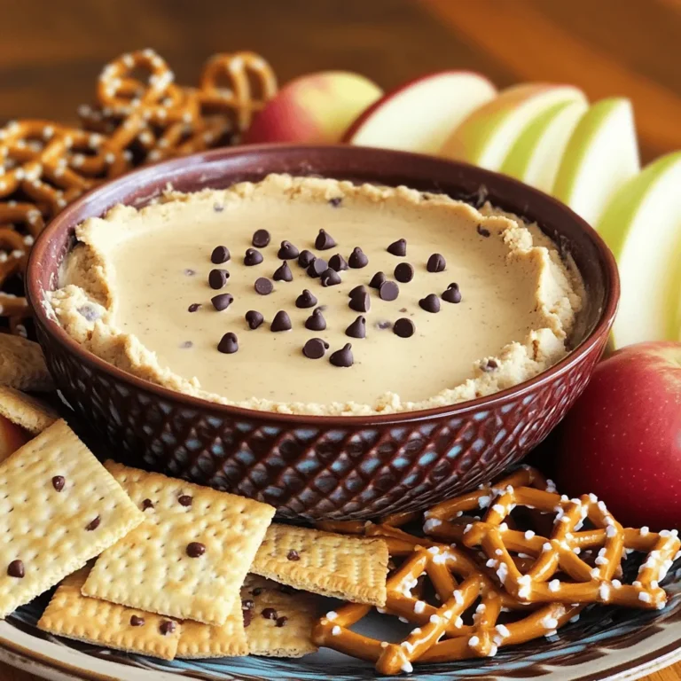 To make this tasty dip, gather these main ingredients: - 1 cup all-purpose flour - 1/2 cup unsalted butter, softened - 1/2 cup brown sugar, packed - 1/4 cup granulated sugar - 1 teaspoon pure vanilla extract - 1/2 teaspoon salt - 1 cup cream cheese, softened - 1/2 cup mini chocolate chips - 1/2 cup powdered sugar - 1-2 tablespoons milk (optional) These items create a rich and creamy dip that tastes just like cookie dough. The butter and sugars give it a sweet base, while the cream cheese adds a smooth texture. The mini chocolate chips provide that perfect chocolatey crunch. You can make this dip your own by adding these optional ingredients: - Peanut butter for a nutty twist - Cocoa powder for a deeper chocolate flavor - Chopped nuts for added crunch - A sprinkle of sea salt for balance These extras can change the taste and make it more fun. Feel free to mix and match based on what you like! When serving your dip, choose some great dippers: - Graham crackers - Apple slices - Pretzels These dippers provide a nice contrast to the sweet dip. They add a crunchy texture and make for a fun, interactive dessert. You can also use cookies for an extra indulgence. Just remember, the Full Recipe will guide you through every step to achieve this delightful treat! To start, prepare the flour. Take 1 cup of all-purpose flour and put it in a microwave-safe bowl. Heat it for 1 minute. Make sure it reaches 160°F (70°C). This step is key. It kills any bacteria, making the flour safe to eat raw. Once heated, let the flour cool completely before using it. Now, it’s time to mix the dough. In a large bowl, add the softened unsalted butter, 1/2 cup brown sugar, and 1/4 cup granulated sugar. Use a hand or stand mixer on medium speed. Beat the mixture until it becomes light and fluffy, which should take about 2-3 minutes. Next, add 1 cup of softened cream cheese, 1 teaspoon of vanilla extract, and 1/2 teaspoon of salt. Mix on low speed until the mixture is smooth. Gradually add the cooled flour to this mix. Keep mixing on low speed until everything combines well. Use a spatula to scrape down the sides of the bowl as you mix. For the final touches, gently fold in 1/2 cup of mini chocolate chips and 1/2 cup of powdered sugar. If the dip seems too thick, add 1-2 tablespoons of milk to reach your desired consistency. Once blended, transfer the dip to a nice serving bowl. Smooth the top with a spatula. For a great presentation, arrange dippers like graham crackers, apple slices, or pretzels around the bowl. You can also drizzle melted chocolate on top or sprinkle extra mini chocolate chips for an appealing look. Enjoy your treat! For the full recipe, check the details above. To get a smooth dip, start with softened butter and cream cheese. This helps them mix easily. If the dip is too thick, add 1-2 tablespoons of milk. This will make it creamy without losing taste. Mix well after adding milk to ensure it blends in nicely. Taste your dip as you mix. Some like it sweeter, while others prefer less sugar. You can add more brown sugar or powdered sugar to make it sweeter. If you want less sweetness, reduce the sugar in the recipe. This way, you can make the dip just how you like it. First, choose a nice bowl for the dip. A decorative bowl makes it look fun. Arrange dippers like graham crackers, apple slices, or pretzels around the bowl. To impress, drizzle melted chocolate on top. You can also sprinkle extra mini chocolate chips for a pretty finish. This makes it a treat that everyone will enjoy! For the complete recipe, check the [Full Recipe]. {{image_4}} You can make this dip even more fun by adding extra flavors. Peanut butter brings a nutty taste that pairs well with chocolate. Just mix in half a cup of creamy peanut butter. Nutella adds a rich, chocolate-hazelnut twist. Use a similar amount, about half a cup, for a decadent treat. A sprinkle of sea salt on top brings balance to the sweetness. This simple touch makes each bite pop with flavor. Switching up your chocolate chips can change the whole dip. You can use dark chocolate chips for a richer flavor. Semi-sweet chocolate chips provide classic sweetness. Try milk chocolate chips for a sweeter experience. White chocolate chips add a creamy touch that many love. For a crunchy surprise, mix in some toffee bits or butterscotch chips. This gives the dip texture and extra sweetness. If you want a lighter version, try using low-fat cream cheese. It keeps the dip creamy while cutting down on fat. You can also use Greek yogurt for a protein boost. For sweetness, consider using natural sweeteners like honey or maple syrup. These options can help reduce refined sugars. Always taste as you go to find your perfect balance. These swaps keep the dip delicious while being mindful of health. For the full recipe, check out the Decadent Chocolate Chip Cookie Dough Dip section. To keep your Chocolate Chip Cookie Dough Dip fresh, store it in an airtight container. This helps prevent it from drying out. I always recommend placing a piece of plastic wrap directly on the surface of the dip before sealing the container. This extra step keeps the dip creamy and delicious. When stored properly, your dip can last about 3 to 5 days in the fridge. Be sure to check for any signs of spoilage, like a change in smell or texture. If you notice anything off, it’s best to toss it. Always trust your senses! Yes, you can freeze this dip! Just place it in a freezer-safe container. It will stay fresh for up to 2 months. When you want to enjoy it again, thaw it in the fridge overnight. You may need to stir it a bit to bring back its creamy texture. Enjoy your tasty treat whenever you want! No, raw flour can have harmful bacteria. To make it safe, you must heat it. Place the all-purpose flour in a microwave-safe bowl and heat it for about one minute. The flour should reach 160°F (70°C). This step is key to keeping you safe while enjoying this dessert. Yes, you can make a vegan version of this dip. Use vegan butter instead of regular butter. For cream cheese, select a plant-based alternative. Also, swap granulated sugar with coconut sugar or another vegan sweetener. This way, you can enjoy the dip without any animal products. If you lack cream cheese, try using Greek yogurt or silken tofu. Both options give a creamy texture. For a sweet twist, you can use a vanilla-flavored yogurt. Just mix it well with the other ingredients to keep that tasty flavor. If you want to try making this dip, check out the Full Recipe. This blog covered making a tasty chocolate chip cookie dough dip. We discussed key ingredients and how to prepare them. I shared tips for a creamy texture and ways to make it your own. You learned about storage options and answered common questions. In closing, this dip is fun to make and share. Don't hesitate to try different flavors and dippers. Enjoy your tasty creation!