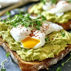 - 2 ripe avocados - 4 slices of hearty whole-grain bread - 4 large eggs - 1 tablespoon apple cider vinegar - 1 teaspoon red pepper flakes - 1 tablespoon freshly squeezed lemon juice - Sea salt and freshly cracked black pepper to taste - A handful of fresh microgreens or peppery arugula for garnish - Extra virgin olive oil for drizzling Gathering fresh ingredients makes all the difference. I love using ripe avocados because they provide a rich, creamy base. Look for avocados that yield slightly when you press them. Whole-grain bread adds a nice texture and heartiness. The eggs must be large for poaching. They will give you the perfect runny yolk. Apple cider vinegar plays a key role as it helps the egg whites hold their shape. Don't forget the red pepper flakes! They add a delightful kick to the dish. When choosing your garnish, microgreens or arugula add a fresh touch. Lastly, a drizzle of extra virgin olive oil boosts the flavor and richness. Each ingredient plays a role in creating a delicious avocado toast with poached egg. For the full recipe, check out the details above. To toast your bread to perfection, start with hearty whole-grain slices. Place them in a toaster and select your desired crispiness. If you prefer, use a skillet. Heat the skillet over medium heat and add the bread. Flip the slices occasionally until they turn golden brown. Both methods work well, so choose what suits you best. Next, let’s prepare the avocado mixture. Take two ripe avocados and cut them in half. Remove the pit and scoop the flesh into a bowl. Use a fork to mash it. Aim for a creamy yet slightly chunky texture. To enhance the flavor, mix in one tablespoon of freshly squeezed lemon juice, one teaspoon of red pepper flakes, and a pinch of sea salt and black pepper. Taste it and adjust the seasoning as needed. Now, let’s focus on poaching the eggs. Fill a medium saucepan with about three inches of water. Bring the water to a gentle simmer over medium heat. Add one tablespoon of apple cider vinegar to help the egg whites firm up. Crack an egg into a small bowl, then gently slide it into the water. Repeat this for the other eggs. Poach them for about 3-4 minutes for a runny yolk. If you want firmer yolks, cook them a bit longer. Use a slotted spoon to remove the eggs, and place them on a paper towel to drain. Finally, it’s time to assemble your avocado toast. Spread a generous layer of the mashed avocado on each slice of toasted bread. Make sure to cover it fully. Top each slice with a poached egg. For a finishing touch, sprinkle a bit more salt and cracked pepper on top. Drizzle extra virgin olive oil for added flavor. To make it look nice, garnish with fresh microgreens or arugula. Enjoy your delicious avocado toast with poached egg! For the full recipe, check out the details above. To get the perfect yolk, timing is key. For a runny yolk, poach the eggs for about 3-4 minutes. If you like your yolks firmer, add one more minute. Keep an eye on them; the simmering water helps cook evenly. The vinegar helps the egg whites stay together, so do not skip it! You can elevate your dish with a few simple spices and toppings. Try adding a pinch of smoked paprika for depth. A sprinkle of feta cheese adds creaminess and tang. If you like heat, add more red pepper flakes. Microgreens or arugula give a fresh, peppery bite that complements the rich avocado. You can save time by preparing some parts in advance. You can mash the avocado and store it in the fridge for up to a day. Just add lemon juice to keep it fresh. Toast the bread ahead, too. When you are ready to eat, just reheat the toast and poach your eggs. This way, you can enjoy your avocado toast quickly! {{image_4}} You can change your avocado toast with fun toppings. Try adding feta cheese for a salty kick. Cherry tomatoes add sweetness and color, making your dish look great. Smoked salmon brings a rich flavor that pairs well with the creamy avocado. Each topping gives a new taste to this classic dish. Want to make your avocado toast vegan? Simply skip the egg! You can replace it with sliced radishes or a sprinkle of nutritional yeast. For a gluten-free option, choose gluten-free bread. There are many tasty ways to enjoy this dish while meeting your dietary needs. Explore flavors from around the globe. Add za'atar spice for Middle Eastern flair. Try sriracha for a spicy kick inspired by Asian cuisines. You can also sprinkle dukkah, an Egyptian nut and spice mix, for a crunchy twist. Each variation turns your avocado toast into a new dish worth savoring. To store leftover avocado toast, separate the components. Keep the bread and avocado mix apart. Place the bread in an airtight bag. This keeps it from getting soggy. Store the avocado mix in a bowl with plastic wrap. Press the wrap down on the mix to reduce air exposure. You can enjoy the toast for up to a day this way. When you're ready to eat your toast, reheat the bread. You can use a toaster or a skillet. Toast it lightly to regain crispness. Avoid the microwave, as it can make the bread chewy. If you have leftover poached eggs, warm them gently in hot water for a few minutes. This way, they stay soft and tasty. Avocados stay fresh for about 2-3 days if ripe. Store them in the fridge to slow browning. Whole-grain bread lasts about a week at room temperature. If you want it to last longer, freeze the slices. Just remember to separate them with parchment paper before freezing. This way, you can take out one slice at a time. To keep your avocado fresh, use these easy tips: - Store in the fridge: Once cut, wrap the avocado tightly in plastic wrap. This limits air exposure. - Use lemon juice: Squeeze some lemon juice on the flesh. The acid slows browning. - Keep the pit: If you have half an avocado, leave the pit in the other half. It can help reduce browning. These methods help keep your avocado looking tasty and fresh longer. If you want to skip eggs, here are some tasty options: - Tofu: Silken tofu can mimic the texture of a poached egg. Just warm it and add spices. - Chickpeas: Mash chickpeas with a bit of olive oil and spices for a protein boost. - Avocado: You can add extra avocado on top. It adds creaminess and flavor. These substitutes keep your dish tasty and filling without eggs. Yes, you can use frozen avocados! Here are some tips: - Thaw first: Place the frozen avocado in the fridge overnight or use warm water to thaw quicker. - Texture change: Frozen avocados may be softer. They still work well on toast. - Flavor: You might lose some freshness, but adding lemon juice helps brighten the taste. Using frozen avocados is a good backup when fresh ones are not available. This blog post shared a delicious avocado toast recipe with tips and variations. You learned how to toast bread, mash avocados, and poach eggs perfectly. We also addressed storage and reheating to maintain quality. Remember, cooking is all about fun and experimenting. Try different toppings and flavors to make this dish your own. Enjoy your tasty creations and share them with friends!