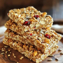 To make these tasty nutty granola bars, gather the following ingredients: - 2 cups rolled oats - 1/2 cup almond butter - 1/4 cup honey or maple syrup - 1/2 cup mixed nuts (almonds, walnuts, pecans) - 1/4 cup pumpkin seeds - 1/4 cup sunflower seeds - 1/2 cup dried fruits (cranberries, raisins) - 1/2 teaspoon ground cinnamon - 1/4 teaspoon sea salt - 1 teaspoon pure vanilla extract These ingredients create a great balance of taste and nutrition. The oats provide fiber, while nuts and seeds add protein and healthy fats. Honey or maple syrup gives the bars sweetness and helps bind everything together. You can customize your granola bars by adding optional ingredients: - Chocolate chips - Coconut flakes - Chia seeds These add-ins let you play with flavors. Chocolate chips make the bars sweeter, while coconut adds a tropical twist. Chia seeds boost nutrition and add texture. Each bar has about 150 calories. The bars are rich in nutrients. They have a good mix of carbs, protein, and fat. Health benefits of ingredients: - Oats: Great for heart health. They lower cholesterol. - Nuts: Packed with protein. They help keep you full. - Seeds: Full of vitamins and minerals. They support overall health. - Dried fruits: They add natural sweetness and fiber. For the full recipe, check out the detailed cooking instructions. Start by preheating your oven to 350°F (175°C). This temperature helps the bars cook evenly. Next, grab an 8-inch square baking dish. Line it with parchment paper, so the bars lift out easily later. In a large mixing bowl, combine 2 cups of rolled oats with 1/2 cup of chopped mixed nuts. You can use almonds, walnuts, or pecans. Then, mix in 1/4 cup each of pumpkin seeds and sunflower seeds. Add 1/2 cup of dried fruits like cranberries or raisins. Finally, sprinkle in 1/2 teaspoon of ground cinnamon and 1/4 teaspoon of sea salt. Stir well to blend all the dry ingredients. In a small saucepan, melt 1/2 cup of almond butter and 1/4 cup of honey over low heat. Stir until the mixture is smooth. Once melted, take it off the heat and mix in 1 teaspoon of pure vanilla extract. This extra flavor makes a big difference! Pour the warm almond butter mixture over the dry ingredients in your bowl. Mix everything well, so each piece gets coated. This step is key for tasty bars! Carefully transfer your mixture into the lined baking dish. Press it down firmly and evenly. This helps the bars hold together. Bake in your preheated oven for 20-25 minutes. Watch for the edges to turn golden brown. Check often to avoid burning. After baking, let the granola cool in the pan for about 10-15 minutes. Then, use the overhanging parchment to lift it out. Place it on a cutting board and let it cool completely. Once cool, slice it into bars of your preferred size. For best results, store these delicious homemade granola bars in an airtight container at room temperature for up to a week. Enjoy your Nutty Granola Bars as a healthy snack! For the full recipe, check above. To make your nutty granola bars just right, press the mixture down firmly in the pan. This step helps the bars stay together after baking. If they feel loose, they may crumble when you cut them. If you want a softer bar, reduce the baking time by a few minutes. Keep an eye on them; golden edges mean they are ready! You can boost the flavor of your granola bars by adding spices. Try nutmeg or ginger for a warm kick. You can also experiment with different nut butters. Almond, peanut, or cashew butter will change the taste and texture. This way, you can create a unique version each time. For a beautiful display, stack the granola bars on a wooden board. This adds a rustic look. You can even sprinkle extra nuts or seeds on top for a bit of flair. If you want to give them as gifts, wrap them in colorful paper or place them in a nice box. This makes your homemade treat even more special. {{image_4}} You can easily change the taste of your nutty granola bars. For a rich, sweet twist, try making chocolate nut granola bars. Just add chocolate chips to the mix before baking. This will give you a delicious and sweet treat that satisfies your cravings. Another fun option is tropical fruit and nut bars. Add dried pineapple, mango, or coconut to your bars. These fruits will transport you to a sunny beach with each bite. If you need gluten-free options, you can swap regular oats for gluten-free oats. This simple change keeps your bars tasty and safe for those with gluten issues. For vegan substitutions, replace honey with maple syrup or agave nectar. This keeps the sweetness while making the bars vegan-friendly. As the seasons change, so can your granola bars. For fall, try adding pumpkin spice to your mix. Just a little cinnamon, nutmeg, and pumpkin puree will warm your heart during chilly days. In summer, go for a fruity version with cranberries and apricots. These dried fruits add a burst of flavor that brightens your snack. You can find many combinations to keep your nutty granola bars exciting and fresh. To keep your nutty granola bars fresh, store them in airtight containers. This helps lock in moisture and flavor. You can also freeze these bars for longer storage. Wrap each bar in plastic wrap, then place them in a freezer-safe bag. They will last several months in the freezer. When stored at room temperature, these bars stay fresh for up to a week. Keep them in a cool, dry place away from sunlight. If you choose to refrigerate them, they can last for two weeks. Refrigeration helps maintain freshness, especially if your kitchen is warm. Over time, granola bars can become stale. If they feel soft or chewy instead of firm, they may be past their prime. To revive old granola bars, you can bake them briefly at 300°F (150°C) for about 5-10 minutes. This can help restore some crunch. Enjoy these delicious snacks while they are fresh and tasty! Homemade granola bars can last up to a week at room temperature. If you keep them in an airtight container, they stay fresh longer. You can also freeze them for up to three months. Just remember to thaw before enjoying! Yes, you can customize the nuts in this recipe! Feel free to swap in your favorites. Almonds, walnuts, and pecans work great, but you can also use cashews or hazelnuts. Just chop them up and mix them in. It lets you create your own tasty blend. These granola bars are quite healthy! They pack in fiber from oats and healthy fats from nuts. Almond butter adds protein, while dried fruits give natural sweetness. This snack is a great choice for energy and nutrition. Plus, it keeps you full longer. To make these granola bars gluten-free, simply use gluten-free oats. Most oats are safe, but check the label to be sure. All other ingredients in the recipe are naturally gluten-free as well. This way, everyone can enjoy them without worry. You can serve granola bars in many fun ways! Pair them with yogurt for a great breakfast or snack. They also go well with fresh fruit or a glass of milk. You can even crumble them over ice cream for a treat. Enjoy exploring different combinations! In this post, you learned how to make nutty granola bars packed with healthy ingredients. We covered all the main components, from oats and nuts to tasty add-ins. You now have clear steps for preparing, baking, and storing these bars, plus tips for flavor and presentation. Making your own snacks is rewarding. Try different flavors and share them with friends! Enjoy your homemade treats, and keep experimenting with new ingredients!