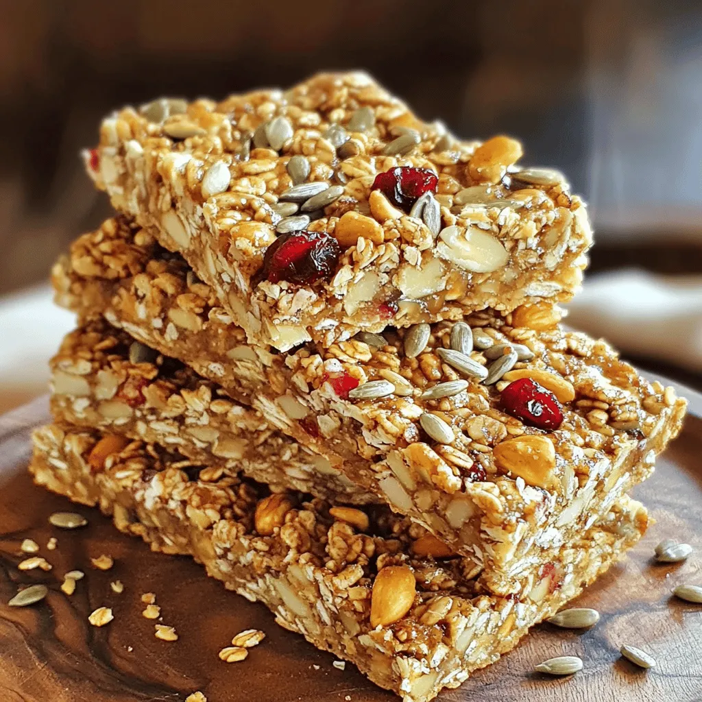 To make these tasty nutty granola bars, gather the following ingredients: - 2 cups rolled oats - 1/2 cup almond butter - 1/4 cup honey or maple syrup - 1/2 cup mixed nuts (almonds, walnuts, pecans) - 1/4 cup pumpkin seeds - 1/4 cup sunflower seeds - 1/2 cup dried fruits (cranberries, raisins) - 1/2 teaspoon ground cinnamon - 1/4 teaspoon sea salt - 1 teaspoon pure vanilla extract These ingredients create a great balance of taste and nutrition. The oats provide fiber, while nuts and seeds add protein and healthy fats. Honey or maple syrup gives the bars sweetness and helps bind everything together. You can customize your granola bars by adding optional ingredients: - Chocolate chips - Coconut flakes - Chia seeds These add-ins let you play with flavors. Chocolate chips make the bars sweeter, while coconut adds a tropical twist. Chia seeds boost nutrition and add texture. Each bar has about 150 calories. The bars are rich in nutrients. They have a good mix of carbs, protein, and fat. Health benefits of ingredients: - Oats: Great for heart health. They lower cholesterol. - Nuts: Packed with protein. They help keep you full. - Seeds: Full of vitamins and minerals. They support overall health. - Dried fruits: They add natural sweetness and fiber. For the full recipe, check out the detailed cooking instructions. Start by preheating your oven to 350°F (175°C). This temperature helps the bars cook evenly. Next, grab an 8-inch square baking dish. Line it with parchment paper, so the bars lift out easily later. In a large mixing bowl, combine 2 cups of rolled oats with 1/2 cup of chopped mixed nuts. You can use almonds, walnuts, or pecans. Then, mix in 1/4 cup each of pumpkin seeds and sunflower seeds. Add 1/2 cup of dried fruits like cranberries or raisins. Finally, sprinkle in 1/2 teaspoon of ground cinnamon and 1/4 teaspoon of sea salt. Stir well to blend all the dry ingredients. In a small saucepan, melt 1/2 cup of almond butter and 1/4 cup of honey over low heat. Stir until the mixture is smooth. Once melted, take it off the heat and mix in 1 teaspoon of pure vanilla extract. This extra flavor makes a big difference! Pour the warm almond butter mixture over the dry ingredients in your bowl. Mix everything well, so each piece gets coated. This step is key for tasty bars! Carefully transfer your mixture into the lined baking dish. Press it down firmly and evenly. This helps the bars hold together. Bake in your preheated oven for 20-25 minutes. Watch for the edges to turn golden brown. Check often to avoid burning. After baking, let the granola cool in the pan for about 10-15 minutes. Then, use the overhanging parchment to lift it out. Place it on a cutting board and let it cool completely. Once cool, slice it into bars of your preferred size. For best results, store these delicious homemade granola bars in an airtight container at room temperature for up to a week. Enjoy your Nutty Granola Bars as a healthy snack! For the full recipe, check above. To make your nutty granola bars just right, press the mixture down firmly in the pan. This step helps the bars stay together after baking. If they feel loose, they may crumble when you cut them. If you want a softer bar, reduce the baking time by a few minutes. Keep an eye on them; golden edges mean they are ready! You can boost the flavor of your granola bars by adding spices. Try nutmeg or ginger for a warm kick. You can also experiment with different nut butters. Almond, peanut, or cashew butter will change the taste and texture. This way, you can create a unique version each time. For a beautiful display, stack the granola bars on a wooden board. This adds a rustic look. You can even sprinkle extra nuts or seeds on top for a bit of flair. If you want to give them as gifts, wrap them in colorful paper or place them in a nice box. This makes your homemade treat even more special. {{image_4}} You can easily change the taste of your nutty granola bars. For a rich, sweet twist, try making chocolate nut granola bars. Just add chocolate chips to the mix before baking. This will give you a delicious and sweet treat that satisfies your cravings. Another fun option is tropical fruit and nut bars. Add dried pineapple, mango, or coconut to your bars. These fruits will transport you to a sunny beach with each bite. If you need gluten-free options, you can swap regular oats for gluten-free oats. This simple change keeps your bars tasty and safe for those with gluten issues. For vegan substitutions, replace honey with maple syrup or agave nectar. This keeps the sweetness while making the bars vegan-friendly. As the seasons change, so can your granola bars. For fall, try adding pumpkin spice to your mix. Just a little cinnamon, nutmeg, and pumpkin puree will warm your heart during chilly days. In summer, go for a fruity version with cranberries and apricots. These dried fruits add a burst of flavor that brightens your snack. You can find many combinations to keep your nutty granola bars exciting and fresh. To keep your nutty granola bars fresh, store them in airtight containers. This helps lock in moisture and flavor. You can also freeze these bars for longer storage. Wrap each bar in plastic wrap, then place them in a freezer-safe bag. They will last several months in the freezer. When stored at room temperature, these bars stay fresh for up to a week. Keep them in a cool, dry place away from sunlight. If you choose to refrigerate them, they can last for two weeks. Refrigeration helps maintain freshness, especially if your kitchen is warm. Over time, granola bars can become stale. If they feel soft or chewy instead of firm, they may be past their prime. To revive old granola bars, you can bake them briefly at 300°F (150°C) for about 5-10 minutes. This can help restore some crunch. Enjoy these delicious snacks while they are fresh and tasty! Homemade granola bars can last up to a week at room temperature. If you keep them in an airtight container, they stay fresh longer. You can also freeze them for up to three months. Just remember to thaw before enjoying! Yes, you can customize the nuts in this recipe! Feel free to swap in your favorites. Almonds, walnuts, and pecans work great, but you can also use cashews or hazelnuts. Just chop them up and mix them in. It lets you create your own tasty blend. These granola bars are quite healthy! They pack in fiber from oats and healthy fats from nuts. Almond butter adds protein, while dried fruits give natural sweetness. This snack is a great choice for energy and nutrition. Plus, it keeps you full longer. To make these granola bars gluten-free, simply use gluten-free oats. Most oats are safe, but check the label to be sure. All other ingredients in the recipe are naturally gluten-free as well. This way, everyone can enjoy them without worry. You can serve granola bars in many fun ways! Pair them with yogurt for a great breakfast or snack. They also go well with fresh fruit or a glass of milk. You can even crumble them over ice cream for a treat. Enjoy exploring different combinations! In this post, you learned how to make nutty granola bars packed with healthy ingredients. We covered all the main components, from oats and nuts to tasty add-ins. You now have clear steps for preparing, baking, and storing these bars, plus tips for flavor and presentation. Making your own snacks is rewarding. Try different flavors and share them with friends! Enjoy your homemade treats, and keep experimenting with new ingredients!