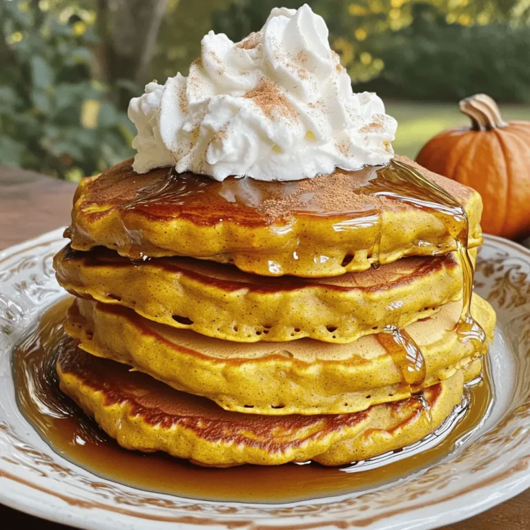 - 1 cup all-purpose flour - 1 tablespoon baking powder - 1 tablespoon pumpkin pie spice - ½ teaspoon salt - 1 tablespoon brown sugar - 1 cup milk (dairy or non-dairy) - 1 cup canned pumpkin puree - 1 large egg - 2 tablespoons vegetable oil - 1 teaspoon vanilla extract - Optional toppings: maple syrup, whipped cream Gather these ingredients before you start. Each one plays a key role in making your pumpkin spice pancakes fluffy and tasty. The all-purpose flour gives structure. The baking powder helps them rise and become light. Pumpkin pie spice adds warmth and flavor. Salt enhances the taste and balances the sweetness from the brown sugar. You'll use milk to create a smooth batter. Canned pumpkin puree brings moisture and a delicious pumpkin flavor. The egg helps bind everything together, while vegetable oil keeps the pancakes tender. Vanilla extract adds a sweet aroma. Feel free to top your pancakes with maple syrup or whipped cream for extra yumminess. These simple ingredients come together to create a delightful breakfast. You can find the full recipe with cooking steps and tips in the article. In a large bowl, I whisk together the dry ingredients. First, I add 1 cup of all-purpose flour. Then, I mix in 1 tablespoon of baking powder, 1 tablespoon of pumpkin pie spice, ½ teaspoon of salt, and 1 tablespoon of brown sugar. This step is key. It helps distribute the flavors and leavening agents evenly. Next, I focus on the wet ingredients. In a separate bowl, I blend 1 cup of milk, 1 cup of canned pumpkin puree, 1 large egg, 2 tablespoons of vegetable oil, and 1 teaspoon of vanilla extract. I whisk until smooth. This mixture adds moisture and richness to the pancakes. Now comes the fun part! I gently pour the wet mixture into the dry ingredients. I stir with a spatula until just combined. It’s okay if a few lumps remain. Overmixing can make the pancakes tough, and I want them light and fluffy! I preheat my non-stick skillet over medium heat. I lightly grease it with a little oil to prevent sticking. I pour about ¼ cup of batter for each pancake. I watch for bubbles forming on the surface. When this happens, I know it’s time to flip. I cook for about 3 to 4 minutes on one side, then gently flip and cook for 2 to 3 more minutes until golden brown. Enjoy this delightful recipe! Check the [Full Recipe] for more details. To make your pancakes fluffy, avoid overmixing the batter. Mix just until combined. A few small lumps are fine. Overmixing turns pancakes dense and tough. Fluffiness is key to a great pancake! Keep your skillet at medium heat. This setting ensures even cooking. If the heat is too high, pancakes can burn. If the heat is too low, they may not cook through. A good test is to sprinkle a few drops of water on the skillet. If they dance and evaporate, you’re ready to cook! Presentation makes your pancakes even more inviting. Serve them on a warm plate. A light dusting of cinnamon adds warmth. For a festive touch, add slivers of fresh pumpkin on top. You can also sprinkle toasted pecans for extra crunch. These touches make your pancakes look as good as they taste! {{image_4}} You can make these pancakes gluten-free with a simple swap. Use a gluten-free flour blend instead of all-purpose flour. Look for a blend that has xanthan gum, as this helps mimic the texture of traditional flour. Mix the gluten-free flour with the other dry ingredients just like the original recipe. Make sure to check the label for any added sugar or salt. To create vegan pumpkin spice pancakes, replace the egg and milk. Use a flaxseed meal mixed with water as an egg substitute. Mix one tablespoon of flaxseed meal with two and a half tablespoons of water, and let it sit for a few minutes until it thickens. For milk, choose almond milk, soy milk, or any plant-based milk you prefer. This keeps the pancakes fluffy and moist. Looking to jazz up your pancakes? Consider adding chocolate chips or nuts. Fold in half a cup of chocolate chips for a sweet treat. If you prefer nuts, walnuts or pecans add a nice crunch. Add these ingredients to the batter right before cooking. This gives your pancakes a fun twist and lets you customize them to your taste. For the [Full Recipe], follow the steps above and enjoy making these delicious pancakes! After you make pumpkin spice pancakes, let them cool. Place any leftovers in an airtight container. You can keep them in the fridge for up to three days. To enjoy them later, just warm them up. This keeps them soft and tasty. If you want to save pancakes for later, freezing works great. Stack the pancakes with parchment paper between each one. Then, place them in a freezer-safe bag or container. They will stay fresh for up to three months. When you want some, just take out as many as you need. To reheat pancakes, use a few methods. The microwave is quick. Heat them for 20 to 30 seconds. For a crispy finish, use a skillet. Warm the skillet on low. Add the pancakes and heat for about 1 to 2 minutes on each side. This keeps them fluffy and delicious. To make your pancakes fluffier, add more baking powder. You can also use buttermilk instead of regular milk. Buttermilk gives a nice rise and adds a tangy flavor. Just remember, too much baking powder can make them taste bitter. Aim for one tablespoon of baking powder for perfect lightness. Yes, you can use fresh pumpkin. However, it takes more time to prepare. You need to cook and puree the pumpkin first. Fresh pumpkin has a different texture and may not be as smooth as canned. This can change how your pancakes feel. Canned pumpkin is convenient and gives consistent results. You can use several non-dairy milk options. Almond milk, soy milk, or oat milk work well. Each has a unique flavor. Almond milk adds a nutty taste, while soy milk is creamy. Choose what you like best. Just keep in mind that some non-dairy milks might change the pancake's texture a little. For the full recipe, check out the details above. This blog post covered everything you need for making delicious pumpkin spice pancakes. We discussed the ingredients, step-by-step instructions, and great tips for cooking. We also explored variations for gluten-free and vegan diets. Plus, we shared storage info and answered common questions. Now you have all the tools to enjoy fluffy pancakes any time. Remember, cooking should be fun. Experiment with flavors and enjoy your meals!