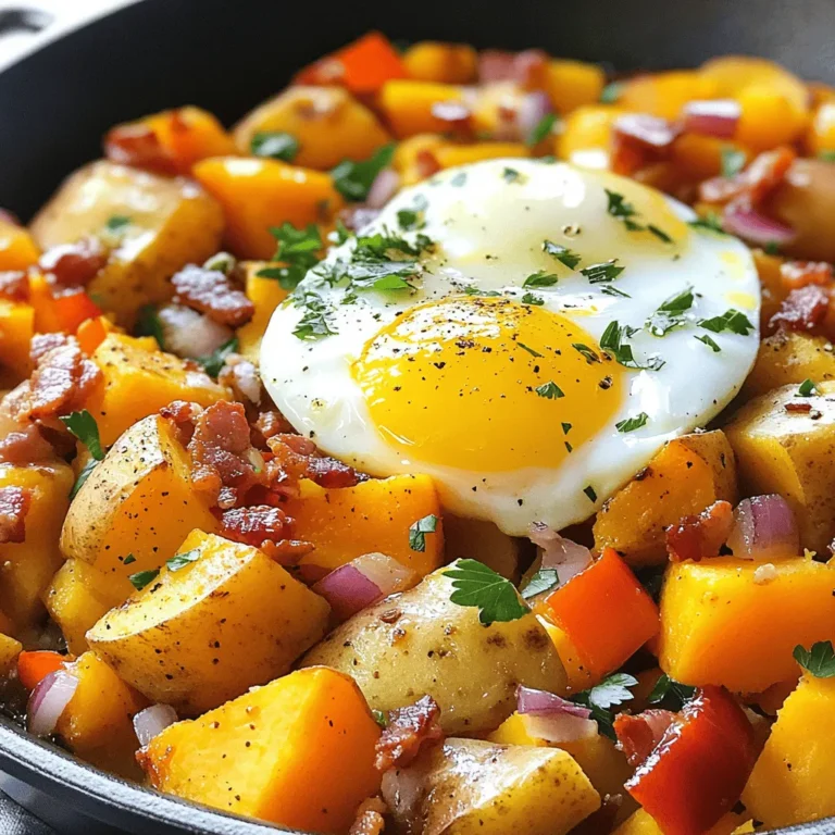 To make a tasty Savory Breakfast Hash, gather these key ingredients: - 2 medium russet potatoes, peeled and diced into small cubes - 1 small sweet potato, peeled and diced - 1 bell pepper (red, green, or yellow), chopped into bite-sized pieces - 1 small red onion, finely diced - 2 cloves of garlic, minced - 3 slices of bacon, chopped into small pieces (you can use turkey bacon for a leaner choice) - 4 large eggs - 1 teaspoon smoked paprika - Salt and freshly ground black pepper, to taste - Fresh parsley, finely chopped (for garnish) - Olive oil, for frying If you want to make this hash vegetarian, skip the bacon. You can add mushrooms or tempeh instead. For gluten-free needs, this recipe is already gluten-free! Just ensure your bacon is gluten-free. To boost the flavor, use these seasonings: - Smoked paprika adds a warm, smoky taste. - Salt and black pepper enhance all the flavors. - Fresh parsley gives a bright finish. To balance flavors, taste as you cook. If it feels bland, add a pinch of salt or extra seasoning. Enjoy experimenting with flavors to find what you like best! If you want more ideas, check the full recipe. To make your savory breakfast hash, start with preparing the ingredients. First, peel and dice the russet and sweet potatoes into small cubes. This helps them cook evenly. Chop the bell pepper and dice the red onion finely. Mince the garlic cloves and chop the bacon into small pieces. In a large skillet, heat 1 tablespoon of olive oil over medium heat. Add the chopped bacon. Cook for about 4-5 minutes, stirring often. You want it crispy and golden. Once done, take the bacon out and let it drain on a paper towel. Keep that tasty fat in the pan for flavor. Next, add the diced potatoes to the skillet. Season with salt, black pepper, and smoked paprika. Sauté for 8-10 minutes. Stir occasionally until the potatoes are golden and softening. Add the chopped onion, bell pepper, and garlic. Cook for another 5-7 minutes. Mix until the veggies are tender and the potatoes are fully cooked. To prevent sticking, make sure to stir often and adjust the heat as needed. If things start to brown too quickly, lower the heat. Now it’s time for the eggs! You can cook them sunny-side up or over-easy. Once the hash is ready, push it to one side of the skillet. Crack the eggs into the empty space. Cook the eggs until the whites are set. For sunny-side up, it takes about 2-4 minutes. If you prefer over-easy, gently flip them after the whites are firm. Timing is key here. Keep an eye on the yolks. You want them runny but not raw. When the eggs are done, sprinkle the crispy bacon back into the skillet. Gently fold everything together. Taste and adjust the seasoning if needed. For a complete meal, don’t forget to check out the Full Recipe. You can serve the hash in individual plates with the egg on top. A sprinkle of parsley adds a nice touch too! To make the potatoes perfect, choose the right size. Dice them small and even. This helps them cook quicker and more evenly. After you add them to the skillet, let them sit for a bit before stirring. This way, they can get that nice brown color. For crispiness in bacon alternatives, try using turkey bacon. Cook it in the same way as regular bacon. Keep it moving in the pan to avoid burning. You can also use a bit of oil to help it crisp up nicely. You can add your favorite veggies for a personal touch. Think about adding spinach, mushrooms, or zucchini. These add color and flavor. For meats, consider swapping bacon for sausage or ham. Each option gives a new taste to your hash. When using seasonal ingredients, let them guide your choices. In summer, add fresh tomatoes and corn. In fall, try sweet potatoes or butternut squash. This keeps your breakfast hash fresh and exciting. {{image_4}} To create a tasty vegetarian version of savory breakfast hash, you can swap out the bacon for hearty ingredients. Here are some ideas: - Ingredients: - 2 medium russet potatoes, peeled and diced into small cubes - 1 small sweet potato, peeled and diced - 1 bell pepper, chopped - 1 small red onion, finely diced - 2 cloves of garlic, minced - 1 cup of black beans or chickpeas - 4 large eggs (or tofu for a vegan option) - 1 teaspoon smoked paprika - Salt and black pepper, to taste - Olive oil, for frying - Fresh spinach or kale, for added greens Start by cooking the potatoes in a skillet with olive oil. After about ten minutes, add the onions, bell pepper, and garlic. When the veggies are tender, mix in black beans or chickpeas for protein. If using tofu, scramble it in after the veggies are cooked. Season with smoked paprika, salt, and pepper for flavor. You can give your breakfast hash a global flair with simple swaps. Here are a few ideas: - Mexican Twist: - Use chorizo or soy chorizo for spice. - Add diced tomatoes and corn. - Serve with avocado and salsa on top. - Mediterranean Twist: - Incorporate feta cheese and kalamata olives. - Use zucchini and eggplant along with potatoes. - Season with oregano and serve with tzatziki. For each twist, adjust the ingredients to match your taste. These flavors can make your breakfast unique and exciting. Get creative and enjoy different cultures on your plate! You can find the full recipe in the recipe section. To keep your savory breakfast hash fresh, store it in an airtight container. This helps seal in flavors and moisture. Place it in the fridge if you plan to eat it within four days. For longer storage, you can freeze it. Use freezer-safe containers or bags. Make sure to remove as much air as possible before sealing. This prevents freezer burn and keeps the hash tasty. Here are some tips to maintain freshness: - Allow the hash to cool before storing. - Separate eggs if possible, as they may change texture when frozen. - Label containers with the date so you know when to use them. When it’s time to enjoy your breakfast hash again, reheat it carefully. You want to keep the texture just right. The best method is to use a skillet. Heat on low to medium heat. Stir occasionally to ensure even warming. This usually takes about 5 to 10 minutes. You can also use a microwave. Place the hash in a microwave-safe dish. Cover it with a damp paper towel to keep it moist. Heat in short bursts, about 1 to 2 minutes at a time. Check often to avoid overheating. For perfectly reheated servings, remember these tips: - Add a splash of olive oil or water to keep it moist. - If the eggs are in the hash, be careful. Reheat them gently to avoid toughness. - Taste and adjust seasoning, as flavors may fade during storage. With these storage and reheating tips, your savory breakfast hash stays delicious and ready for any morning. Enjoy every bite! What types of potatoes are best for hash? I love using russet and sweet potatoes for my hash. Russet potatoes are starchy, making them crispy on the outside. Sweet potatoes add a nice sweetness and a pop of color. You can also try Yukon golds for their creamy texture. Experiment with different types to find your perfect mix. Can I make this dish ahead of time? Yes, you can make this dish ahead of time! Cook the hash and store it in the fridge. Just reheat it on the stovetop when you're ready to eat. If you want fresh eggs, cook those separately when serving. This way, you get a hot meal without much fuss. How to fix common issues (e.g., soggy potatoes)? If your potatoes turn out soggy, try these tips. First, make sure to dice them small so they cook evenly. Also, avoid overcrowding the pan. If they still get soggy, increase the heat to crisp them up. Let them sit for a bit without stirring. This helps them brown nicely. What to do if the eggs overcook? If your eggs overcook, don’t worry! You can still enjoy the dish. If they turn hard, add a little butter or cream when you reheat. This can help soften their texture. Next time, keep a close eye on the eggs. Cook them on low heat for better control. This blog covered how to create a savory breakfast hash. We explored key ingredients, cooking methods, and flavor tips. You can make it vegetarian and try global twists for variety. Proper storage and reheating keep your leftovers fresh. Use these ideas to customize your hash. Enjoy experimenting with flavors and find what you love. Have fun in the kitchen!