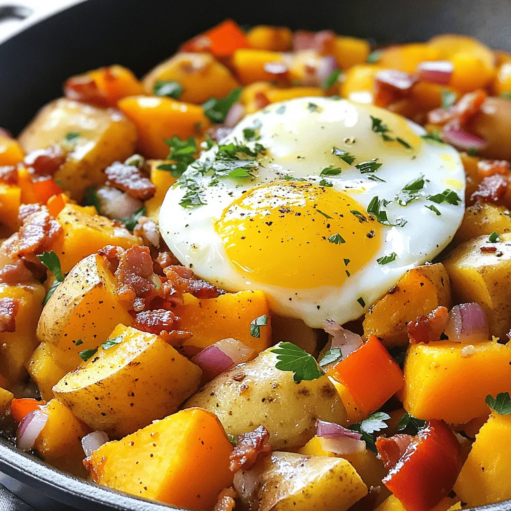 To make a tasty Savory Breakfast Hash, gather these key ingredients: - 2 medium russet potatoes, peeled and diced into small cubes - 1 small sweet potato, peeled and diced - 1 bell pepper (red, green, or yellow), chopped into bite-sized pieces - 1 small red onion, finely diced - 2 cloves of garlic, minced - 3 slices of bacon, chopped into small pieces (you can use turkey bacon for a leaner choice) - 4 large eggs - 1 teaspoon smoked paprika - Salt and freshly ground black pepper, to taste - Fresh parsley, finely chopped (for garnish) - Olive oil, for frying If you want to make this hash vegetarian, skip the bacon. You can add mushrooms or tempeh instead. For gluten-free needs, this recipe is already gluten-free! Just ensure your bacon is gluten-free. To boost the flavor, use these seasonings: - Smoked paprika adds a warm, smoky taste. - Salt and black pepper enhance all the flavors. - Fresh parsley gives a bright finish. To balance flavors, taste as you cook. If it feels bland, add a pinch of salt or extra seasoning. Enjoy experimenting with flavors to find what you like best! If you want more ideas, check the full recipe. To make your savory breakfast hash, start with preparing the ingredients. First, peel and dice the russet and sweet potatoes into small cubes. This helps them cook evenly. Chop the bell pepper and dice the red onion finely. Mince the garlic cloves and chop the bacon into small pieces. In a large skillet, heat 1 tablespoon of olive oil over medium heat. Add the chopped bacon. Cook for about 4-5 minutes, stirring often. You want it crispy and golden. Once done, take the bacon out and let it drain on a paper towel. Keep that tasty fat in the pan for flavor. Next, add the diced potatoes to the skillet. Season with salt, black pepper, and smoked paprika. Sauté for 8-10 minutes. Stir occasionally until the potatoes are golden and softening. Add the chopped onion, bell pepper, and garlic. Cook for another 5-7 minutes. Mix until the veggies are tender and the potatoes are fully cooked. To prevent sticking, make sure to stir often and adjust the heat as needed. If things start to brown too quickly, lower the heat. Now it’s time for the eggs! You can cook them sunny-side up or over-easy. Once the hash is ready, push it to one side of the skillet. Crack the eggs into the empty space. Cook the eggs until the whites are set. For sunny-side up, it takes about 2-4 minutes. If you prefer over-easy, gently flip them after the whites are firm. Timing is key here. Keep an eye on the yolks. You want them runny but not raw. When the eggs are done, sprinkle the crispy bacon back into the skillet. Gently fold everything together. Taste and adjust the seasoning if needed. For a complete meal, don’t forget to check out the Full Recipe. You can serve the hash in individual plates with the egg on top. A sprinkle of parsley adds a nice touch too! To make the potatoes perfect, choose the right size. Dice them small and even. This helps them cook quicker and more evenly. After you add them to the skillet, let them sit for a bit before stirring. This way, they can get that nice brown color. For crispiness in bacon alternatives, try using turkey bacon. Cook it in the same way as regular bacon. Keep it moving in the pan to avoid burning. You can also use a bit of oil to help it crisp up nicely. You can add your favorite veggies for a personal touch. Think about adding spinach, mushrooms, or zucchini. These add color and flavor. For meats, consider swapping bacon for sausage or ham. Each option gives a new taste to your hash. When using seasonal ingredients, let them guide your choices. In summer, add fresh tomatoes and corn. In fall, try sweet potatoes or butternut squash. This keeps your breakfast hash fresh and exciting. {{image_4}} To create a tasty vegetarian version of savory breakfast hash, you can swap out the bacon for hearty ingredients. Here are some ideas: - Ingredients: - 2 medium russet potatoes, peeled and diced into small cubes - 1 small sweet potato, peeled and diced - 1 bell pepper, chopped - 1 small red onion, finely diced - 2 cloves of garlic, minced - 1 cup of black beans or chickpeas - 4 large eggs (or tofu for a vegan option) - 1 teaspoon smoked paprika - Salt and black pepper, to taste - Olive oil, for frying - Fresh spinach or kale, for added greens Start by cooking the potatoes in a skillet with olive oil. After about ten minutes, add the onions, bell pepper, and garlic. When the veggies are tender, mix in black beans or chickpeas for protein. If using tofu, scramble it in after the veggies are cooked. Season with smoked paprika, salt, and pepper for flavor. You can give your breakfast hash a global flair with simple swaps. Here are a few ideas: - Mexican Twist: - Use chorizo or soy chorizo for spice. - Add diced tomatoes and corn. - Serve with avocado and salsa on top. - Mediterranean Twist: - Incorporate feta cheese and kalamata olives. - Use zucchini and eggplant along with potatoes. - Season with oregano and serve with tzatziki. For each twist, adjust the ingredients to match your taste. These flavors can make your breakfast unique and exciting. Get creative and enjoy different cultures on your plate! You can find the full recipe in the recipe section. To keep your savory breakfast hash fresh, store it in an airtight container. This helps seal in flavors and moisture. Place it in the fridge if you plan to eat it within four days. For longer storage, you can freeze it. Use freezer-safe containers or bags. Make sure to remove as much air as possible before sealing. This prevents freezer burn and keeps the hash tasty. Here are some tips to maintain freshness: - Allow the hash to cool before storing. - Separate eggs if possible, as they may change texture when frozen. - Label containers with the date so you know when to use them. When it’s time to enjoy your breakfast hash again, reheat it carefully. You want to keep the texture just right. The best method is to use a skillet. Heat on low to medium heat. Stir occasionally to ensure even warming. This usually takes about 5 to 10 minutes. You can also use a microwave. Place the hash in a microwave-safe dish. Cover it with a damp paper towel to keep it moist. Heat in short bursts, about 1 to 2 minutes at a time. Check often to avoid overheating. For perfectly reheated servings, remember these tips: - Add a splash of olive oil or water to keep it moist. - If the eggs are in the hash, be careful. Reheat them gently to avoid toughness. - Taste and adjust seasoning, as flavors may fade during storage. With these storage and reheating tips, your savory breakfast hash stays delicious and ready for any morning. Enjoy every bite! What types of potatoes are best for hash? I love using russet and sweet potatoes for my hash. Russet potatoes are starchy, making them crispy on the outside. Sweet potatoes add a nice sweetness and a pop of color. You can also try Yukon golds for their creamy texture. Experiment with different types to find your perfect mix. Can I make this dish ahead of time? Yes, you can make this dish ahead of time! Cook the hash and store it in the fridge. Just reheat it on the stovetop when you're ready to eat. If you want fresh eggs, cook those separately when serving. This way, you get a hot meal without much fuss. How to fix common issues (e.g., soggy potatoes)? If your potatoes turn out soggy, try these tips. First, make sure to dice them small so they cook evenly. Also, avoid overcrowding the pan. If they still get soggy, increase the heat to crisp them up. Let them sit for a bit without stirring. This helps them brown nicely. What to do if the eggs overcook? If your eggs overcook, don’t worry! You can still enjoy the dish. If they turn hard, add a little butter or cream when you reheat. This can help soften their texture. Next time, keep a close eye on the eggs. Cook them on low heat for better control. This blog covered how to create a savory breakfast hash. We explored key ingredients, cooking methods, and flavor tips. You can make it vegetarian and try global twists for variety. Proper storage and reheating keep your leftovers fresh. Use these ideas to customize your hash. Enjoy experimenting with flavors and find what you love. Have fun in the kitchen!